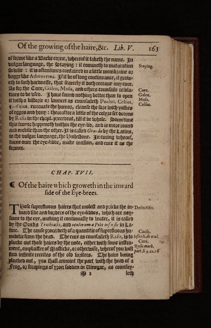          =——_ . SS SSS OOS Sn ee of formic like a Warlic coone, thereof it taketh the name. Bit bulgarlanguage, the Staying: tt Comineth fo maturation fistulie + itis oftentimes contained in alittle membeaine 2 baggelike Atheorema. ¥fit be oflong continuance, it evoty- eth tofuch bardnelle, that (carcely it noth receaue any cure, As fo2 the Cure, Galen, Mula, andothers counfatle refola- fiues tobe vied. 3 baue found nothing better than to Oper €-tius, cuacuate the huunoz, cleante the (o2e inith yolkes Ofegaesand bony : thereafter a little of the colpee fet none    163 Staying. Cure. Galen, Mufa, Cellus. fhis fuwe2 bappencth {within the epe-lip, and is moe round anid mobile than the other. if ts called Grado by the Latins, mi the bulgarlanauace, the Dallettone. Ancuring luberof, turneouer thecpe-itdne, make ineifion, and cure if ae the fooier. :  CHAP. XVTI. fidé of the Eye-brees. inard fide and bozders ofthe epesdiddes, tubich are ney- fome fo theepe, making if continually fo tuater, tt ts called by the Orecks Trichiafis, and ccxlorum a Peis infu fro wae Caule. 