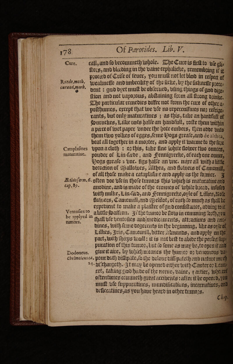 nn aetna Ie ee Do en Cwe. call, andfobeconmneth whole. Whe Curets firtk ta) pie aliz fiers, and blading tn the vatne tephalicke, remembeing if if proceed of Crife of fener, pouniuti notlet blond in refpert of weakuetle andunbecility of the ticke, by the fickneffe prere. pent : god dyet mutt be obierued, bling things of god diges ftion and net bapozous, abiatning from all ftiong dink, ache parficular remedies difter not trom the cure of other a, potthumes, except that we bie no repercuitines noz refriges rants, but only maturafines ; as this, take an handfull of Ssuruckes, Willie rots halle an handfull, vote them within apeceof {net paper Onder the pote embers, then adne onte thenitino poikes ofeques, (cme ipogs areatc,anddealthea, ¥ heat all together tn amozter, and apply tt warme to the fag Cataplafnes Ypoacloth : ofthis, take fine white flotwer tivo ounces, maturatiue. pouder of iintede, and Jfenniguecke, ofeach one ounce, | Hons areale 2 bne. figs halie an vine. mire ail withalitte pecodionof Wallotecs, “ithea, and fisivers of Camomile ofallthote makea cafaplafine and apply asthe foxmmer, Fy often doe bien thofe tumozs this witch is maturativeand Aldine, AND igmade ofthe cromes of twhiie bean, infuley fuifh milke, Lined, and sfonniarecke opie of Willies oie | fisiuers, Camonill,and speltlot, of each io muchas hallie expebtent fo tnake a plauter of cadconffance, adving fol ae VentofiestO alittic ation. 4i the Caine: be fol in conuning ig2th, pea Rowdo.meth, curaad,morb, @ Bitinis (erm. 6. ap. 89. poe » {hall bfe tentefies anbimedicaments, attraciues and anes buies, tuith icme deqerents in the beating, likeasoyiesay Lilhes, Jrts, Camomill, bitter Ahnonds, andapply onthe part, with iheps toatl: tt is not beft to abine the period apa puration of this tumo2, but (2 fone as may be, fe open ita Dodoneus. gtuettalre, bp tohichimcanes the humoz o2 venomous Daan Chelmeteusca, pourdsth nifipate,fo ihe golour ail pateth and nature meee 24. nitcharneth. 3 t niay be opench either tuith Cantero2 1 guna cef, faking smd bude of the nerue, baine, eartter, ecole oftentimes conimeth qreatacctuents ; affer if be opened, Me 1 | mull bic fuppuratincs, mundificatiues, incarnatines, aay Deficcatiucs,as pou hauc heard in ather tumors, |  