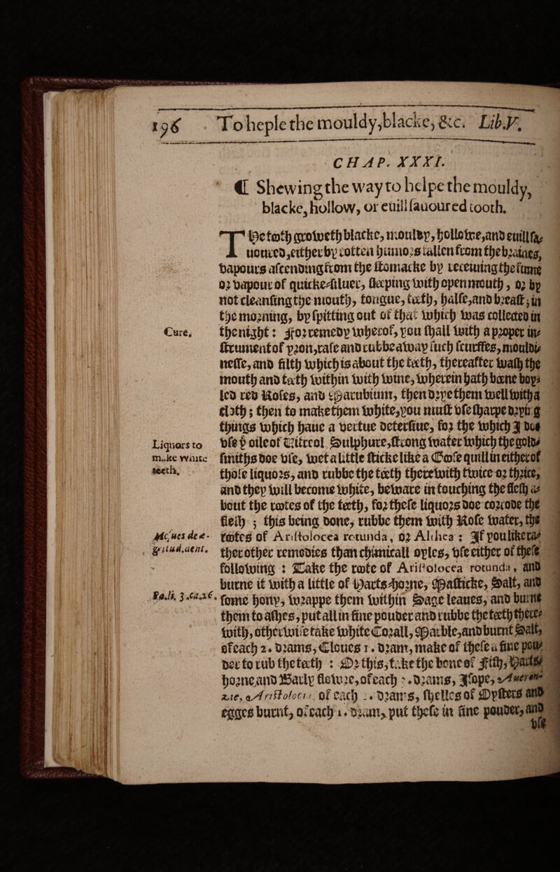                                      _- NIA et I EET Cure, Liquors to m.uke wate rectly, Mcnes de e- NO GENET SIC fg IE ETT EE A  I Fn nnn natn CHAP. XXXII. @ Shewing the way to helpe the mouldy, -blacke, hollow, or euillfauoured tooth, ~ etoth qrowweth blacke, moulsy, hollome,and enill fa, poNed,citherby cottest puno2s ‘alien trom thebatigs, bapours afcendmigicom the ftomacke by recewmtagthe fume o2 bapourof quicke-filuer, Haping with cpennrouth , 0 bp not cleanfing tye mouth, tongue, twth, halle,and beat, in tye mozning, by {pitting out of that inbich was collecen in thenight : sfozremedy inberof, you fhall toith a proper ine ftrumentof pon,rafeandcubbeatway iuch (curftes, mouloy nefle, and filth whichis about the fath, thereafter tuath the mouth and tath within with tone, therein bath bane boys lcd rev Roles, and eacubiunr, then dzyethem tell witha glath ; then to maketyem inhite, you null ofetharpenynrg - thiitts which haue a vertue deferfiuc, fo2 the which F doe ple} otleof Titrcol. Sulpbure,fiiong tater tubich thegotss finiths doe bic, tet alittle tickeltkea Coie quillineitherot thofe liquo2s, and rubbe the fath theretwith ftnwe 02 thace, and they twill become tuhite, beware infouching the fiehh bout the rates of the teeth, fo2thele liquozs doc cozcode the fleih ; this being done, rubbe thet toith Kole tuater, he tafes of Ariftolocea rotunda, 92 Althea: 3f poultkem = therother remedies than chanicall opies, pfecither of thee followuing : Sake the rote of Aritfolocea rotunda, ag | burne if with a little of Parts-yome; Mpatticke, Salt, av fome hory, tuzappe them {within Sane leaues, and burne them to athes, putallin fine pouderandrubbe the tecth thetee (with, othevintie take white Cozall, arble,andburnt Balt, efcach 2. dams, Cloucs 1. Dany, make of thelea fine pews | pertorubthetath : D2thisstakethe bounce! sith; ae hone and Warly fleturc, ofeach &gt;. Draris, Flope, 7c zie, aA riftoloce:, of cach 2. dam's, Thelles of Dpiters ane