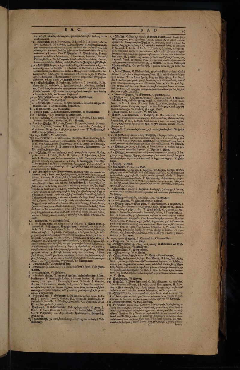 BAC tie. ni9¢Q-, ab asdo, i. ferueo.caleo, quoniam dhe'zup@> # yebr1¢, i.cali- da eft itmentus. ‘éro, P.Bacharél. H.Bachilér, L, Baccalaureus, ci, vel Bacgalarius, ij> - 5 > = - yh) . quia olim coronabantur baccalaures lauvo cum baccis eis. vel potins quia tum primum preco Academia Bedellus ipfis aureum baculum exhibébat cm ad com gradus in profeflione Scientiarum, eft Baccaldurei ; Secundus, Licentiari; Vitimus, Dolor. The fir/? degreein Schooles is Bacheler of Arts the next, Licentiate,or Mafter of Arts ; the laf?, Doftor.Br. Jengw2 o gelfpdopd, By AD a5 732 Waco. G.Bacén,a Flandy: Waecken-bleelch,idem. Fortes bara” Ben, i.coquere, quia fifpendendo Fumo ita dridum eft, vt videtdr codkum, — q Macrob: It may come from Wacken in Low Dutch, which is to bake, ben cawle by hanging in the fmnoke it 1sfo dried that it feemeth baked, as appeareth , byG. Lard. 1. Lérdo, H.Lardo, L, Lardum, Léridum, q. large avi~ dum, very much dried, viz: inthe fmoke. q Macrob: Ifidorus fic appel~ latum exiftimat gued domi repofitumconferuaretur. Veteres enim domos dices bant Lares, H, Tocino. P.Towcino, q. Toftino,¢ To/tum,a Torreo esi, i. to toalt, {corch, or toroaft. #ndéH. Torézno, a rafher of bacon on the coales, propter rationem iamditlam, B.T. Speck, T. etiam delaltzert 22 «WBacheler Knight, adegree wnder aKnight Banneret, and a degree a {chmeinin fleifth, Gr. yo:celee oxtee, i, porcina caro, hogves Acth. Br, : bowe an aia G Bachelicr. H. Bacbilér. P. Bacharél. 1, Baccaldro, Cig hallt, . (ieinne ie 3 L. Baccalarius, five Batalarius, dicitur is Miles, qué tam [emel praliofivebs~ b a flitch of Baton, G. Fliche delard, ¢ Picard: Flique delard, Cofté salia interfuit, collatisfignis, é manumcembofteconfervit. Ita in Palefra _ delard. 1. Mexéna o Mexénadi porce falato. H. la mitdd o lardo del pus literdréa Batalirius few Baccalaureus vocatur + qui publicede arte quapiam erco falado, T.ein feiten Cpeck. Belg: ens fijde fpece, Lat: Succi- difputanit, q Lud: Vines. Vi. tenight Banneret.  dia, x, itadi€t: quod quoties opus ef? fucciditur, vel a fuibes cadendis, nam id 723 aiBachclerthip. G. Bachelage, Bachcleric. I. Baccelleria, P. Ba. pects occidere primsm cceperunt vt id ferwarent falire, q Var: lib. 4. de lings charelado. H. Bachslleria, L, Baccalanreatus, Baccalariats, Batalaria- Lat: ede re ru/?: lib.2c.4. Genns cibi inufiratum apud Indeos vt nomen ieee tus, Coelibatus, the time that ayoong man ss vnmaried. Alfo the Bacheler~ Heb: apd nos. Gr, ruerels, rael evens, proprie conditura qua [ale fit, fal= Z Ship of a Companie, Alfo tie time that aysong Genslemmmafpiresynto bearing —_ fievaya Taexyavea, fale condio, a Bannerinthe field, and Banneret Knighthood, C 4Gémmonof Wacon. Vi. Bammon, &amp; Deftle of porke. 724-1 Wachelers Buttons. Vi. Bolbcups or Goldbnops, 733 Wad, or evill, B. Quysedt,4 gr-xexds,i.malus,ewil,bad. € Mekerke. 724-2 Wachus. Vi. Bacchus, 1. bofes, buis, ab Heb: YYNS baafch, i. abominabile effe, rem foedam 725 to Wack-bite. Flandricé, bachten bijtet, i. mordére atergo. Br, facere. G. Mal. 1. Male. H.P.Mal, Ruin. L. Mdlum, imélus, a,um, Hamabdlenu, Vi. Calummate, Hlaunder, AgavAG-, idem. Gr. xgxcy, Axgxds,i.malus. Heb: AY r2ah,2 yyy b aiback-btting, Vi. 2 Siaunder, roah, i. malum eff. Vi. wicked, Maugkt, Eutll, ¢ atBack-biter, Vi. Calutsniater, Detracos, or Slannderer, b a%Bad fellow, I.Cattiuéllo., Vi. Wicked. 726 toSBatke. Vi.ro Support or Mairitatne, c Badly, B. Qualijcken, T. Walslich, G. Mauvaifemént. I. Mam 727 toput Watke, G.Repoufler, 1. Repulfere, Ripulfare, a Lat: Repul-, . laménte, Maluagiaménte,Scelerataménte. H.Malaménte, Maluadaménte, fare idem. Repéllere, i. retro péllere, Vi.to Repel, Ruynménte, P. fal. L, Male. Gree. ygnis, a ngus, i. malus, impivss 728 to keep: Warke, G.Retenir, Detenir. H. Retenér,Detenér. P.Retér, Heb: yyy berang, aprepofitione yin, &amp; 4 malum, in malo, Hebra~ Detér, 1. Ritenére, Ditenére, L.Retenére, i.retrotenére. Detenére, cx __ifinus promalé. Pcpetee de @&amp; tenere, Gr, UpTE AG , 4 XT, ire, C7 $a) sisteneo. T.Muffhaltened d 2Babdnefle, 1. Cattineria, Cattinéxxa, acattino,,malus, bad. Vi. fics auff, i. de, e halten, i. tenere. ° . kedneffe. b 529 togee WBarke. Vi. to iRecoile, - 734 a Badge, or cognifance. a Belg: Bagghe, i. lapis pretiofus, gemma, 730 toca? Wacke, G. Chaflérarriére, Reiettér. H.Echdratras,q.e- quibus fepenumer6 ornantur eiufmodi infignia, 4. The word Badge feen jicereretrorfum. L. Reijcere,i.retro idcere. Gr. SaoriSeuar, ex w7ds i. meth to come from the Dytch word bagghe, which fignifierb a pretions ftonesa a, ab, co mies, *. pono. dvaBeinreuar, ex aves i. retro, &amp; Barreca y iewell wherewith badges or cognifances are often times adorned. Vi. Branes. i. iacio. I, Ributtdre, B. Bchtermartz-—werpen, Germerpen, T. 735 «Wadaer, or Graie, 7. Balzer, ad bafim fegerens, q. maxime fub ters - Werwerffer:, Winwerffen, ram, pre ceteris animalibus fegerens. Vi. yocke&amp;X rate, 731 the MBacke,sa Fland: bachten, i.reted, pars pofferier corporis, G.dos,, 7 36 4 Badaer, or carrier of corse or like necef[arie pronifion, forte 4 G, ba- q. dors, aLat: 1.Dérfo, Doflo. H. Efpindxo. P. Efpinhaco, 4 fpina Zige, #. Ang: baggage, liggage, the carriage ) an Armie, becaufe hee goeth dorfi. L. Dorfum, quod fit denexum deorfum. q Felt: Tergum, 4 teréndo,, . with his fackes to buy corneas ¢ were with his bag ges and baggage, Vi. ff 0ze aie vehendis oneribus téritur, q Calep: B. den ragahe, Dan: Rig. rager, Der racken, a gr. petvgs,i. fpinadorGi. Grivar@-. Videtur dedutt:a 7 20, Wanlp. Vi. Ward, ae Arabica nucha, 1. {pina dorf. Heb: 33 gabh, a pyy3 gabah, fublimis. 738 Wadnelle. Vi.fub voce Bad, Kit intumeit. Br. tketn. 739 Waaaane, G.Bagige. 1. Bagdelie, H.P.Bagaje, Bagdge. B.1i3as b XP Backberond, or Wackeberend. *Back-tering, (4 terme in our ceaie cues Pecaae: wea Te Bulga..1. Bleia Gi eee Commsn Law) a Saxon word fignifying bearing on the backe, ofbacke and . ferte ab Heb: yin beghedh, 4. ve/Fis,pannus, apparell, cloth. L. Impe- berend, i. bearing. Bratton vfeth ae manifif? theft, which the Ciuilians diménta, drum, ab impediende. T. Bindernutz, ab hinderen, i. impe- sail Furtum manifeftum, i. vbi latro dephebenfins cum furto. i, habens tem fit dire, to let or hinder. Br. Brovog.: Gr. gooria, énera, 4 pega, i.fero,por= ratam fuper (2. 1. Sax: Hand habend, aut Backbérend. 3. haningthething . to. ema ue Abo, i. fuper, Go ola leasoncrares airocksun, ex Sad, indey frollen, either in his hand, or bearing it.on his backe or about him. M,Man~ oo eu 9b. VMS 5 Vafis. wood is his Fore/t Lawes the z.part, noteth it for one of the 4. circumpances, b a IBdggage, or queane. 1, Bagalcia. G. Bagajfe, (ex bagage, t. farcinas or cafes, wherein a Forefter may arrest the body of an offendor againf? Vert or mentum, quia huninfmodi mulieres fequuntur vel comitantur farcinamenta.) Vénilon in the Foref. For by the Affife of the Foreft of Lancafter(faithhe). . Vi. Ooze, Taken with the manner, is when onc is found in the Kings Foret in any of 740 a sang or little facke, Lat: Bulga, idem, Vi. Schell, shefe 4. degrees: foil: Stable Rand (i. t0 take vp his hand as hee were frabled) . 74% acloake Wanae, Vi. Cloakebagge, in Cloake, (which the Saccon terme is Backb érend bearing the Deare on his backe) Blou- die hand, 4 Back-berind theefe, is hee that » taken with the manner ( pro- perly being followed with Hne and Crie) with thofe things hee hath ftellen, whether it be mony, linwers, wollen, or other fPuffe, ina bundle or fardell at his backe. = crates dork. B. Ruggract, Rugahe-been, i. os dorli, the bone of the backe. G.V efchine, oY efpine dudos, 1. Schiéwa,Schinaccio,S chinarze, Spina del doffo. H. Elpinazo, P. Efpinhdco, 2 Ls Spina dorfi, fic dict: propter afperstarem G fimilitudinens quandam cum {pina, Spdndyli feu cra~ tesfpine. Gr.payss, ficdelt: a pom, i, frango, amewe piizis Aver, x} dhaxpivesy ra Subic mien amd Tey Cuariucor 4 4, quod fit g. ruprura dif cermens dexivas partes afinifiris, aut quod propter {pendylorumdiftinétionem ac flettionem rupta effe videatur. q Etym: q Apollodor: Alii tamen Teunis derinant,qued Spondyls parte Superiore fint Ter egy undvor, 5. fpinofe eo afperi. wrbyis. Alchyl: auwnsts, exe privat: &amp; xvii, i, fcabere few {calpere, ita ditt: quod bruta eam ky note, 3. {cabere fen Sealpere non pof~ funt, fed opus fit, vt ab aliofricetur (eu diftringatur, proprie in [olis quadrupe ditas. Heb: —byptcheled. yy ctieh. Br. Hlcxogn cefn, Conrt, to breahe the Mache, T. den rack brechei, die lende bzecherr, 7. lum- bosfrangere. B. Denrugghe b2eken, i.frangeredorfum. G. Eftenér, arenes, 1, thereynes. H. Derrengar,-2 renes, Deflomar. I. Slombare, Srenére, L.Delumbare, alumbis, theloynes. Gr. Srorgta, cx im pri- watGy 809US, i.dorfi pars ta, qua cingimar, totins {pina partivm craffi fjimis mascimi(que vertebris compatta, dick: q.os0guij, quod eaparsoffea fit (oy cxX— carnis, ¢ Apollodor: rené, 1, Srendto, Direndto, Slombato, H, Derréngado, Deflomado., P. Deflombado, Derreado, L. Elumbis, i, fine lumbis. Gr. Locguepy@- ,ab 42, 1. ex, fine, e 3c9vs,i- lumbis. _Retrd. 1. Dierro, Dictro via. G. Derriére, Gr.omSey,éatzw. Dor2ome Sey. T. Dahinden, vvdeng: behinde. Iinderwerts, Hinterfich, Bue-rucke, bombilare, bombum emntere, &amp; pijpe, i. tibia. SHack-prpe, a fack, i. faccus, a facke, &amp; pie, i. tibia. T. Sack-pfeiff, G. Cornemiie, Mu- fette. 1. Ciaramélla, Chiaramélla, Cornamifa, Pifara, 4 Teut: pteiff, i.ti- bia. H. Cornamiifa, g. infrrumentum muficum ex corny aliquam partems confettambhabens, Campdfia. Vndé Letian Sampdgna vocatur. Heetians Gaita, Gay'ta. P. Gay'ta, a gr: yidG@-, i. gaudium, 9.d. infrumentum gaudium &amp; eblettationem afferens anditoribus. Nam apud rufii€os. hoc ine Sirumenti genus in fummo pretio habetur. Odrinho, L. Vtriculus, Tibia vtricularis, quia confiat en tibys @ vere, i. abagge of leather. ¥¢ etizm Afcaula, Gr. doxevaQ-, ab canes, i. vter, is, a barge or bottle of leathery RKcivAasy1.tibia,apipes b toplay vpon a WBagpipe. I. Ciaramell4re, Chiaramellare. c. aBagpiper, Vi.{ubvoce Pipe. 743 «ibagae pudding, of bacge and pudding. B. Weulinek vel Cale iingh,abiniplendo. Vi. Pudding, 744 WDaiecotour, Vi, wWaype colour, 745 to Wate or burke, Vi. to Warke, ; 746, a'Bate, Pen or Poppe for water. Vi. aye or Poppe for water, 747 4 Wate, Pation, orrode fer fips. Hol: Waepe, H. Baya, forté 4 Gras fatds,1, pauses, quod iffe locus refpectw totins maris fit paruus, vel a Baiveo, i. venio, quod eo appellant ac veniant naves. velab Ital: Baddre, Belg: Peps Ben, Ang: to abide or tarte, 1, expectare. 4. locus idéneus, quo te recipias gp vbi ventum fecundum expectes, G, Sein. 1. Séno. L. Sinus, 2 finu humane, Hine forte Baiz, Campania cinitas dick pote/?, « fetus commoditate inxta mae re. Vi. Rove, : 748 Warebervicg. Vi. Werrpe, 749 Iatefalt. B.1Baye-fout, aut 4 G. Sel de Bayonne, viii conficiar. Salt of Bayonne in France, i. Bayefalt. ave ab Hol: 2i8acye, H. Baya. Ange 4 U5Aaie or rode for fLips, i, ftatio nauium, finus maris, 9. eizfmods fal conficitur ex mars. ideo Lat: vocatur Sal marinus, aut Sal Zquorcus. 75° «Batetree, a baccis quas producit, of the berries which it beareth, vel 4 Gr, feos, i, parues,little, quod fitarbor admodineparua ve[pecty alsarum arborum, L. Baccalia, x, abaccis quas preducit. q Plyn: Vi. iLaxgeil. 751 aBatelnindol. Vi. ap-window, 752 OG WBatle (aterme is onr Common Law) properly for the fi SOHiE 3 OF fetting at libertie, of one arreffed. or imprifoned, vpor Action, either Ciusll ox Criminail, vnder furetie taken for his Appearance, ata day and place certainly affigned. Braéton: lib. 3. Tract: 2. cap.8.num.8.9, and commeth of the French word Baillér, i. tradere, to deliuer yp, becanfe he is then delivered tir to the hands of them that binde themftlues for his foorth-comming, M,. Man- chic’