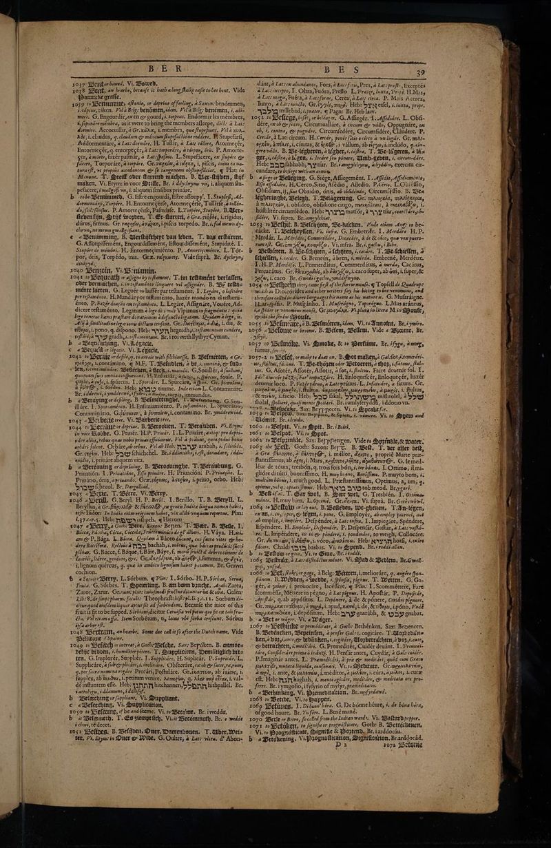 Be ER 31037 Brtitor bowed, Vi. Bowed, qDanarcke gratte, 1039 toMScrirnies 4/Ponie, or deprive of feeling, a Saxon: bendmmen, i. cdprus, taken, Vel a Belg: bendmen, idem. Vela Bele: benemen, i. adi- mere. G, Engourdir, ex en gy gourd, é. torpens. Endormir les mémbres, #.fopordre membra, as it were to bring the members afleepe, dict: 4 Lat: dormire. Accocuillir,4Gr.xa@re, ismembra, que fupefiunt, Vela wr. Ads, i.claudus, 9. clawdum e mdncum fiupefactione reddere, We Stupefarfi, . Addormentare, a Lat: dormire, H, Tullir, a Late téllere, Atormecér, Entormegér,q. entorpe¢ér, 4 Lat: torpordre, 4 torpor, ors. P, Amorte~ ger, 4 morte, fazer palmar, 4 Lat:{pafino. L.Stupefacere, ex fPupere oe facere, Torporare, a torpére, Gr.vegnim, avelox, i, pilcis, cuins ea nan turacft, vt propins accedentem e&amp; (¢ tangentem ob/fupefdciat. q Plat: in Menone. T. Stet over ftarrend machen. B. Wer-fijven, ie maken, Vi. Etym:in voce tiffe, Br. ¢ ddychrynw wi, i, aliquem fu- - pefacere, iwallgoft vn, i. aliquem fenfibus priuare. b tobeBentimmed, G. Eftre engourdi, Eftre afloupy’. 1. Stupirfe, 4d~ dormentar/i, Torpére, H. Entormecérfe, Atormecérfe, Tullirfe ,¢ tollén. do, fcil:fénfus. P. Amortecérfe, Pafmasle. L.Torpére, Stupére, B.Wers Kedenfijn, Stil wogden, T. Er-arrert, 2 Gre. seopds, i.rigidus, durus, firmus, Gr. vegyala, aveioun, i-pilcis torpedo. Br, i, fod mewn dyy- chron, ne mewn gwallyofiant. ¢ aBentimming, BL Werlilthept baw leven. T. vag erftarren, G. Afionpiffemént, Engourdifflemént, Eftourdiffemént, Stupidiré. I. Stupore dé mémbri, H. Entormegimiénto. P. Amorregcménte, L. Tér- por, dris, Torpédo, inis. Gra. velenwots. Videfupra. Br. dychryn, dinkryd., he ; xoxo Wensoin. Vi sntamin. O44 to Wequeath or afjigne by tefament, 'T. tit teftament berlatfert, over berwmidchert, &amp;. in teffaméenco lonquere vel affignare. B. UB tefta= mente laeten. G. Leguer ow laiflér parteftament, I Legdre, 0 lafitdre | per tefiameénto. H.Mandarpor teftaménto, hazér mandoen el teftami- énto, P. Faxér doagiio emte/taménto, L, Legare, Affienare, Vouére,Ad- dicere teftaménto, Legatum a lege dict vuls Vipianus in fragméntis: quia lege tenets heres preftare donationem adefunctolegatam. Quidam alego, ts. Ali a fimilitudine legarionjs dictum cenfent. Gr. arinps, 4 did, ie dis, &amp; wines, i. pono, q. difpono. Heb: yr hegnidh,s. teFamentum condere, seflidiisa MY onidh, i. ceffamentum, Br, iroi vethythyr Cymun, b aBequeathing, Vi.Legacie, Gia Wequet or légacie, Vi. tLe gacie, HA 3042 to WBerate or defileyg. toarvaie with filthinese. B. Welmetten, 4 Gr.” mina, .contamino, ¢q ME, T.Beludlen, 4 be, i. omnino, &amp; {ad= CIeMN, +. contamindre. Weblécken, a fleck, i. maculd. G.Soullér, 4 fuilum, guomam Sines omnra confpurcant. 1. Enfuziar, a faxio, i. fpircus, foule. P, Gujar, 4 pofo,i.fpurcus. I -Sporedre. L.Spurcare, afpao, Gr. puoretve, a pUr@, i. fordes. Heb: wyqys timme. Inde etiam L. Contaminate, Br. tddrewt, iymddrews, ifydro, a Bedyr, turpis, immundus. bh awBeraping or defiling, B Welmettingye, T. wWeraviung. G.Sou- ildre. 1. Sporcaménto. H. Enfuziamiénto. P. pujaménto. L. Spurcatio, © Contaminatio, G.fuzuar:, a pumeive,i.contamino. Br. yuddrewiad. 1043 « WBerberte tree. Vi. Warberie tree. ; ne 1044 toMSeccauc or deprive. B.UWersouen, T. Werawben. 7. Etym- in voce doube, G. Privér. H.P. Privar. 1.L. Private; antig: pro depri- nave alios, vebus quas nobis priuas efficiamus. Vel a prauuc, qniaprawi bonis orbari folenr. Orbare,ab orbus. Vel ab Heb: Ry arabah, 3. (clitido. Gr. sees. Heb: bygy fchichchel. Bri ddinciths, t.cf?, denudare, iddi- enidio, i, priuare aliquem vita, ; b a rtBeréauing or depriving, B. Weroovinghe. T.Beraubung, G. Privatién: 1. Privatséne, Effo priudre. H. Priuacién, P.Prinagao. L. Prinatio, Onis, aprivando, Gra.seenors, Asegée, i. pritio, orbo, Heb: Saaw fchecol. Br. Daryelliad. yo4s <MBerte, T. aBeere, Vi. Berrp, 2046 aberill, G.Beryl H. P. Bert’. 1.Berillo. T. B. Berit, L. Beryllus, a Gr. Rheum &amp; Cee exe gentis Indice lingua nomen habet, tefte Lidar: In India enim originem habet, vix alibi vnquam repertus, Plin: 1.37.cap.5. Heb: tyyp iathpeh. q Hicron:- _ as 2047 a IBeiy,4 Gorh: Were, saxon: Benen. 'T. Wer. B. Wee, 1. + Bacca, Fascha, Cocca, Coccola; Frattominuto deg? alberi. H. Vaya, Hieti. am gy P, Baga. L. Baca, Quidam 4 Bacco dixcunt, cui [acre vites @&amp; he- ' dere Baccifere. Rettins &amp; Pyys bachah, i. morus, que baccas prodécit {ices \ plénas. G.Bacce, f. Baque, f. Baie, Baye, f. ments fruith d' avbres comme de ~taurier, lidrre, genéure, GC. Gr, dxeddpua, ab ateQ-,i.fummus, e Jo's, i. licnum quércus, 9. que in ambitu lignofum babet putamen, Br. Graywwn cochion. 6 @ServiceMBerry, L.Sérbum. q Plin: 1. Sdrbo..H. P. Sérbas, Serua; Fruta.-G, Sdrbes. ‘T. Sypeterling, B.een bem baucht. 4rab-Zarea, Favor, Zarur. Gr.nwm: plurs huinfmodi frudlus dicuntur oe &amp; ove. Galen: Lib: 8.de pimp: pharm. facult: Theophraft: bit-pl. li.3.c.11. Sorbum‘adi- citwr quod einfdera liquor aptus fit ad forbendum, Becaufe the inice of this fruit is fit to be fupped. Sérbiam,dicitur Ceruifia vel potns qus fit ex tali fru &amp;o, Vel ettamoffa, ItemSorbétum, tig locus vbi forba crefcunt. Sdrbus spf arbor eft. : 1048 MBertrait, a bearbe. Some doe call it fo after the Dutch name, Vide Wellitozie f Spaine, 1049 to Sefeech or sntreat,a Goth: Yefohe, Sax: Beyoken. B. atmoe= Delijc bidden, é-bumiliterpétere. T, Suppliciven, Dernrlitiglich brt= tea, G.Implorér, Suppliér. 1. Supplicére, H. Suplicar. P. Supricér. L. Supplicare, 4 fub ep plicare,i.inclindre, Obfecrare, ex ob &amp; facer,rarumy g.per facra numina rogare Precari, Poftuldre. Gr.ixereva, ab ixérus, is dé inftantem effe. Heb: yy py yy hitchannen, tattolygw, tddamuno, i ddcfyf. b 2Weleeching or fuppliant, Vi. Suppliant, c aiefeeching, Vi. Supptication, / toso to W5efeente, of be andfeeme. Vi. todBeco'me. Br. ivveddu, b «#Beleemeth. T. Cs siempt hich, Vi. Wecdimmetl, Br. ¢ wedde échwi,tédecet. 1051 3Welives. B. BefiHoen, Over, Maerenvouen. T. aber, Weis ter, i, Erym: in Duce &amp; Wide, G.Oultce, 4 Lat: viira. d? Abon- Sonn hithpallel. Br. ; dant, 2 Lats en abundante, Fors, a Bat. forts, Pres, a Lat: presto, Excepté3 a Lat. «xcepto, 1. Oltra, Fudra, Preflo L.Prezer, Inxta, Prope. H.Masy _ + 4 Lats magus, Fubra, a Late foras, Cereal, a Lats circa. P. Mais Acercay, ~ Tuto, 4 Lats innélo, Greys, waged. Heb: Sys etlel, i. iuata, prope, sabia millebad; / preter. q Pagn: Br.Heb law. 1052 to Mellege, bi/e, or beléarer, G. Affiegér. 1. Affedidre. L. Obf- dére, ex ob > fedeo, Circumuallare, 4 circum e vdllo, Oppugnare, sec ob, i, contra, @&amp; pugndre, Circumfedére, Circumfidére, Claudere. P. Cercdr, 4 Lat: circum, H.Cercdr, pouér fotio océrco a vn lugar. Gt. moAl~ opxiw, mts, 1, ciuutas, &amp; ¢ex@-,i vallum, ab eleqe, i. inclido, q.é- gerevdllo, B. UWe-legheren, 2 i¢gher,s.céfra, T. We-lageren, 4 laa - NCv,i, cafiraya igen, ie locare few ponere, Camb-geben, i, cireun-dare, Heb: 3 Ofabhabh, \¢tfar. Br.samgylelynw, abyddin, exercitt cir . cundare, to befiege with ar armies ; b afiege or Welidging. G. Siége, Affiegemént. 1. Apédio, Affediaménio, Effo affediare, H.Cérco,Sitio, Afédio, Afledio, P.Cérco, L.Obitfio, Obfidium, ij, five Obsidio, dnis, ab obfdéndo, Circum{¢fio, B. Ibea legheringhe, Welegh, T.Weldgerung, Gri marsopula, moarooxnp, a mAloexé@, i, obfideo, obfidione cingo, sreerncliners, A memmabile, i. hoftilitér circumfédeo. Heb: AVL matlor, ay yclur, coarclare,ob~ - fidére, Vi fupra. Br. amgylchiat, ; ; 10$3 to Wethit. B. Welchryter, We-kacken, nde etiam Ane: to be~ cacke. T. UBetchepflen, 71. infe. G. Embrenér. 1. Merdare HP. oMerdar, L. Mérdére; Commerddre, Decacdre, a de &amp; (dco, qua vox puero— ramet. Grim Ce, xompi(m. Vi.infrae Bri. gachw, i Bibe. b Wethitten. B. we-fchijten, 2 {chijten, icacare. T.2be-Lchicllen, 2 Cchicten, i. cacdve, G. Brenevix, abren, i, mérda. Embrené, Merdéux, WT .H.P. Merdéfo. L. Permerdatus, Commerdatus, 4 merda, Cacatus, Percacatus. Gr. dt: nanods, ab 6a17¢C@, i. caco fuper, ab oni, i, fuper, 8&amp; 1 96Cw,i.caco. Br. Gwedsigachu, ymddifvoyno, 1054 to WBethcin chee, came fir/t of the brew monfe. q Toplell de Quadrup: witch ws Dio.edrides and other writers fay his biting to bee venomous, and therefore called in diners languages his name as his natnre ts. G. Mufaraigne. . Haaifgatio. P. Mufganho. I. Muferagno, Toporagme. L.Mus araneus, ia [pider or venomous moufe, Gr uvozean. Viplurein litera Min QDonfe , ep tbi the fhréw “Poufe, toss -toMBefincare, «B.wefméeren, idem. Vi.todnnotnt, Br.iymire. oe a Welowre or broom. B.WBelem, Wellem, Vide « wWyome, Br. “ 4, Cye. 1057 10 Sbefmake, Vi Smoke, &amp; to Werftime. Br. ifyg, amwg, fimus, frmore. 1057-2 to Melat, or make to deat on, B.MDot maken,« Gal-fot,s.temersri- us, fiilteis, fa.ina. ‘1. UBe-thoren oder Wetoeren, 2 thor, i.fatans, rul- ius, G, Afotér, Affotér, Affotir, 2 fot, 4. ffultws. Faire deuenir fol. I. Fav? diwentr paxzo; Far’ impazzére. Hi. Enloguefcér, Enloquegér, hazér ~deuenirloco, P. Faxérparuo, a Lat: prauus. L. Infatudre, a fatuus. Gr. (opera, a uses, i ftultus, expacelym, umpomuiso, auoess, i. ftultus, 28 miéw, i.facio. Heb: Sy fakal; SSanwr mithrolel, addy thalal, /polsaré, quali’ mente fpoliart. Br. vamlyferyddti, iddotio va. 7086 - tBeipees pe Beronccte. Vi. to Speake for. ‘ = *pien. 5 6 i ‘Gomit. Br. shwdu, ok Dry ene sos Seu od 1060 rodBelpit, Vi.co Spit. Br. i Bosrs. 1061 to Weipot. ‘Vi. to Spot, 1062 to Welprinble, Sax: Beyppenzgen. Vide to Sperntile,&amp; tater. 1063' the Melt, Goth: Saxon: Bec. B. Wet, T. der aller betk, a Gre Cornsos, a Léaree@, i. mélior, deesos , proprié Marte pra- ftantiflimus; ab censsi. Mars, xectrsoe,asee, ayalarer@-. G. le meil- léur de tuts; tresbdn, q. trois fois bén, i, ter bénas. I. Ottime, ilmi- -glidre ditutti, buoniffimo, H, muy bueno, Boniffime, P.muytobom, é multum bénus,i.muichgood. L. Preftantiffimus, Optimus, a, um; q. opimmus velq. optatifjimus, Heb ya A\totobmeod. Br.ygore. b Wetkofa:. T. Gar Hol, B. Seer wel, G. Tresbién. 1. Ottiwae mente. H,muy bien, L.Optime. Gr.dessa. Vi. fupra. Br. Gorécwb wl. 1064 toSBelg ly or lay ovr, B.Welkeden, tOt-gheaen, T.An-légen, eX AN, 1.in,/ pers GA gen, ¢. pono, G, Employér, ab employ journcl, aut < abemplir, i-tmplére. Defpéndre, a Lat: infra, 1 Impiegire, Spéndere, Efpéndere. H. Emplear, Defpendér. P. Defpenfar, Gaftar, a Lat: vafid~ °ve. L. Impénderes. ex in @ penderes i. ponderdre, to weigh, Collocare: Gr. Samar ao ya Ainde,i. voro, avertoxw. Heb: wayyy hoth, i. exire facere. Chald:y9y'9 basbas. Vi: to &amp; pend. Br.i roddi allan, b to Uetbow or gue. Vi. to Bine., Br. i rods. 1065 wWeltrdct, a Lat-difractus méote. Vi, Dad &amp; Wediem, Br.Gwzll- » gofi, ynfyd. 1066 io MBef, (rake, or gage, aBelg: Weteren,imeliorare, g. avgére fhon~ fonem, B.Wedden, « Wedde, +. /pénfco, pignus.. T. YOetten. G. Ga- - gér, a yolew, i, prouocare, lacéflere. q Péin: 1. Scomméttere, Fare {comméfla, Métterein pégno, 4 Lat pignus. H. Apoftar. P. Depofirdr, Ap far, q.ab appdfttus, L. Depénere, a de &amp;pdnere, Certdre pignore. ~ Gr. magy here Tinea weeds i:apud, nar, ide, &amp;7/Anps, ipdno, Vadé » moepkaresinn; idepdfitum, Heb: s—yy gnarabh, &amp; ys 3p gnabat. b © «26et or wager, Vi, « Wager. Heres 1067 to SBethinke or preméditate, a Goth: Bethénken, Sax: Beoencen. B. Weddncken, Wepeinfen, a penfer Gal: i. cogitare. T.GMoziedans ben, V02,i.cnte,eo tedanken, i. cogitare, Wozbetrachten,< v0r,i.cxre, ex betrachten, i: mediiari.. G. Premeditér, Cuidér deudnt. 1. Premedi- tare, Confiderare prima o inani. H. Penfar antes, Cuydar, 4 Gals cwider. P.Imaginar antes. L. Premeditri, a pre @ meditari, quod cum Grece L4adeT av, mutata liquida, confonati, Vi.t. Mpeditate, Gr.aegucherio, 4 mee, i, ante, &amp; wereTa@, i. méditor, a UsASm, i. clita, amsAet, 1. curse eft. Heb: x haghah, i, menreagitdre, meditdre, cy meditate ore pro~ ferre. Br. i ymgofio, i fyfyrio of myfyr, premeditatio. : b atBethinbing, Vi. Jzcmeditation. Br. myfyrdawd. 1063 to MBetide, Vi.to Wapyert, , ¢  1069 'Befisties, 1. Di buon’ hora. G, Debdnnehéure, i, de béna hora, ofgood houre. Br. Yn fore. L. Bene mane. 1070 4ietie or Betre, fo called from the Indian words. Vi. UBatard pepper. Vi. to Dzo0gnetticate, Signifie &amp; Portend, Br. iarddocau. b aBetskening, Vijzoguottication, Significatton, Brarddocad, Dz so72 \etgute