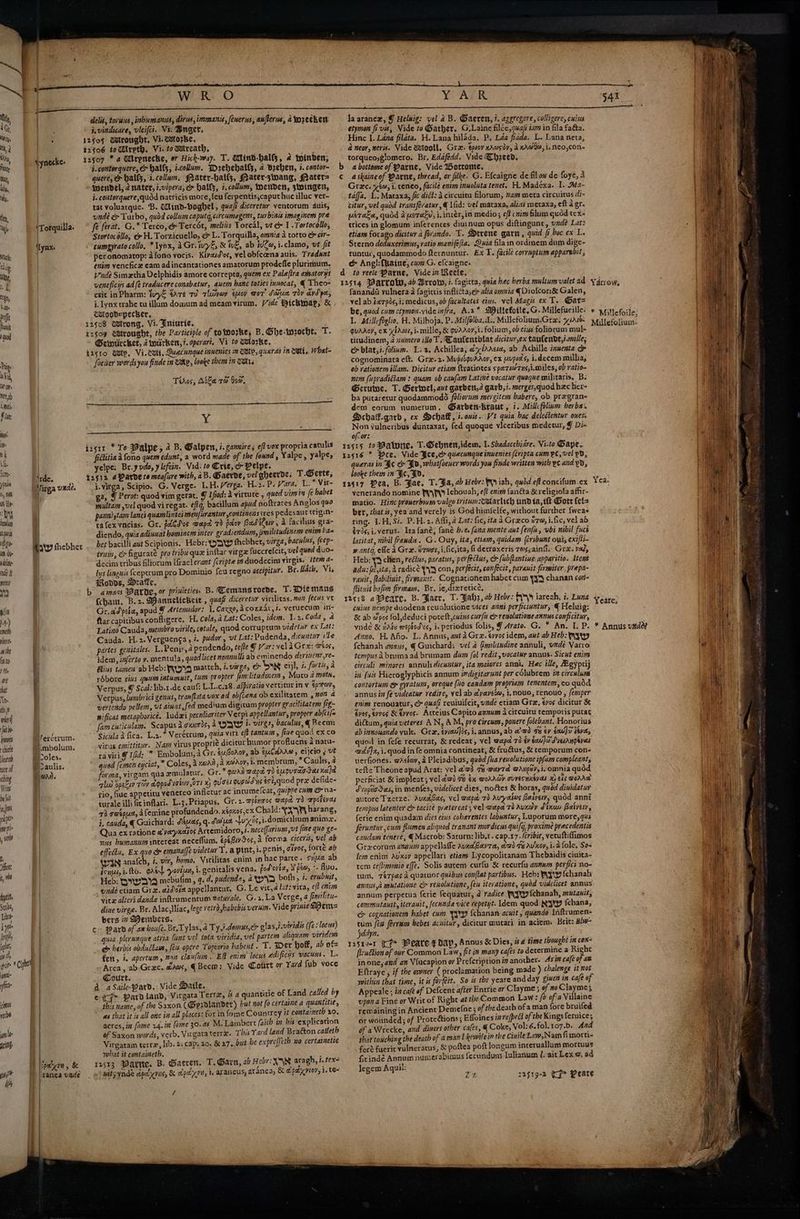 | k ee ee i NT ee parse sae wera: SE Rh e Da ese aE pe EAI Ly Se PARES PS ad ) WR O YO ATR sai a ! » Py 2: : s ay * vi delis, Sena tee dirus,immanis, fewerns, anflerus, atorecker, la aranew, Y Helwig: vel 2B. Gaeren, i. azercgare, colligere, cuius hi i. vindicare, ee Vi. ro. etynon fivis, Vide to Gather, G.Laine filce,quafs iam in fila fagta. es ' re: eee bt. ip wtorke, Hinc I. Lana filata. H. Lana hilada. P, Laa fiada. L. Lana neta, i, | 12506 to oh fe to daria aye) a neor, neris. Vide Wtooll, Gra. eptoy xAwsor, a xAwia, i.neo,con. ha \ynecke. 12507  a tyneche, of Hick-way. T. Mtind-halls, 2 tninden; torqueo,gtomero. Br, Edafedd. Vide Chzeed, i. contorquere, &amp; Halts, i.colum. Dreheballs, 2 Vreben, i.contor- b a bottome of Parne, Vide otrome, Mat, quere, &amp; halls, 3.collum. Mater-halls, Mater-sivang, Mater> c¢ a skaine of Parne, thread, or filke. G. Efcaigne de fil ov de foye, 3 i Imendel, anatet, i.vipera, &amp; halts, 7. collum, Wenden, singer, Gree. xeo, i, teneo, facilé enim inuoluta tenet. H. Madéxa. I. Ata- M. j. contorquere,quod hatricis more, feu ferpentis,caputhuc illuc ver- tdfja, L. Maraxa, fic dict: 3 civcuitu filorum, 7am meta circuitus di- tat voluarque. B. Mind-bogbel , qua/i diceretur ventorum duis, citur, vel quod transferatur, @ \fid: vel mataxa, alias metaxa, eft 4 gr. en, unde &amp; Turbo, quod collum caputg, circumagens, turbinis imaginem pre ua aEw, quod Aperaty, i, intér,in medio; eff cmim lum quod tex- Tk {Torquilla: fe ferat. G.* Terco, &amp; Tercdt, melits Toreal, vt &amp; 1 .Tortocollo, ttices in glomum inferences diuinum opus diftingunt, vade Lat: Stortocollo, &amp; H. Torzicuello, e L. Torquilla, omnia a torto e&amp; cir- etiam forago dicitur a forando. T. Dtrene garn, quid fi boc ex L. ‘lynx. cummsyrato cull, [ Iynx, a Gr. ivy, &amp; IE, ab iva, i. clamo, ut fit Sterno deduxerimus, ratio manifefia. Quia filain ordinem dum dige- : thy peronomatop: a fono vocis. Kivaid'os, vel obfccena auis. Traduat runtur, quodammodo fternuntur. ExT. facile corraptum apparabit , thig. enim vencficz cam adincantationes amatorum prodefle plurimum. — &amp; Angl:(kaine, cum G. efcaigne. bive Vnde Simztha Delphidis amore correpta, quem ex Palefira amsatorys d to reele Parne, Vide in iReele, WE, veneficys ad fe traducere conabatur, auem hanc toties inuocat, @Theo- 12514 arrow, 2b Arroty, 7. fagitra, quia hac herba mulium valet ad drrow 80 csit in Pharm: ivyé tare tu thdver eroy wor’ Ada rv dvdpe, = fanandii vulneraa fagittis inflicta,e> alia omnia €Diofcor:&amp; Galen, ; iste . i. lynx trahe tu illum domum ad meamvirum. Vide Bicbmmap, &amp; vel ab iarpas, i: medicus, ob facultates eiws. vel Magis ex T. Qat= pref . CUgoD<pecker, be, quod cum ctymon.vide infra, A.2* Millefotle,G. Millefueille. * yenefoil “a 14508 aplrong. Vi. Fniurie. , Millefielio, H. Milhoja, P. Milflba.iL, Millefolium.Gras ye yultetolium. ind / i2$09 Ulrought, the Participle of toiMo2zbe, B. Ghe-wrocht, T. guAdoy, ex XtAsor, i. mille, &amp; guAAY, i. folium 5 0b cis foliorum mul- Re a ee @ewwrircket, 2 tourker,7. operari, Vi to wtorke. titudinem, 2 zumero ile T. Caulentblat dicitur,ex taulendt,i mille; k2510 Gty, Vi. cuit, Duacunque innenies in Vip, queras in Cai, What- ce blat;i.folium. Ls 2. Achillea, @yfaacia, ab Achille inuenta oe Dip foener words you finde in tmp, looke them in Mts cognominara cft. Gra. 2. Mupsaguddor, ex pupiet’s, i.decem millia, sti : ye ob vationem illam. Dicitur etiam ttvatiotes spatiarys,i.miles, ob ratio~ trae Tédos, Adka ra Osa, nem (upradifiam : quam ob canfam Latine vocatur quoque militaris. B; nt Geruiwe, T. Geriwel, ave garben,4 gavb,i. merges,quod hac her- ba putaretur quodammods foliorwm mergitem habere, ob pregran- ist a dem corum numerum. @®arben-braut , 7. Milcfolism berba. s . YY, Debak-garb, ex Hebhafk, i. ous. Vt quia bac delectentur oues. a) Sant ing bk As Milla Me ee Raa Rha oF Be RE aah vulneribus duntaxat, fed quoque viceribus mhedecur, J Di- f i] . x . . . a = v : Ore 2 nt | instr * To Palpes 4 B. Galpen, i. canuire, efivox propriacatulis 2515 to Balwne. T.ebnertidem, I. shadacchiare. Vi-to Bape. wt filtitia a fono quem dunt, a word made of the found , Yalpe, yalpe, 12516 * Pee. Vide Foe,cr quecunque inuenies (cripta cum pC, vel pd, tn / yelpe: Br.yudo, ylefein. Vid: to Orie, &amp; Pelpe, quaras in Be &amp; JY, whatfoencr words you finde written with pc and pd, ‘ai ie _. infin Parde te meafure with, aB. Gaerde, vel gheerde, TO erte; laoke them in Fc, Fd, ys ‘ ie Virga unde. i. Virga, Scipio. G. Verge. L.H. Verga. H.2. P. Vara. L. Polat 12917 Pea, B. Bae. T. Ba, ab Hebr: iah, quod eft concifum ex Ca np i; g3, ¥ Perot: quod vim gerat. G1 fiod: 4 virtute , qued vimin fe babes venerando nomine Fyyyy Ichouah, eff enim fanéta &amp;religiola afhr- Ny multarn vel quod vi regat. eflg, bacillum apud noftrates Anglos quo matio. Hiztc pronerbium vulgo tritum walaclich und ta, if Gott {el= ia | pannistam lanes quamlintes menfisrantur continensixes pedesaut trigin- ber, thats, yea and verely is God himfelfe, without further fweas it tafexvacias. Gr. paCdos aetpa 73 peter Cad iCev , a facilius gra- ring. 1.H, Si. P.H.2. Affi, a Lat: fic, ta A Greco era, i.fic, vel ab ada 4 dicndo, quia adiuuat hominem inter gradiendum, fmilitudinem enim haa érds,i,verus- Irafané; fané b.e fana mente ant [enfin whi nibil fucs th gt iw fhebhet .. bet bacilli aut Scipionis. Hebr: Daw fhebher, virga, baculus, (cep- latitat, nibil frands. G. Ouy, ita, etiam, quidam (cribunt owl, exifti- iD de / trum, &amp; figuraté pro tribu que inftar vitrge fuccrefcit, vel qued duo- wantd, fe A Grae. reat, i.fic,ita, fi detraxeris 7essainfl. Gre. ral, vl . decim tribus filiorum [fraelerant (cripte i duodecim virgis. item a- Heb: ¥'9 chien, reéius, paratus, perfectus, cx fubfiantiue apparitio. Itens nd f lys linguis {ceptcum pro Dominio feu regno accipitur. Br. Wath, Vis adu:ficita, A radicé YYQ con, perfectt, confecit, parauit firmiter, prepa- ents | qRovve, Drafe. rauit, flabiliait, firmanit, Cognationem habet cum yyy chanan cort- 3 || b amans Darde, or prinicties. B. Cemansroede. T. Die mans flituit bafim firmam, Br. fe,dizreticé, i (cham, B.2. Wannelicheit , quaf diceretur vicilicas.non fecus vt 2918 a Beare, B. Fact, T. Babe, ab Hebr: $9 iareah, i, Luna yeare: alin | Gr.ad peta, apud § Artemidor: 1, Caxx0,Acozzat,#. yeruecum in- cuius nempe duodena reuolutione vices anni perficuntur, € Heluig: Yeare, 95) i) ftar capitibus confligere. H. Cola, 4 Lat: Coles, idem. 1.2.Coda, a &amp; ab dp0s fol deduci poteft,cuins curfit &amp; rewolutione annus conficitur, emeth | Latino Cauda, membro virile, cotale, quod corruptum videlur ex Lat: -vnde &amp; nats weptodes, i. periodus folis, J Arato. G. * An. 1. P. * Annus utd shert | Cauda. H.2.Verguenga, i. pudor, vt Lat:Pudenda, dicwatur ile. Anno, H, Afto. L. Annus, aut a Gre. éyvos idem, aut ab Heb: Ry a ibe | partes genitales. L. Penis, 4 pendendo, tefle Y Yar: veli Gre: wos, fchanah annus, ¢ Guichard: vel a Grilindine annuli, wade Varro into q idem, zaferto vy. mentula, quod licet nonnull: ab eminendo deriicnt ,re~ tempus A brumaad brumam dum fol redit ,vocatur annus. Sicut enim iy f fins tamea ab Heb: FyoyA mattch, i. virga, o S38 eijl, 3. forts, a civculi minores annul dicuntur, ita maiores anni, Hee ille, Bgyprij are ip! rdébore eius quem iatumuit, tum propter fem:litudinem , Muto a mot. in (4is Hieroglyphicis annum imdigitarunt per célubrem i circulana iat . Verpus, 7 Scal: lib.t.de cauf L-L.c.28. aspiratio vertitur inv &amp;p7ov, contortum ep gyratuns, oreque {ito candam propriam tenentem, eo quod Te ¥ Verpus, lumbrici genus, tranflata vox ad ob(cena ob exilitatem , on 2 annus in fe videatur redire, vel ab ayayeo@, i, nouo, renouo , femper ut f vertendo pellem, vt atunt,fed medium digitum propter gracilitatem fig- enim renouatur, cr quali reuiuifcit, unde etiam Gre, vos dicitur &amp; wr} B) nificat metapboricé. Ludzi peculiariter Verpi appellantur, propter abftifa dyes, evves &amp; yvos. Atteius Capito annum a citcuity temporis putat hit fam cuticulam. Scapus A oxuinds, 4 WW i. virgs, baculus, ¢ Beem: dictum, quia veteres AN, AM, pro circum, ponere folebant. Honorius hnnen fererrum. Sicula a fica. L.a.* Verctrum, 94a vitt eft tantum, fine quod ex co ab innouando yule. Gre. ¢yiaws]0s, i, annus, ab a°amd 9% ey Eau]a teva chief “mbolum. Virus emittitur. Nam virus pt dicitur humor profluens 4 natu- quod in fefe recurrat, &amp; redeat, vel wapa 76 dv éansla Sretancsyee beard coles. raviti ¥ Yfid: * Embolum,a Gr. eBoroy, ab eucdArw , cijeio + vt ad¥]2, 1.quod in fe omnia contineat, &amp; fru@us, &amp; cemporum con- reek > aulis. gised femen eyciat,* Coles, a xwan, a naire, i. membrim, *Caults, a ulerfiones. wAsta@p, a Pleiadibus, quod fica revolutione ipfim compleant, cg Boa forma, virgam qua emulatur, Gr. QUAN weed 70 eupuoaades nat fed tefte Theone apud Arat: vel aad 78 @eyTd GApsrsi. omnia quod Wit i qld opeksy Tov doped iator,o1 x; pUoeE gusad ns ési,quod prez defide- perficiat &amp; impleat; velaws Te éx woAAay CUVESHKSYAL X) C15 WOAAR li tio, fiue appetitu venetco infletur ac intumefeat, quipye cum or na- J Ynpnd des, in menfes, videlicet dies, noétes &amp; horas, quod dinidatur im | turale ill fic inflari. L.3, Priapus. Gr. 2. mpbnmres ie To mpctevas autore Tzetze. Avudhas, vel mapa 76 Auyaios Basyew, quod anni edt ) 73 TapAt, a femine profundendo. xbpitos eX Chald:YA4F} harang, termpus latenter &amp; tacite pretereats vel wapa Te Auxaly dixuy Batvery, sin ; i, cauda, € Guichard: divas, q- Ao fuxiis, i.domicthum anime. ferie enim quadaim dies evs coherentes labuntur, Lu porum more, q4s tt Qua ex ratione a yeryxetsos Artemidoro,?. nece avium ut fuse quo ge- feruntuy cum flumen aliquod tranant mor dicus qui/G, proxime precedentis 1 | nus bumanum meereat neceflum. ép¢ivSes, A forma ciceris, vel ab caudam tenere, @Macrob: Saturn: lib.t. cap.17. (cribir, vetuftiflimos | effediu. Ex quo ce emanalfe videtur T. a pint, i. penis, ives, forte ab Grecorum amaum appellaffe AundBavra, aad Fe Av'noy, ied fole, Sos fe | WIN anafch, i, vir, homo. Virilitas enim in hac parte . snjés ab lem enim aver appellari etiam Lycopolitanam Thebaidis ciuita- gt isnt, into. rer, yovdun, i. genitalis yena. fod oviz, pew, +. fluo. tem te/}imonio effe. Solis aucem curfu &amp; recurfu annum perfici no- t, Heb: ONVDY mebulim, 7.4. pudenda, apa both, i. erubuit, tum, Té7pa¢a quatuor quibus conflat partibus. Heb: AAW fchanah ¥ unde etiam Gre. ats cix appellantur. G. Le vit, 4 lat: vita, eft enim anmnus,a putatione cx venolutione, (en iteratione, quod videlicet annus eh vitz alter dande inftrumentum waturale. G.».La Verge, 4 fimilitu- annum perpetua ferie fequatur, a radice WY fchanah, mutanit, Seta, dine virge. Br. Alac,lliac, lege retro habebis veruin. Vide prisieMDem= commutautt, iterauit, fecunda vice repetyt. Idem quod NY f{chana, Lint | bers in Wembers. e cognationem habet cum yep {chanan acuit , quando Inftrumen- yf } ¢) Ward of aw houfe. Br. Tylas, a Ty,7.domus,ex glas,i.viridis ({ci locus) tum fea ferrum hebes acuitur, dicitur mutari in aciem. Brit: Bly- inh quid plernaque atria (unt vel tota viridia, vel partem aliquam viridens jddyn. pts bt e&amp; herbis obduttams, few opere Topiario habent . T. Wer hoff, abof= 1251-1 KF> Weare ¢ day, Anous &amp; Dies, is d time thought in con~ 1 6 «ciel fett, i. apertum, non claufum. Eft enim locus edificns vactus. Ls fi:uttion of our Common Law, fit in many cafes to determine.a Right gun Cipn Area, ab Grec. draws, @Becm: Vide Court or Yard {yb voce inone, end an Vfucapion or Prefeription in another. Asin cafe of aw jn . Court. Eftraye ; if the owner ( proclamation being made ) chalenge it not fen A a Saile-Pard, Vide Datle. . within that time, it is forfeit. So is the yeare and day giuen in cafe of £ eg Pard land, Virgata Terre, is a quantitie of Land called by Appeale; in cafe of Defcent after Entric or Clayme ; of no Claymes iis this name, of the Saxon (Bprdlander) but not fo certaine a quantitie, vpon a Fine or Writ of Right at the Common Law: (0 ofa Villaine reibe a as that it is all one ia all places: for in {ome Countrey it containeth 20, remaining in Ancient Demefne 5 of the death ofa man fore bruifed | acres, in fame r4.in [ome 30.45 M. Lambert /aith in bw explication or wounded; of Protedtions ; Effoines ia re(pect of the Kings feruice; we of Saxon words, verb. Virgata terra. This Yard land Bratton calleth of a Wrecke, and diners other cales, @ Coke, Vol: 6. fol. 107.b. And sii Virgatam tert, lib. 21 caps a0. &amp; 27. but. he exprefeth xo certainetie that touching the death of aman Lkewifein the Cixile Law,Nam fi morti- what it containeth. fort fuerit vulneracus, &amp; poftea poft longum interuallum mortuus I akon, &amp; 12513 Warne. B. daerew. T. Gare, 2b Hebe: VAN aragh, 7. tex- firindé Annum numerabinsus fecundum Iulianum (. ait Lex @, ad wit = lraneauade . «! wityynde cipe’yyns, &amp; apexyi, 1 arancus, granea, Kepayyieyyi.tee — legem Aquil: dh p Zz I3fig-2 (ze Peare /