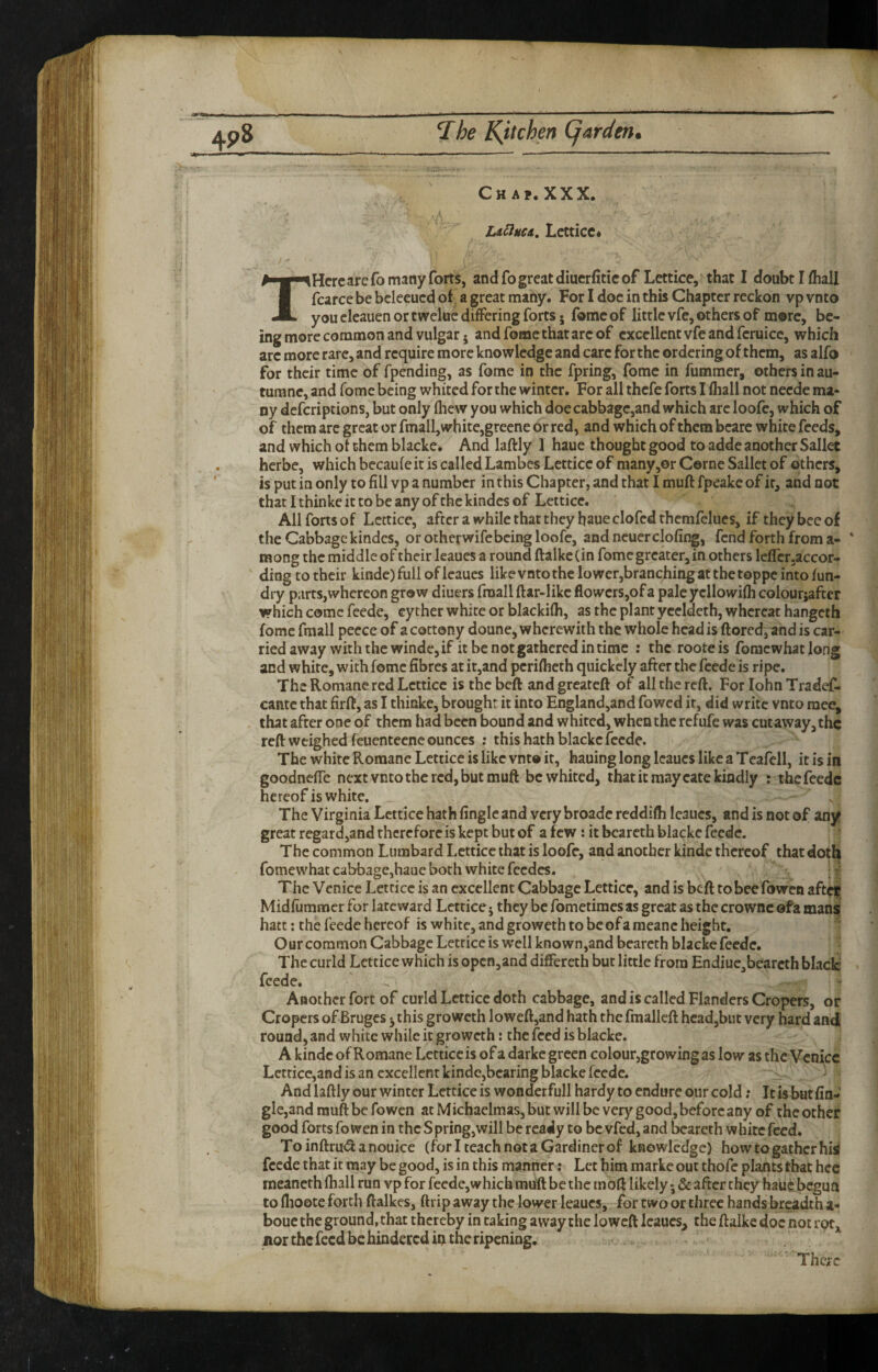 Chap.XXX. La^uu, Lctticc* THcrcarefo many forts, and fo great diuerfitic of Lettice, that I doubtlfhall fcarce be bclecucd ot a great many. For I doe in this Chapter reckon vp vnto you eleauen or twelue differing forts 5 fomcof litdc vfc, others of more, be¬ ing more common and vulgar • and ferae that arc of excellent vfe and fcruicc, which arc more rare, and require more knowledge and care for the ordering of them, as alfo for their time of fpending, as fome in the fpring, forac in fumraer, others in au- turane, and fome being whited for the winter. For all thefe forts I fliall not neede ma¬ ny deferiptions, but only fhew you which doe cabbage,and which arc loofc, which of of them arc great or fmall,white,greene or red, and which of them beare white feeds, and which of them blacke. And laftly I haue thought good to adde another Sallet herbe, which becaufeit is called Lambes Lctticc of many,or Come Sallet of others, is put in only to fill vp a number in this Chapter, and that I muft fpeakc of it, and not that I thinke it to be any of the kindes of Lettice. All forts of Lettice, after a while that they haue clofcd thcmfclues, if they bee of the Cabbage kindes, or otherwifebeing loofc, andneuerclofing, fend forth from a- * mong the middle of their leaues a round ftalkcCin fome greater, in others Icffcrjaccor- ding to their kindc) full of leaues like vnto the lower,branching at the toppe into fun- dry parts,whereon grow diuers fraall ftar-like flowers,of a pale ycllowifh colourjafter which come feede, eyther white or blackifh, as the plant yccldcth, whereat hangeth fomcfmall pecce of a cottony doune, wherewith the whole head is ftored,andis car¬ ried away with the windc, if it be not gathered in time : the rooteis foracwhatlong and white, with fome fibres at it,and perifheth quickcly after the feede is ripe. The Romane red Lctticc is thebeft andgreateft of all the reft. For lohnTradef- cantc that firft, as I thinke, brought it into England,and fowed it, did write vnto race, that after one of them had been bound and whited, when the refufe was cutaway, the reft weighed feuenteenc ounces ; this hath blacke feede. The white Romane Lettice is like vnto it, hauing long leaues like a Tcafell, it is in goodnefle next vnto the red, but muft be whited, that it may cate kindly : the feede hereof is white. The Virginia Lettice hath finglc and very broade reddiffi leaues, and is not of any great regard,and therefore is kept but of a few: it bcareth blacke feede. The common Lurabard Lctticc that is loofc, and another kinde thereof that doth fomewhat cabbage,haue both white fecdcs. ; The Venice Lettice is an excellent Cabbage Lettice, and is beft to bee fowen aftci Midfummer for late ward Lettice j they be fometimes as great as the crownc ofa mans hatt; the feede hereof is white, and groweth to bcofa raeanc height. ■ Our common Cabbage Lettice is well known,and beareth blacke feede. The curld Lettice which is open,and differeth but little from Endiuc,bearcth blacki feede. Another fort of curld Lettice doth cabbage, and is called Flanders Cropers, or Cropers of Bruges 3 this groweth loweft,and hath the fraalleft head,but very hard and round, and white while it groweth: the feed is blacke. A kindc of Romane Lettice is of a darke green colour,growing as low as the Venice Lctticc,and is an excellent kindc,bearing blacke feede. And hftly our winter Lettice is wonderfull hardy to endure our cold; It is butfin- gle,and muft be fowen at Michaelmas, but will be very good, before any of the other good forts fowen in the Spring, will be ready to be vfed, and bcareth white feed. Toinftru<3:anouice (for I teach not a Gardiner of knowledge) how to gather his( feede that it may be good, is in this manner: Let him marke out thofe plants that hcc meaneth (hall run vp for feede,which muft be the inoft likely & after they haue. begun to flioote forth ftalkcs, (trip away the lower leaues, for two or three hands breadth a- boue the ground, that thereby in taking away the loweft leaues^ the ftalke doc not rot^^ iior the feed be hindered in the ripening, ’There