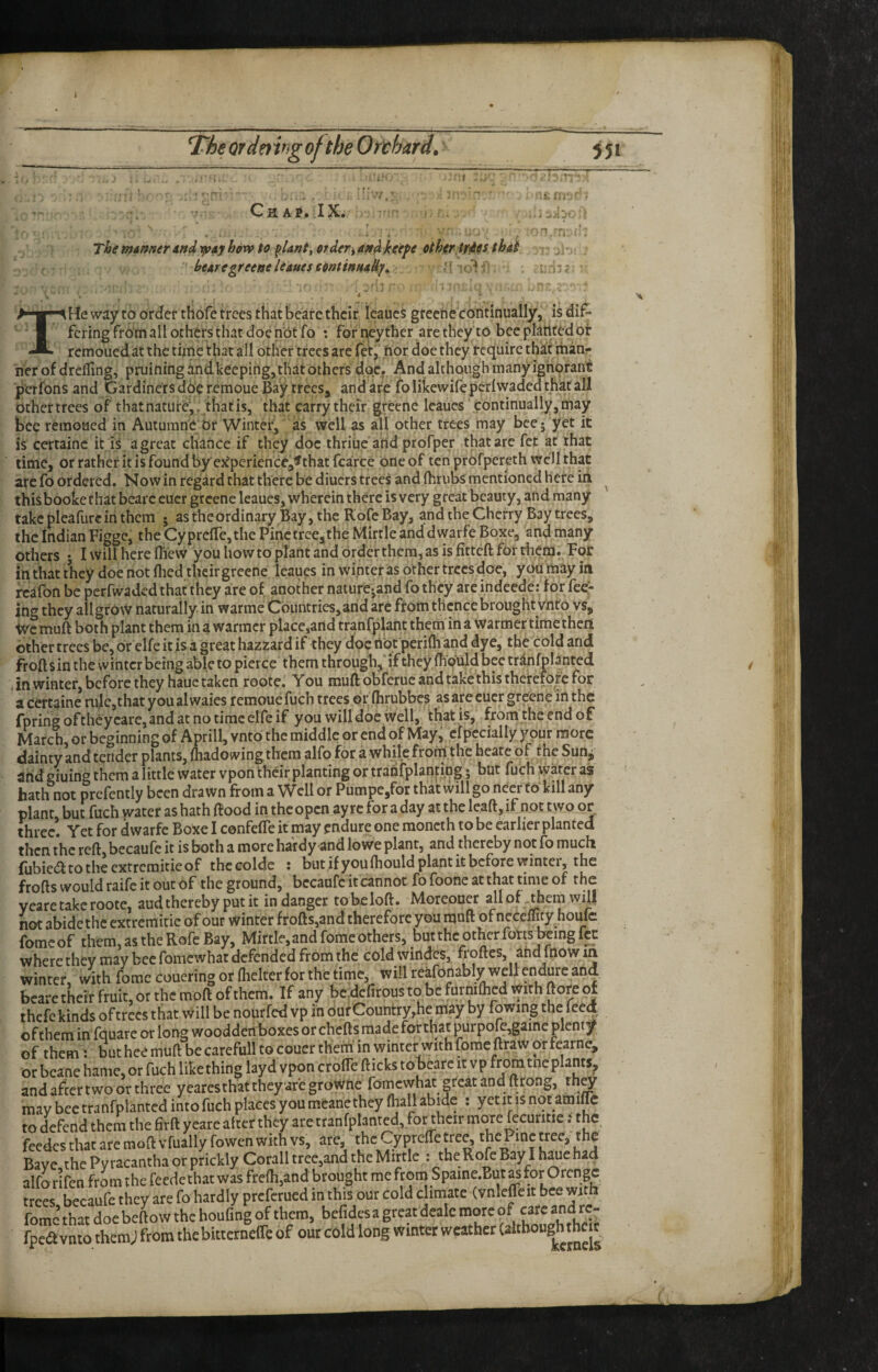 I Theofdmngofthe Orchard. 551 Chap. IX. V.’ The mdnner ind ypsj bow to ^Unty order^ andkoefe other tf^s thdJt ■' hearegreeue leaues eontinuaU.^, i lotr a.fn- 1 - J « . iJ ' . .'J 4 THe way to order tHofe trees that bearc their leauc^ grecne continually, i^ dif¬ fering from all others that doe nbtfo : for neyther are they to bee plantedot remoued at the time that all other trees are fet,; nor doe they require that man«- ner of drefling, pruiningandkeeping, that others doe.. And although inanyighoranc perfons and Gardiners doe remoue Bay trees, and are fo Hkewifepcrlwaded that all other trees of that nature!,,'that is, that parry their greene leaucs continually, may bee remoued in Autumne Or \Vinter, as well as all other trees may bee; yet it is certainc it is . a great chance if they doe thriuc'arid profper that are fet at that time, or rather it is found by ej^pcrience^'Jthat fcarce one of ten prOfpereth well that arefoordered. Now in regard that there be diuers trees and fhriibs mentioned here iii this booke that bearc euer greene leaues, wherein there is very great beauty, and many take pleafure in them ; as the ordinary Bay, the Kofe Bay, and the Cherry Bay trees, the Indian Figgc, the Cyprc(re,the Pine tree,the Mirtlc and dwarfe Boxe, and many others • Iwillherefliew youhowtoplantand6rderthcra,asisfittcftf6rrhem. For in that t’hey doe not flied their greene leaues in winter as other trees doe, y on may iri rcafon be perfwadedthat they are of another nature;and fo they are indeede: for fee¬ ing they all gro w naturally in warme Countries, arid arc from thence brought vnto vs, Wetnuft both plant them in a warmer placcjartd tranfplant thpm in a warmer time then other trees be, or elfe it is a great hazzard if they doc riot perilh and dye, the cold and froft sin the winter being able to pierce them through,* if they fhduld bee tranfplanted , in winter, before they hauc taken roote. You muft obferuc and take this therefofp for a certaine rule,that you alwaies remoue fuch trees or fhrubbes as are euer greene in the fpririg ofthey care, and at no time elfe if you will doc well, that is, from the end of March, or beginning of Apr ill, vnto the middle or endof May, efpecially your more dainty and tender plants, fliadowing them alfo for a while from the heate pf the Sun^ and giuing them a little water vpon their planting or tranfplanting; but fuch water as bath not prcfently been drawn from a VV^cll or Pumpe,for that will go necr Co kill any plant but fuch water as hath (Hood in theopen ayre for a day at the leaft,if not two or three’ Yet for dwarfe Boxe I cenfelTe it may endure one moncth to be earlier planted then the reft, becaufe it is both a more hardy and lowe plant, and thereby not fo much fubie<fttothe extreraitieof thccolde : but if you ftiould plant it before winter, the frofts would raife it out of the ground, becaufe it cannot fo foone at that time of the veare take roote, aud thereby put it in danger tobeloft. Moreouer all of .them will not abide the extremitic of our winter frofts,and therefore you muft of neceffity houlc fomc of them, as the Rofe Bay, Mirtle, and fome others, but the other fortsBcing fee where they may bee fomewhat defended from the cold windes, froftes, arid mow m winter, with fomc couering or flicltcr for the time, will rekfonablywell end^^^ bearetheif fruit, or the moft of them. If any be^cftroustobefurmQied Withftorepf ihcfc kinds of trees that will be nourfed vp in ourCountry,he may by fowing the feed of them in fquare or long wooddcnboxes or chefts made for that purpore,gaine plentj^ of them: but hce muft be carefull to couer theiri' in winter with fome ftraW orfearne, or bcane hamc, or fuch like thing layd vpon crofle fticks to bearc it vp from tneplants, and after two or three yearesthat they are growne fornewhat great and ftrong, th^ may bee tranfplanted into fuch places you mcanethey fhall abide : yet it is not amiRc to defend them the firft ycare alter they are tranfplanted, for their more fecuritie: the fcedcs that arc moft vfuallyfowen with vs, are, ^J^cCypreffetjee, the Pine tree, the Bayc the Py racantha or prickly Corall tree,and the Mirtle : the Rofe Bay I h^e had alfo rifcn from the feede that was fre{h,and brought me from Spaine.But ^ for Orenge trees becaufe they are fo hardly preferued in this our cold climate (vnleffcit bee with fomc’thatdoebeftowthchoufingof tbera, befidesagreatdcalcmoreof caCcandrc- fpea vnto themj from thebitterneffe of our cold long winter weather /