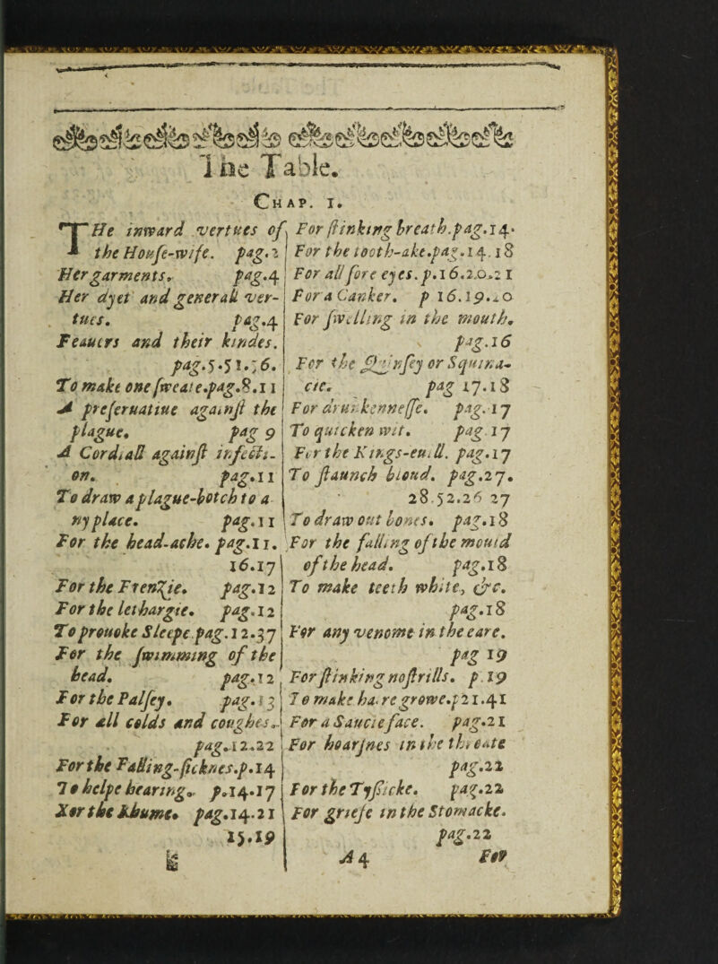 r(\X/J*h-. W' efee!lbeS^dilbc!% Ihe Table. _, *•** < * » , <* v t * . *• • Chap. i. T//> inward /vert^cs of For (linking breath.pag.T^., the Houfe-wife. fag, i For the tooth-ake.pag. 14.18 Her garments, fag. 4 Ftfr 4// eyes. f.16.2,0*21 Her dyet andgenerak'vtr- ForaCanker. f 16.ip.xO tuts. tag.4 Ftfr {welling in the mouth Feautrs and their kmdes. fag.^.^\.:6. To makt one [treat e.pag.K.i1 Jl freferuatiue agatnjt the flague4 fag 9 d Cordiad againjl infeed 1. on. fag. 11 To draw aplague-hotch to a ny place. fag, 11 Fcr the Sffnfey or Squina- etc. fag 17.18 For drmkenneffe. fag.i 7 To quicken wit. fag 17 Fi r the Kings-eu. U. fag. 17 To {launch bioud. fag.27. 28.52.26 27 To dr aw out l ones. fag.iS For the head-ache. fag.i 1. For the falling oft he mould 16.17 For the Frengie. fag. 12 For the lethargie. fag, \ 2 Tofrouoke Sleefc fag. 12.37 For the jwimmmg of the head. fag.i 2 F or the Pa fey. fag. 13 For all colds and coughes.. fag.12.22 For the Fading- ficknes.p. 14 7 0 hclpc hearing„ f. 14.17 For the kbume* fag.i 4.21 I5*IP of the head. fag. 18 To make teeth white, c?c. fag. 18 For any venomt in the eare. fag 10 For {linking nojlnlls. f 19 7 e make ha< regrowe.f 21.41 For a Saucie face. pag.21 For hoarjnes ihthe thiOate fag. 21 For the Tyfiicke. pag.22 For grteje in the Stomacke. fag.22 ^4 Fop