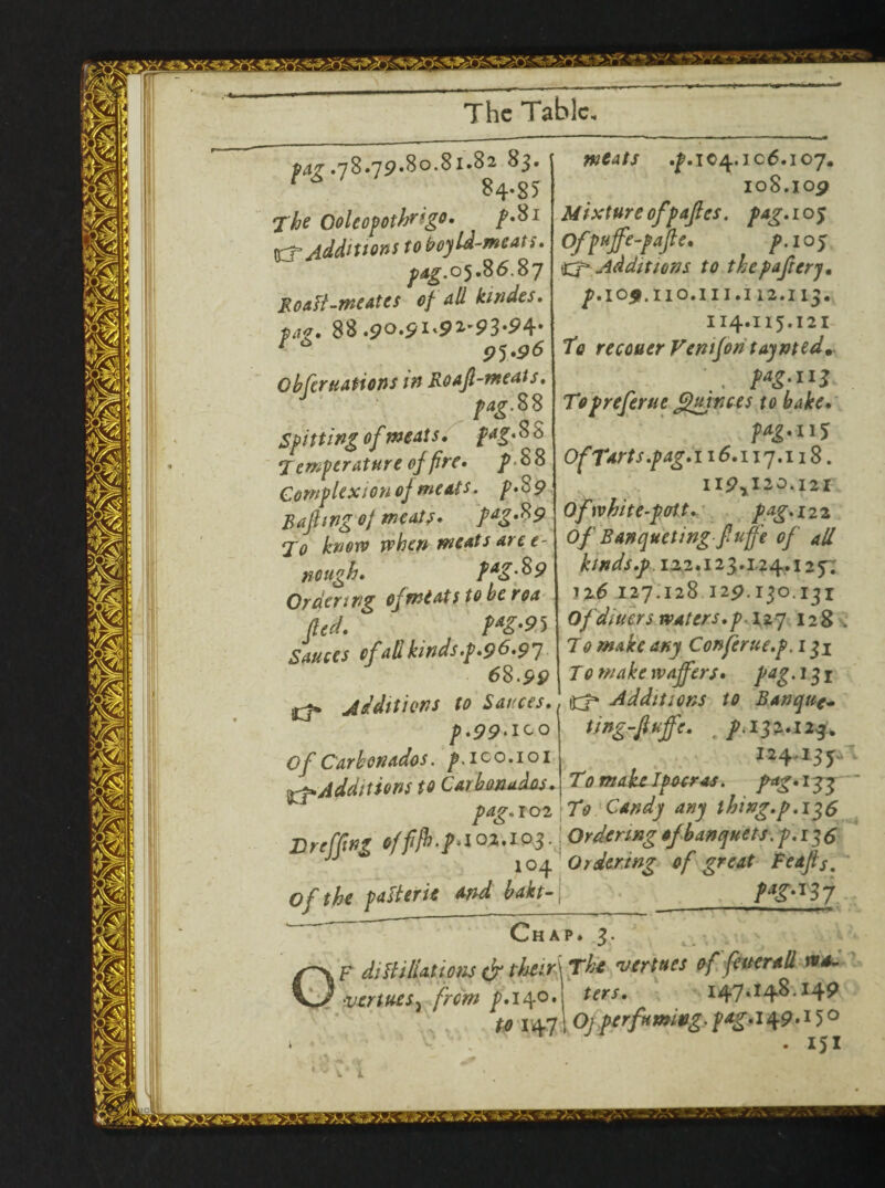 par .7B.79.B0.81.82 83. the Ooleopothngo. p-^1 trf Additions to boyld-meati. pag.05.S6.87 Roatt-meatcs of all kmdes. pa?. 88.90.^1.92^3^4- * * 95*96 Obfcruations in Roafl-meats. pag.88 Spitting of mats, pag.88 temperature of fire, p>%8 Complexion of meats, p.89 Rafting oj meats. pag.89 to know when meats are e- nough. fAg-%9 Ordering of mi at s to be roa fed. Sauces of all kinds.p.96.97 68.99 Kf. Additions to Sauces. p.99. ICO Of Carbonados. p.iQO.101 Additions to Carbonados. meats .^.104.106.107. Mixture ofpajles. pag. 10$ Ofpujfe-pafle. p. 105 ft* Additions to thepaftery. f.io^.iio.in.112.113. 114.115.121 Te recouer Venifontaynted* V. iM*** Topreferue fhjnces to bake. pag.115 Of Tarts.pag. 116.117.118. 119*120.121 Ofwhit e-pott. pag. i2z Of Banqueting fuffe of all kinds.p 1z2.123.i24.i25'; 126 127.128 129.130.131 Of diners waters.p. 127 128 > 70 make any Conferue.p. 131 T0 make woffers. pag. 131 Additions to Banquc* ting-fluffe. t /.132.125. 124.135 To makeIpocras. pag**JJ ~ pag.102 To Candy any thing.p. 136 Dnffmt «/#•.?•Orderingtfbanquets. f.i^6 104 Ordering of great Feafts. Of the patter it and bakt-\ __£j£2IZ Chap. 3. F ditt illations & their\The venues of fetter all tvs. venues> from p. 140.; ters. 147.148.149 to 147; Oj per fuming. pag. 149-15° ^ 4 . 151 The Tabic.