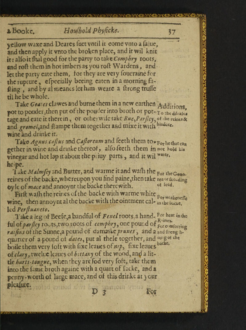 Houjhold phyficke. yellow waxeand Deares fuet vntil it come vnto a fame, and then apply it vnto the broken place, and it wil knit it: alfo it fhal good for the party to take Comphry roots, and roft them in hot imbers as you roft Wardens, and let the party eate them, for they are very foucraine for the rupture, efpecially beeing eaten in a morning fo¬ iling , and by al meants let hun weare a ftrongtruflfe til he be whole. Take <7cates clawes and burne them in a new earthen Additions pot to poudei ,then put of the pouder into broth or pot- To rhcdJeaici tage and eate it therein, or other wife take Rue,Parjlcy, of.be rrintsSe and grmel,and ftampe them together asd mixeit with bladtlCr- wine and drinke it. Take Agnus cajlus and Cajloreum and feetb them to»ForlietI)atc3it gether in wine anddrinke thereof r alfofecth them in net bold his vinegar and hot lap if about the p; iuy parts, and it wilwatCr* he-pe. 1 uke Malm fey and Butter, and warme it and wafh the For theGeao reines of the batke,whereupon you find paine,thcn take rea or (hiding oylt of mace and annoynr the backe therewith. ot Ucd- Firft wafh the reines of the backe with warme white Fo wine, then annoy nt al the backe with the ointment cal- unhcLcu!c kd Perftuaneto. l ake a teg of Beefe,a handful of Fencl roots;a hand-; Fc* hcac in*c ful offar [ley ro.ts,two roots of eemphry, one pound of p0^forting raiftns of the Sunne,a pound of ctamaske prunes, and a and fireng h» quarter of a pound ot dates, put al thefe together, and “ng®*1*1® boile them very loft with fixe leauesof#/^, {ixeleaues^^ ot clary, tweke leaues of bittany of the wood, an^ a lit¬ tle harts-tongue, when 'hey are fod very foft, take them into the fame broth againe with a quart of fatke, and a penny-w orth of large mace, and of this drinke at y our pkata^ _