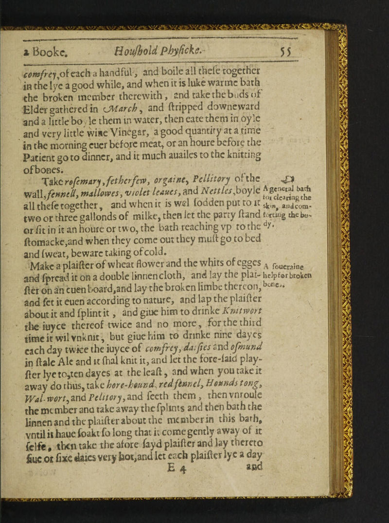 comfrq, of each a handfub, and boile all chefe together in the lye a good while, and when it is luke warme bath the broken member therewith, end take the buds of Eider gathered in CMarch, and ftripped downeward and a little boyle them in water, then cate them in oyle and very little wine Vinegar, a good quantity at a time in the morning euer before meat, or an houre before the Patient go to dinner, and it much auailes to the knitting ofbones. Take rt»fern try Jetherfew, orgainey Peltitory Oi the wall jennet, nuUmes, vwUt Utues, and Nettles, boyle '** all thefetogether, and when it is wel lodden put to it andcom' two or three gallonds of milke, then let the party ftand foruag the be* or fit in it an houre or two, the bath reaching vp tothedx* ftomacke,and when they come out they muff go to bed and fweat, beware taking of cold. Make a plaiffcr of wheat flower and the whits of egges A foucra;ne and fpread it on a double linnen cloth, and lay the plat- helper broken fier on an cuen board,and lay the broken limbe thereon,bonc'* and fet it euen according to nature, and lap the plaifler about it and fplint it, and giue him to drinke Krntmrt tlie iuyee thereof twice and no more, for the thud time it wil vnknrt, but giue him to drrnke nine dayes each day twice the iuyee of comfrey, daffies and ofinutid in ft ale Ale and it fhal knit it, and let the fore-laid play- fter lye to,ten dayes at theleaft, and when you take it away do rhus, take here-hound., red fennel. Bounds tong, Wal-rvortyand Petitory ,&nd feeth them, thenvnroule the me mber and take away the fplints and then bath the linnen and the plaifter about the member in this barh, vntil it haue foakt fo long that it come gently away of it felfe» then take the afore fayd plaifter and lay thereto Sue Of fixe dares very hot,and let each plaifter ly c a day E a ascl