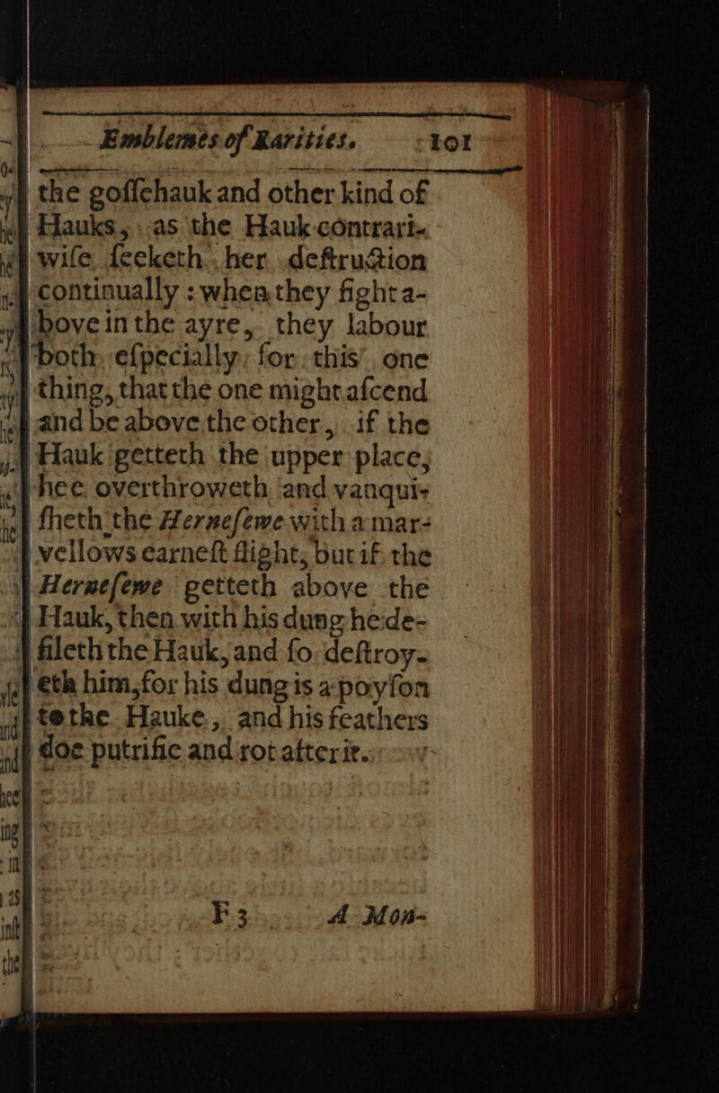 Qe mt pened ty eeaencans MOMENI yp the gofichauk and other kind of oh Hauks, as the Hauk-contrari- wife, feeketh.. her. .deftruaion {| continually : whea they fight a- | . |bove inthe ayre, they labour &lt;} both, efpecially:; for this’, one ' thing, that the one might afcend ig and be above the other, if the =| lh } Hauk getteth the upper place Aue Th) ie hd Re ae «| hee. overthroweth ‘and vanqui- ie ie) fheth the Hernefewe with a mar- veilows earneft fight, bur if the } A Le | Heruzefewe getteth aboye the j ¢ Hauk, thea with his dung heide- ; (| fileth the Hauk, and fo. deftroy- ja} eta him, for his dungis apoyfon wp tothe. Hauke, and his feathers off €0€ putrific and rot atterit. i i ny e in | Mii |) Fy be | ‘ie int ee 3? Ep has Mee: Hy || the -