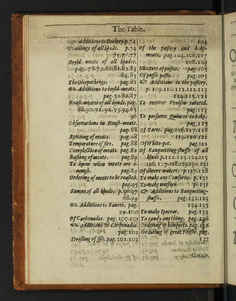 AdditionttoCookfiiy^y^]^ ; ^ ' 104 ^^. ^figsofallh^nJt. p.74 0/ the papery and h/^» 7^-7^‘77 JSoyld mats of all f^ndes, p^gv-7 8.7 p. 8 d.S i .8 2.8 3 ’ •*''1'' '84.85 the Oleopothrigo. pag. 8 2 •8^ Additions to boyld-mais. c i-t'!,.. p4g.%0.^6.%7 Roafi-meates of ail k^nds* pag. “ 88.90.5?i.92.^3.94.^'5 - ' . : . 96 Ohfervations in Roaft-meats. , rv ' > . 88 Spitting of meats. ^ pag.oS temperature of fire. pag.SS Completion of meats. pag.Sg Baftingofmeats, p^g.^^ to know vrhen meats are e- nossgb. p<tg.^9 Ordering of meats to he roafied. ^ ... A • »95 San^s^of all l^sds.yp.^^.^f 68.99 *8=3^ Additions to S'auc^. pag. Pp.TOO Of Carbonados, pag. icq. 101 ^'AddfiiMVchypnadds: • ?>■ pag, 1*02 Drepng offifi). pag. 102.10^ ' -- - V. : .OT r* * meats, pag.io^ic6.ioj 108.109 Mixture ofpafies. pag. 1 o 5 (^fp^fipafie. pag. 10$ ^ Additions to the paftery, p. 109.110.n1.112.113 ^ 114.115.121 t<> recover Fenifon tainted^ pagUi^ to preferve ^inces to bake. ‘ p(tg,l i^ of Tarts. pag.ii^.rty.iiS ’ • V V 119^110121 of white-pot. pag.\2 2 Of Baaquetting fluffe of all kinds.p,iz2.i 23.124.125 126.1:7.128.129.130.132 of divers waters i' p.\27.128 To makp any Conferve. p. 131 tomaksss>afferr- ' pn-^i -Additions to Banqueting- _ fluffpag. 132.123 134.135 to make Tpocras, pag. 133 To candy any thing. pae. Xjfi '6rdeHng of gredi Thlfv. ]Mg. ' H I '7 r* i%^ vVC' ■!?!i\M 2 ^