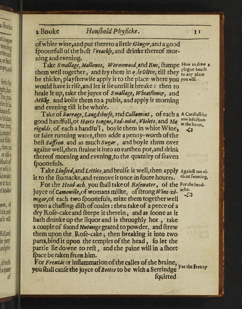 of white wine,and put thereto a little Git^ger^md a goad fpoonefullofthcbeft Treackle,2in<^ drinke thereof mor¬ ning and evening. Take Smallage, Mallowes^ Wormmeod^vadi Rue, ftampe How rodraw a them well together 3 and fry them in o jeOlive, till they Jo any^ph^^ be thicke^ playfterwile apply, it to the place where yon you win. r would have it rilcjand let it lie untill it breake; then to heale It up, take the juyce of Smllage, ivheatfiomr^ and ■ Milks, and boile them to a pultis, and apply it morning and evening till it be whole. Take of Burrage, Langdebeefe, and CalUmlnt, of each a a Cordbilfor good handfulljOt Harts tongue,Red-mht, Fiolets, And Ma i7hchetn rigolds, of each a handfu^l, boyle them in white Wine, ^ ^ * or fairc running watetjthen adde a penny-worth of the belt Saffron^ and as much Sugar, and boyle them over againe well,then ftraine it into an earthen por,and drink thereof morning and evening/o the quantity of feaven fpoonefuls. TAkeJJrjfeedyAudLettice^indbrmCe it well,ihcn apply Againft too vi> it to the ftomacke,and remove it once in foure houres. rweacing,. For the Head ach, you (hall take of Rojmater, of the Forthehcad- juyee of Camomile,ck womans railke^ of ftrong fVine vi- ftegar,o{ each two fpoonefuls, mixe them together well upon a chaffing- di(h of coales: then take of a peeceof a dry Role-cake and fteepe it therein, and as foone as it hath drunke up the liquor and is throughly hot, take a couple of found Nutmegs grated to powder, and ftrew them upon the Role-cake ^ then breaking it into two parts,bind it upon the temples of the head, fo let the partie liedowne to reft, and the paine will in alhort' (pace be taken from him. F or Frenzie or inflammation of the calles of the braine, ypu (hall caule the Juyce ofBeetes to be with a Serrindge ‘ ® fqi;irted ^