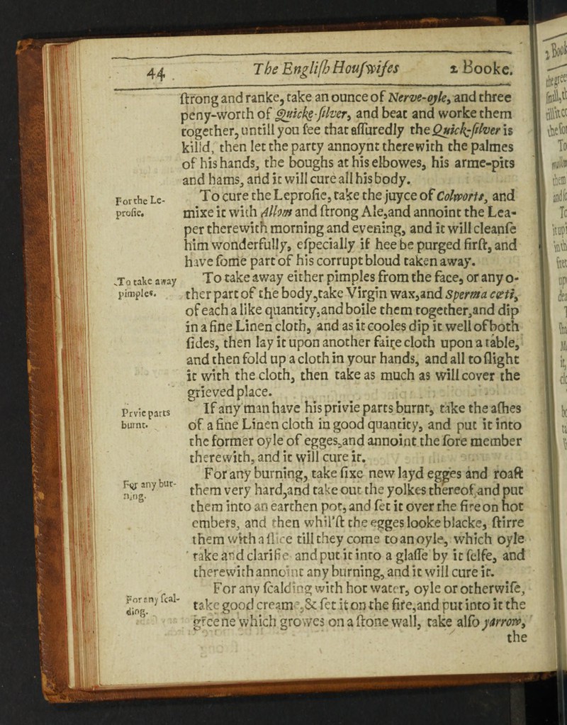 ftfong and ranke, cake an ounce of Nerve-ojky and three peny«worth of ^icke-pher^ and beat and worke them together, untill you fee that afluredly theQHkl{:fiheri$ killd, then let the party annoynt therewith the palmes of his hands, the boughs at his elbowes, his armc-pits and hams, arid it will cure all his body. For the Le- To cute the Leptofie, take the juyee of Colmrit, and profic. tnixe it with Alhm and ftrong Alcjand annoint the Lca- per therewith morning and evening, and it will cleanfe him wonderfully, efpecially if hee be purged firft, and have (bme part of his corrupt bloud taken away. .To tahe away To take away either pimples from the face, or any o- pimple*. ther part of the bodyjtake Virgin wax^and spema eoitiy of each a like qiiantityjand boile them together,and dip in a fine Linen cloth, and as it cooles dip it well of both fides, then lay it upon another faii;e cloth upon a rable, and then fold up a cloth in your hands, and all to flight it with the cloth, then take as much as will cover the grieved place. If any man have his privie parts burnt, take the aChes of a fine Linen cloth in good quantity, and put it into the former oyle of egges^and annoint the fore member therewith, and it will cure it. For any burning, take fixe new layd eg^’es and roaft them very hard,and take out the yolkes thereofand put them into an earthen pot, and fet it over the fire on hot embers, and then whil’ft theeggeslookeblacke, ftirre them wkh a nice till they come to an oyle, which oyle ■ rake and clarifie and put it into a glafle by it felfe, and therewith annoint any burning, and it will cure it. For any fcalding with hoc water, oyle or otherwife, take good cream’%& fee it on the fire,and put into it the gfeene which growes on a (lone wall, take alfoj'arrojVy ^ the Prvic parts burnt. any bur- n,ng. For any fcal- ding. .