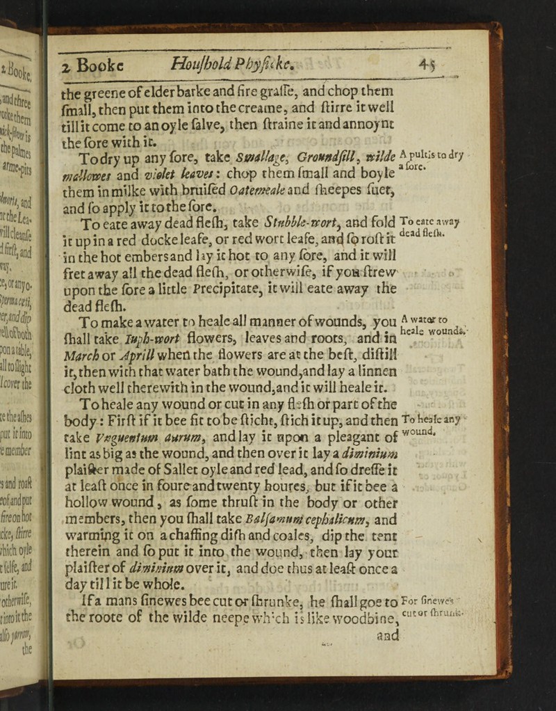 the greene of elderbarke and fire gralfe, and chop them fmallj then put them into the creame, and ftirre itwell till it come to an oy Ic falve, then ftraine it and annojrnt the (ore with it. To dry up any fore, take smaUage^ Groundjill^ A^uhistoary mllowct and vlekt kaves: chop them fmall and boyle them in milke with hmifed Oatemeakmd (heepes fuet, and fo apply it to the fore. To eate away dead flclba take Stnbhk-vport^ and fold Tocatcaway it up in a red dockeleafe,or redworcleafe^aB^fQroftit in the hot embers and l ay ic hot to any fore, and it will fret away all the dead flefh, or otherwife, if you ftrew upon the lore a little Precipitate, ic will eate away the dead fle(h. To make a water to heale all manner of wounds, you ^ , (hall take Juph-mrt flowers, leaves and roots, and in ^ March or Jprill when the flowers are at the beft, diftill if,then with that water bath the wound^and lay a linnen cloth well therewith in the woundjand ic will heale it. To heale any wound or cut in any flefh or part of the body: Firft if it bee fit to be flicht, ftich it up, and then Toheakany- rake Vfsytenium aarum^ and lay ic upon a pleaganc of lint as big as the wound, and then over it lay a dimmlum plainer made of Sallet oyle and red lead, and fo drefle ic at lead once in foure^and twenty houres, but if it bee a hollow wound, as fome thruft in the body or other members, then you fhall take Baljamtm cephdicMrn^ and warming it on a chaffing difb and coales, dip the tent - therein and (bput it into the wound, then lay yoor plaifter of dimhhm over ic, and doe thus at lead once a day till it be whole. Ifa mans finewesbeecutorfhrunke, he fhallgoe to For finev/c’? ‘ therootc of the wilde neepewh’ch i^ike and