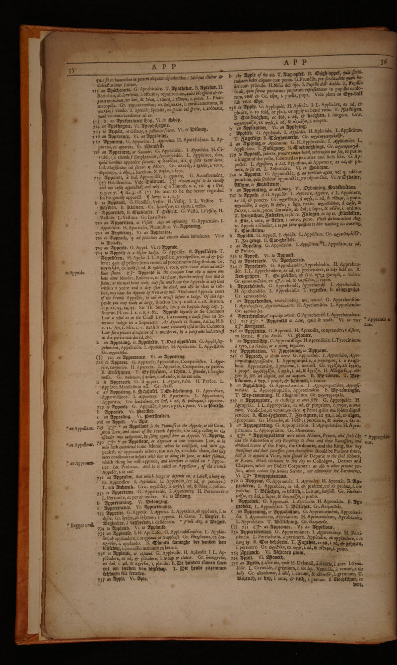 35 im ft ex humrihm w t«ia» ^ abfceffus tnter Latinos. macopola. Gr. ipafuctKOTraKyii, cx (p<«f//cixor, i. medicamcBtum, & ^w«,j.vcndo. I. SpecidlCjSpetidtejexjpecic veljpctie, i, aromata, quad sitomAtAVcndantiir ab es. ^ (I) b an 3!pot1i^ecartC0 {1)0P4 Vi. in jS)^op* 714 <7?; ^otljcame^ Vi. mpopbt^egme* ^ 71^ to SilppdiC, orciirmay,(j.p(j//i^^«wJ^W7/. Mu to JDutttap» 7<7» 3!pparancc* Vi. flw ^Sippearing* ■ 7 17 3lppat;ant« G. Apparent. I. Apparente. H. Aparclcicnte. L. Ap¬ parens, cx apparere. Vi. ^Spauifcft* ^ ^ 718 an Sdpparato?, er Sumer. G. Appariteur. 1. Apparitore. H. i- i^dor/Litando.) Etnplaxador, Aparefecdor. L. Appdntor, 6ns, quoddLines faciant. H Satdlcs, ms, q. fatis turn latus, icih Magifiratm cut fervit. ^ Afcen.^ Gr. rA«T«f,a 7[^AW7,i.Yoco, d})pyi?*£5»?,'a t/b'pUji. baculum, & 93p^®ji*fcio. 71« ^pparell, d Gal. Appareiller, i. apparare. G. Acouftrement, (t) HabiUem6nt. Vide d^rfrmcnt* (t) mrnen ought to be comely and not cofly apparelled, and why .* 1 Timoth. 1.9,1^. 3.3;/« 7. ^ lfa.3. itf. (t) No man to be the better regarded for his eoodly apparell. ^ James a. 1,2,55. b to ^ppatCll, G.Habiller, Veftir- H.Veftir. I. L. Veftire. T. 3feleiDcn, B. Itleehen, Gr. ii^a,i v^is. IPppateUeD* B. T.dbcfeleit. G.Veftu. irepno. H. the apple of T.»o0-apfd. B. a>o'BNppel, ?»iijW^ tudmmliiditOiolHiooiooom pomo.G.Prun^lIe,/ir» hum ptHnulo. H.Nina del 6jo. LFumM’ icM. L^Pup^a 6culi, qnk form parvarum puparum reprefentatur in pupilhso.c 0- Z/tidd & Gr! «>, i. pu4, pupa. V/de plura « epC-teH /t-U t!tfyeraff*olof,cx ad, & adapto. b an Application. Vi. an Applying. ADDlkitus C Applied. G. Applique. I. H. Aplicado. ^L^ppheatuJ. T. JJttSrtuSt. B. ^Co'csl^iettOCcit. Gr. d an T^^lipinz^or Applicam. C. H. Aip^hcaxion. 1. .Appltcatione. . AppUc^io T.^afuguns. B./®:oehoe0l)<ngCp 739 ffl Appoaft, jitborne, procure vndtr hand, whereupon w fay, po- to Appeale. , i- t J Veftido. L.Vcftitus. Gt.ina.v^fC. . • . t 710 <1» Appatttion, or appearing. G. Apparition. I. H. Aparicion, Phantafma. Yi. Appeating. 7x1 <2» Apparitoj. Vi. an Appavatoj. . 71Z to Appeach) q. ad. peccatum aut ermen ahum mtroclucere. Vide to Accufe. 713 an Appeale. G. Appel. Vi. to Appeale. ' 724 ro Appeale /0 a higher Judge, G. Appeller. B. Appelletett* T. AppeU^ren. H. Apelar. I. L. Appellare, pro adpcllare, ex ad ^ pel¬ lere ; quia eft pellere fuatn vocem ad pocentiorem Magiftratum. Gr. ©gf i;5cJ^4iw, ex cnfjf,!. ad, & xg.Kia>,i.\oco,quia vocat alium ad auxi¬ lium fuum. (t^ Appeale in the Common Law alfo is when one hath done Murder, Robberie, or Mayhem, ikwlfocw/ctf/to that U flaine, or the next heire male, may fue <i«dhaue the Appeale at any time within a yeerc and a day after the deed, and alfo be that is rob¬ bed, Twuy hU Appeale by Writ or by Bill. Which word comes of the Jrrench Appeller, to call or accufe before a Judge, Of this pcale yatf may reade at large, Brafton. lib. 3.traft. a. c.i8. Britton, cap. 22,23,24, aj. Sir Th. Smith, lib. 3. de Repub. Ang. cap. 3. Stawnc. Pi. cor. 1. 2. c. 6,7. &c. Appcale Ukcwife m the Common Law is vfed as in the Ciuill Law, i.aremomga caufe from an In- feriour ludge to a Superiour. .As Appeale to Rome, An.24. H.8. c. 12. An.i.Eliz.c. 1. But it is more commenlyvfedinxhcCommon hzvj for a priuateaicufatioHo^ a murderer, ly a partywbohadintereji in the partie murdered, &c. an Appealing. B. AppeUa'tie. T.IDasfappclliren. G. Appa,Ap- pclcmdit, Appelation. 1. Appellatidne, H. Apelacion. L. Appellatio. Gr. (t) an Appearance. Vi. an Appearing. 716 to Appeare. G. Apparoi'r,Appar6iftre,Compar6iftrc. l.Appa- rire, Comparm. H. Aparecer. L. Apparere, Comparere, ex parere. B. Crfch^nen. T. a^t-fthe'inen, d fcljetn, i. ^lender,i.bxx^x.- nelfe. Gr. ^turonax, a (pcuvB<>, i. oftendo, in lueem edo. u b Appellant. Appclour- ^ ««Approira^ ^ Beggeri'wA w it Appearetb. G. ll appert. I. Appdre, Fare. H. Parccc. L. '•'Apparet, Manifeftum ell. Gr. JiKH, c an Appeeiring. B. 5^cb9tt^cl• T.agr-fcbc}nttng. G. Apparence, Apparoilfancc. L Appavervx^. H. Aparencia. L. Apparentia, • Apparitio. Gr. hmpe^vM, ex c/m, i. ad, & appareo. 727 to Appeafe. G. Appaifer, i. paXji.pc<icc. Vi. ^o^acifie. b Appeafeo. Vi. f^actfieo. c an Appeaang. Vi. pacification. 728 an Appell. Vi. Aplc* . .A. • , , , , ^ 72-9 * 53^ * rm Appellant is the Vlaintiffe m the Appeale, at the Com. monLaw, n»ws of the French Appelcr,i.rtf caU,q.caUingon the offender into iudgement,by fuing againft him an Appeale. Vi, Appeals. 730 ^ Appellour, or Approuer in our common Law, it he whohath committed lome felonie, which he confeffeth, and now ap. pcalcth or approueth others, that is to fay, o.ccukih. them, that they were co&diutois or helpers with him in doing the fame, or other felonies, which thing he will approuc, and therefore is called an * Appro-'' uer. Lat. Probator. And be is called an Appellour, of the French Appeler,i./o call. 731 an AppenOij:, that which hangs or depends on, a LabeH, a hang-by. ^ G. Appendice. I. Appendice. L. Appen^x, (ex ad, & pendcrc.) T. eill AnbancU. Gr*. a oeyV,i. ad, &,3'j5x»,i.pofitio. 722 /0 Appertaine. G. Appartenfr. 1. Appartenere, H. Pcrtcnecer. L. Pertinere, ex per & tenere. Vi. to i3elong. b Appertaining. Vi. H^elonging. c Appertinence. Vi. Appurtenance. , , . . 7« Anoctite. G.At>petk. l. Appetito. L. Appetitus, appetere, i.w ^de^^e,Gr.o?^^/Gibop4;l^^«u,l. appeto. H.Gana. T.liaegier. B. ®egbee'rte, d begbcc'ren, i. defiderare. * ynde Ang. a l^egger. 734 to ApplauO. Vi. to Applaufc. ^ 73 r an ApplauCe. I. H. Applaufo. G. Applaudiffemcnt. L. Applau- {us,nb apv\iiudere,i.toapplaud,ortoapplaufe. Gr. ^»c^o7W«f,cx c/ot- i. applaudo. B. <lCfanien flaningbc ber bonpen ban blpfcbap, i. percuflio manuum cxl*titia,^ 73<5 to Ap^aufe, or applaud. G. Applaudir. H, Aplaudir. I. L, Ap¬ plaudere, ex ad, ^ plaudere, i. to clap or clutter, Gr. c/inxg^TE®, cx am. i. «d, & K^Tfoi, i. plaudo. B, 3De banben tfanten (laen tot m teechen ban bl^fcbap. T. b^Mbt ^o^ammen fc^asw fremien. 737 Vi. Aple. a knight of the pofte, fubornedia penuries and fuch like. G. poftcr. I. Appoftdre, d Lat. Appofitus,<ife Apponeic, ex ad, ^ ncre,/e/ei 0«. L. Subornkc. Vi.^UbO^we. 740 to Appoint.’ G. Appoinak,^^ jpundum, quia feribitur appoin.acr,prtfadpoinaer. Vi.^Jbaine, b «liiFimg. Vi. ®j6a(ii(ng,S»itbOftiition. 741 tt atonofe. 4 G.Appofer. 1. Aprmae,.1fpom L. Apponere, ex T. !^in5atbnn,5ttfttfeti,«i>r<t to. 5ttlcgcn,/fl :ffurfl:eUen ' a jpur, i. ante, ^ ftellen, 1. mitto, pono. Vnde dicmustUam Ang. to Appofe a fehoUer, \. to put fome queftion to bm touching his learning. B. (Eoe-ftellem , ^ ^ b Appofeb. G. Appofe. l.Appofto. L.Appofitus. Gr. T. 2»tt'0elest* r -r A r- 4 c an Appdfing' G, Appofition. l..Appoftuone> L.Appontio,ex ad, & Pofitio. 742 to Appofti Vi. to Appoaft. 743 an Apotecarie. Vi. Apotbtearie. 744 to Appjebcnb. G. Apprehendk,Apprehcndre. H. Apprehen- der. 1. L. Apprehkderc, ex ad, & prehendere, to take hold on. B. Acn-grbpen. T. Cr-graffen, ab Heb. garaph, i. trahere. Gr. Hg.7V.KA^Uvco, cx i. ad, & MyCdvco, i. capio. ^ b Appiebenbeb. G. Apprehende, Apprehend/. L Apprehenduto. H. Aprehendfdo. L. Apprehenfus. T> trgriffcn,^ B. UCngCgri^pt. Gr. \ r' c an Appj;Cbcnfion, vnderffanSng, wit, conceit. G. Apprehenuon* I. Apprehenjione, Apprehendimento. H. Aprehenfion. L. Apprchcnlio- Gr. }(^7uKnyliC‘ *rr A 1 ' d App3Cbcnfiac,o/<i qukke conceit. G. Apprehcnsif. L.Apprehensivus. (t) 745' App^entbS nt Uw, quid & vndc. Vi. in voce iC^ Sergeant. ../r 74<J an Appj’entiiB. G.Apprenti. H. Aprendix, exaprcndcr,i.rf.;jeeye, to Icarnc. y Tho. Smith. Vi. iJ^OttiCt. b an AtP^enti^ip. G.Apprentiflage. H.Aprendizia. L.Tyrocinium, d Vjxo,i.aFlouice,or a young begmner. 747 Approbation. Vi. ^pp.zotting, in Appjoue. 748 to Approcb, or drah neere. G. Approcher. l.Approccldre,Appre- pihqudrgfuipprojfimare. L. Appropinquaie, d propirupius, i. a neigh¬ bour. Approximare, d pfoxmm, i. neereft. Gr. €'»'i^«,ab iyyvf, i. propc. a osysfi. ad,& lyyi^o). H. AUegarfe,^. alli¬ gare fe, fell, ad aliquid, out ad aliquem. R 715p-cdmtnt T. %tf- bdmmen, d bep, i- propc, & bdtnmcn, i. venire. b an ApjJCidljing. G. Approchemenr. I. .Appropinquatione, Approfji- matibne. L. Appropinquatio, Approximatio. B. 113p-Co'niingbC* T. llEfCp-COmmung. H. Allcgamikto. Gr. ^nyyiapcif. 749 to Appropriate, to challenge to ones fefe. G. Appropficr. H. Apropriar. 1. L. Appropriate, ex ad, & proprium, i. proper, or ones owne. Vcndicare,ex venum,?*? dico. ^ IFcxot.q.dico me iblum dignu vendere. B.^Coc-dpgbcnen.T. ^tt cigncn, ex 3tl, i. ad, eigen» i.proprium. Gr. ic/loTreii», ab 1 ll©-, i.peculiaris, & facio. b «1» Appropriflting. G. Appropriation. 1. App'optiatibne.hrLA^ro-' priacion. L. Approprikio. Gr. i:Ao7n>/Hc7f. c * Appropria'tionjBf were when Abbots, Priors, and fuch like had the Aduowfon of any Farfonage to them and their Succefors, and obtained licence of the Pope, the Ordinarie, and the King, that they tbemfelues and their Jlicceffors from thenceforth fhould be Parfons there, and Jo to appoint a Vicar, who fhould be Dcputic to the faid Abbots, or Priors, tf'hich continues to this day to CoUedges, Deanes and Chapters, which are Bodies Corporate i as aljb to other priuate per- fins, which cannot fay Dluine Seruke, nqr adminifter the Sacraments. Vi. 31mpropriation)0. 7^0 to Approne. G. Approuuk. I. Approudre. H. Aprouar. B. Aps: probken. L. Approbare, fx ad. S' probare,re/ cx probus, i. z;ir probatus. T.’JtSmiCljcn, cxbrtlicb,i* licitum, Gr. ^dbxi- ex c^ni, i. fuper, & Jhiupid^et}, i. probo, b App^o'neb. G. Approuue. I. Approudto. H. Aprouado. B. Ap* P^Obdet* L. Approbkus. T. ^tllicljet. Gx.JhKjyetSuc, c an AppjOtting, or Approbation. G. Approuucment, Approbati¬ on. I. App'ouamento, Approbatione. H. Aprouamiento, Aprobacion, L. Approbatio. T. llBtlltChung. Cx.^bKiputeite. (t) 751 ir^ ^««Apprcottec. Vi. 4» Appellour. 73X Appnrtenance0. G. Appartcnkicc. 1. Appartenen':^. H. Perti- ncncia. L. Pertinentia, « pertinere. Appendix, «b appendere, i./fl hang by. B. Coe-beljciorte. T. 5ttge^?,<x3tt,i.ad, ^oAdicn, i. pertinere. Gr. «j|f^^K»,ex ©«f,i.ad,& Ti^wa, pono. 7J3 Vi. Abiicocfe pium. ^ 7H AprilU Vi. 75^ an Ap?0tt,g.4/crc«»c,r»dc H.Delantk, ade/i«/^,i.ante. I.Grcw- bidle. L. Gremiale, d gremium, i. the lap. Ventrale, d venter, i. the belly. Gr. a «fe»*, i. circum, & i. gremium. T. 51lo>tttC^, ex ttph i. ante, & tuc^, i. pannus. B, ©odrfd^oot, ex lumh * Appreniis Law. * Approprlid- ons.