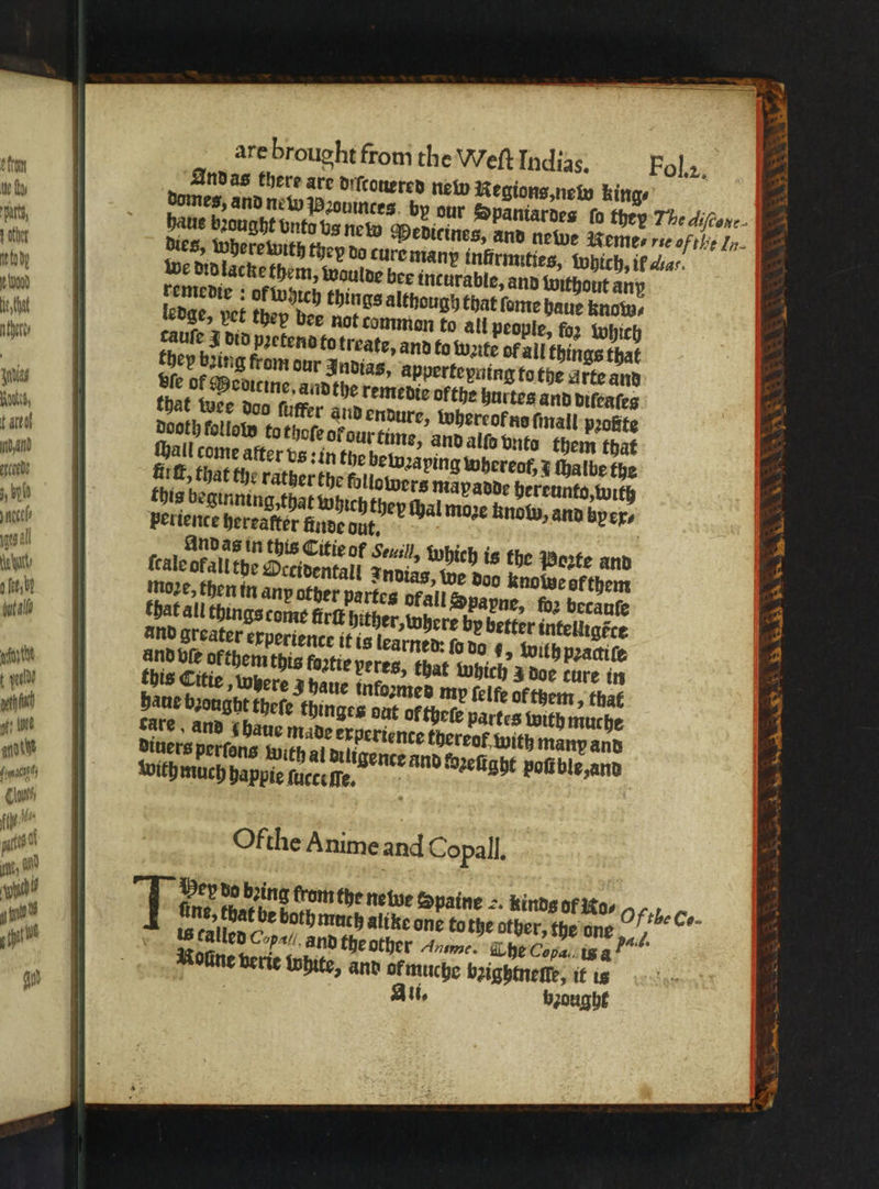 We b part, t other dy c ed ie that L nies oats, t artot 5 and arceede by yarccel ints al hut i foes bY but alo with 1 uth ft Gt! {pte andi mch Cane, f le lis d nt fd w 1 55 1 a are brought from the Weft Indias, Fol.2, And as there are orfconered new Regions, new king⸗ haue bꝛought vnto bs new Medicines, and newe Reme⸗ ric of the In. dies, where with they do cure many infirmities, which, il dias. we did lacke them, waulde bee incurable, and without any remedie: of which things although that ſome haue know⸗ ledge, pet they bee not common to all people, fo2 which cauſe J did pꝛetend to treate, and to write of all things that they bꝛing from our Indias, appertepning to the arte and fe of Medicine, and the remedie ofthe burtes and difeates that wee doo fuffer and endure, whereor no ſmall pꝛofite dooth follow to thoſe of our time, and alſo vnto them that Mall come after vs: in the bewꝛaying whereot, I ſhalbe the fir ſt, that the rather the followers Mapadde hereunto, with thig beginning, that which they ſhal moꝛe know, and byex⸗ 5 diuers perſo with much Dey do bꝛing from the neue Spaine =. kinds of Mo⸗ Of the C.. fing, that be both much alike one to the other, the one id As called C/ and the other Anse. Che Copa. is a Moline verie White, and ol muche bꝛightneſſe, it is Au i. bought eee. oa den n *