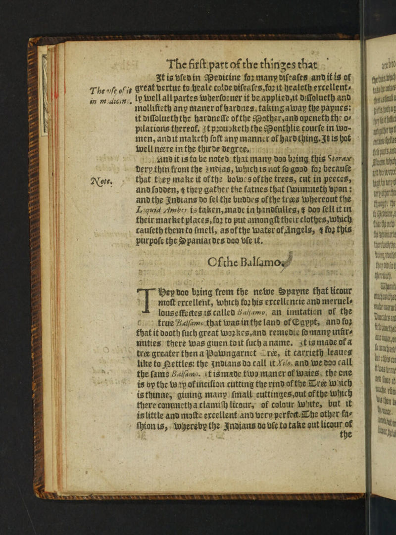 YRS ATS OY It is vſed in Medicine foꝛ many bifeates and it is of in main. ly well all partes wherfocner it be applied, it diſſolueth and mollifieth any maner of hardnes, taking away the papnes: it diſſolueth the hardneſſe of the Mother, and openeth the o⸗ pilations thereof, it pꝛouoketh the onthlie courte in wo· men, and it maketh (off any manner of hardthing. It is hot well nere in the thirde degree And it is to be noted that many doo bing this Storax bery thin from the ndias, which is not ſo good for becauſe that they make it ofthe bowes okthe trees, cut in peeces, and ſodden, € they gather the fatnes that lwimmeth vpon: and the Indians do fel the buddes of fhe frees whereout the Ligud Amber is taken, made in handfulles, ⁊ dos ſell it in tauſeth them to ſmell, as of the water of, Angels, ¢ * this purpoſe the Spaniar des doo vie it. Oſche Ballamos Mey doo ‘Wine from the newe Spapne that litour moſt excellent, which foꝛ his excellentie and meruel⸗ louseffertes is called Sa/jamo, an inutatien of the true Balſamo that was in the land of Egypt, and foz that it dooth ſuch great woꝛkes, and remedie ſo man inür⸗ mities there was giuen to it ſuch a name. t is made ot a tre greater then a Pawngarnct re, it carrieth leaues like to Hettles: the Indians do call it , and we doo call the fame Bad. it is made two maner of waies the one is by the wp ok inciſion cutting the rind of the Tree wh there commetha clamiſh licour, of colour Winte, but it is little and maſte excellent and very perkeg. The other fae fhion is, whereby the Indians do vſe to take aut 2 9 e abr sols al tba ttf Matz pt ete elle ts an bas tye ar beyiennee beatin anya anyother in though: the cane Arcs fhe meld Che pana etch Mr W Melih hen it tachasita mae atu Dudes an Acti tat Oita gg bmnchnd lu sthi eo Was bene Ot fice if mache ht sth b Wray, Unt nal