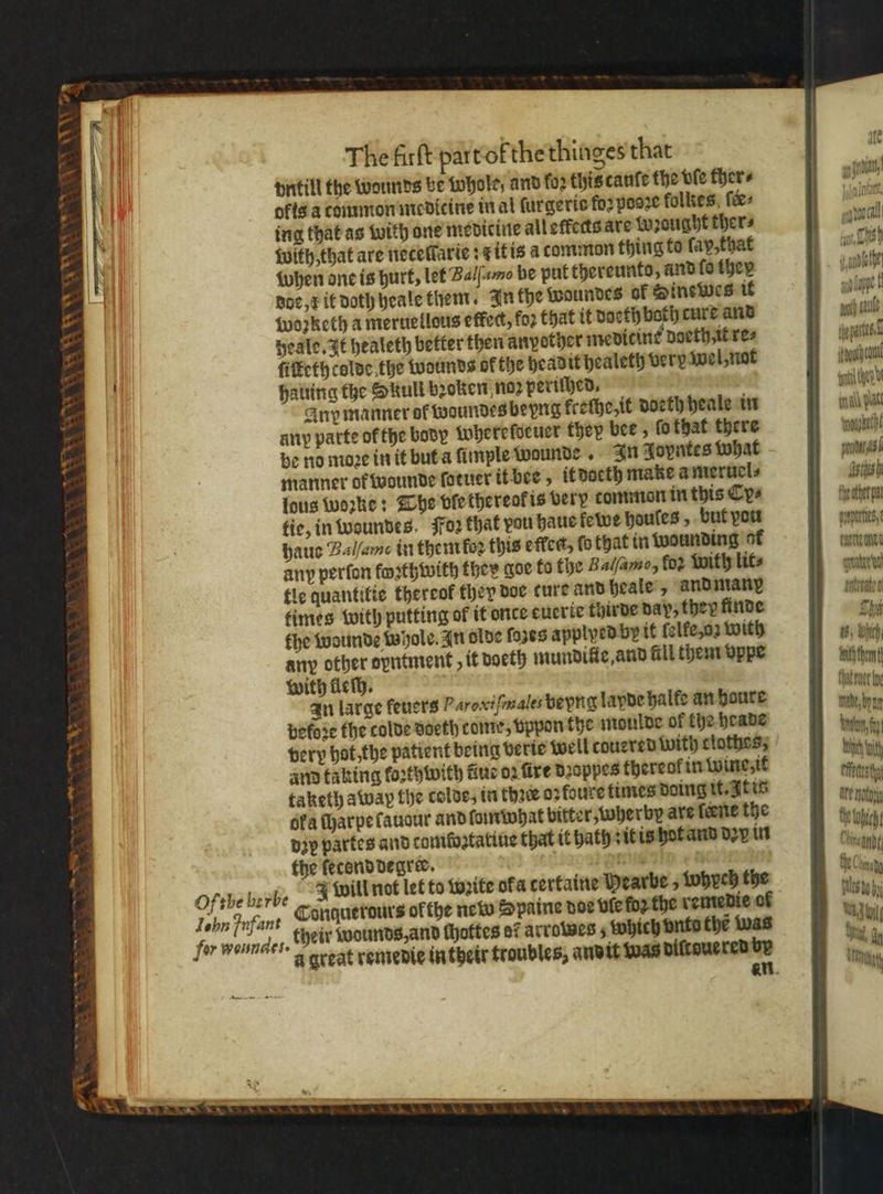 STUNT The firſt part of the thinges that vntill the wounds be whole, and fo2 this cauſe the vſe thers okts a common medicine in al ſurgeris foꝛ posze folkes ſer⸗ ing that as with one medicine all effects are wrought thers with, that are teceffaric ; x it is a common thing to ſap, that when one is hurt, let Balſamo be put thereunto, and ſo ther iat dos, x it doth heale them. In the waundes of Dine wes it ale woꝛketh a meruellous effect, for that it doeth both cure and wth cal heale. It healeth better then anyother medicine doeth, it re⸗ dna ſiſtethcolde the wounds of the head it healeth very wel, not Bric hauing the Skull broken no2 periſhed. Baw Any manner of woundes beyng kreſhe, it doeth heale in al pan any parte of the body whereſdeuer they bee, ſo that there Bo be no moe in it but a ſimple waunde In Joyntes what is manner ok wounde ſotuer it bee, it doeth make a meruel⸗ Fatah lous wozke: The ple thereok is very common in this Cy⸗ Ba tie, in weundes. Foꝛ that vou haue ewe houles, but vou vvntties haue Balfamc in them fo2 this effcrt, ſo that in wounding of J cuereonen any perfon foꝛthwith they goe to the Balſamo, for with lit⸗ mee fle quantitie thereof they doe cure and heale, and man nntieated times with putting of if once euerie thirde day, they finde N Shy the wounde whole. In olde ſozes applyed by it (elfe,o2 with as, Wich any other opntment, it doeth mundilie, and Gl them vppe chen with lleſh. } tne an large feuers P ſmales be yng layde halte an houre Aide, an before the colde doeth tome, Bppon the moulde of the heade wie fy very hot, the patient being verie well couered with clothes, bet and taking foꝛthwith fue oꝛ fire dꝛoppes thereof in wine, it itty taketh atway the colde, in three oꝛfoure times doing it. It it ate ny : ofa ſharpe laudur and ſomwhat bitter, wherby are ſeene the the thi dzy partes and comfoztatiue that it bath it is hot and dex in Cnc ; the feconddegre:. Une fe . J will not let to waite ofa tertaine pearbe , wyych the wee Conquerors ofthe new Spaine doe ble forthe remedie of * Whi their wounds, and chottes or arrowes; which onto the was mi a great remedie in their troubles, andit was diltaue red by i an W \ AS et Aw CE Se * ™ +h 1 * Of the herbe Jahn Frfant for woundes