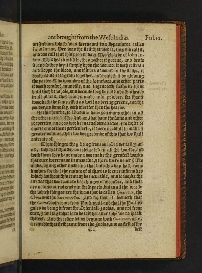 : Uther fle ty oh ter ig ta Fp tat Ci a oy f inert if bath cur’ and id docthitres ery wel jot doit hende wt „chat there Jones what eam, Mints Cy utes , but you wounding of TA fut ht lp, anata) wap hep finde falle g; Wah fil hewn oppe palfe an hot e ofthe habe vith ache dame tein th Ft parr ae Ani are brought from the Weſt Indias. an Indian, which was Seruaunt toa Spaniarde called Iohn Iufant. Mee was the firſt that vſed it, they did call it, and doo call it at this pꝛeſent day: The Hearbe ok lohn In- fant. This hearb is little, they gather it greene, and beate if, and fo they lap it ſimply vpon the wound: it doth reſtrain and ſloppe the blood, and il it bee a wound in the fleſhe, it dooth cauſe it to grow together, and healeth it by glewing the partes. The woundes of the Sinewes, and other parts it dooth tomfozt, mundiſie, and ingendꝛeth fleſhe in them vntil they be whole, and becauſe they do not finde this hearb in all places, they bꝛing it made into poboder, fer that it woozketh the fame effect as well as beeing greene, and the pouder, as ſome fay, doth it better then the hearbe. As this hearbe, fo like wiſe haus poumany other in all the other partes ofthe Indias, that haue the lame and other ꝛoperties, and doo woꝛke maruelous effectes: ¢ to write of euerie one of them perticulerlp, it were needfull to make a greater volume, then we doo pꝛetende of this that we tall entreate of, Chꝛod thinges they bꝛing from our Deeidentall Indi⸗ as, which at this dap be celebzafed in all the woꝛlde, and with them they haue made e doo make the greateſt works made, by any other medicine that vnto this dap bath brene known, fo2 that the nature of al thꝛee is to cure infirmities which without this remedy be incurable, and to woꝛke the effectes that doo ſerme to bee thinges of woonder, and theſe are notoꝛious, not onely in theſe parts, but in all the world: the which thinges are the wod that is called Guasacan, the China und the Sarcaparillia. And fo2 that it ſeemeth that the Cbina dooth come from Poꝛtingall, and that the Poꝛtin⸗ gales do bꝛing it from the Oꝛientall Indias, and not from aurs, I wil (ay what is to be ſaidheraſter whẽ we do ſpeak thereof. And therefore let vs beginne with Gaiacan, ds of à remedie that irk came from 2 Judias, and as firſt 1165 2, 2 2 ee 5 ed ce 1 a = Seines. . — 4 ox a Ware, x a 4