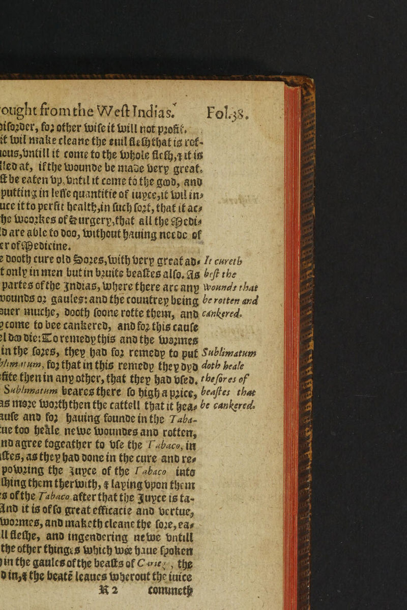 ought fromthe WeftIndias. Fol. 38. iſoꝛder, foʒ other wiſe it will not pꝛoſik. it wil make cleane the euil tleſhthat is rot ous vntill it come to the whole Aicth, z it is led at, ifthe wounde be made very great. Tbe eaten vp. vntil it came to the god, and putting in lene quantitie of iupce, it wil in⸗ uce it to perfit health, in ſuch ſoꝛt, that it ac⸗ ho Weoꝛkes of Lurgerp, that all the Bevis d are able to doo, without hauing neede ol erofchedieine. 2 Dooth cure old Sores, with very great ad⸗ I curetb t only in men but in bꝛuite beaſtes allo. ag 6% the partes of the zndias, where there arc anx wounds that vounds o2 gaules: and the countrep being Ce rotten and zuer muche, dooth ſoone rotte them, and cankered. come to bee cankered, and foꝛ this cauſe da die: Toremedpthis and the wozmes in the ſozes, they had for remedy to put Sublimatum ns itum, fog that in this remedp they dyd doch heale lite then in any other, that they had vſed. he ſor es of Sablunatum bares there ſo high a pꝛice, beaſtes that 1S moꝛe Wozththen the cattell that it hea⸗ be cankered. une and foz hauing founde in the 72ba. ue too heale newe woundes and rokten, ndagree fogeather to vſe the Tabaco, in tes, as they had done in the cure and res powꝛing the quyce of the Labaco into thing them therwith, ¢ laping vpon them 8 Of the Tabaco.after that the Juyce is ta- And it is off great efficacie and vertue, woꝛmes, and maketh cleane the foe, eas U fleſhe, and ingendering newe vntill the other thinges which wer haue ſooken in the gaules ofthe beaſts of Coe, the d in, z the beatẽ leaues wherout the iuice K 2 commeth Ane ie ie