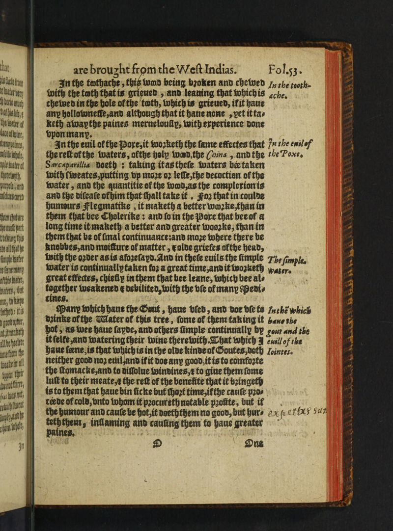 iat In the tothache, this wan being broken and chewed 7, she roosh- Coat ery with the tooth that is grieued, and leaning that which is he. Dictvnnh che wed in the hole ol the toth, which is grieued, ifit haue ache . any hollownelle, and although that it haue none, vet it ta⸗ eber Reth awaypthe paines merueloullp, with experience done liivaloinn, ] vpon manp. Ge amps, In the euil of the Pore, it woꝛketh the fame effectes that jx the enilef nilothee, the reſt or the waters, ofthe holy wod the (Hina, andthe he Poxe. leute Sercaparilluu doeth : taking it as theſe waters ber taken thvtotayth, . with ſweates, putting vp more oz leſſe, the decoction of the gu d : water, and the quantitie of the wd, as the complexion is nchen and the diſeaſe olhim that hall take it. Joꝛ that in coulde . humours Flegmatike, it maketh a better woꝛke, than in mt them that bee Cholerike: and ſo in the Pore that ber ol a end long time it maketh a better and greater wooꝛke, than in anch them that be ot ſmal continuance:and moje where there be ile KRnobbes, and moiſture of matter, xolde grieles ofthe head, ſumebner with the oꝛder as is aforefayd. And in thele euils the ſimple 7 fimplee coment Water is continuallptaken foz a great time, and it wozketh er. ichn, Kreat etkectes, chiefly in them that bee leane, which bee als Miez, tu 1 weakened ¢ debilited, with the ble ol many edie ebe ines. 5 5 the: 1 4 Man which haue the Gout , haue bled, and doe bie to Int hẽ which denden, dzinke ar the Mater of this tree, ſome ol them taking it bane she muh bot, as twee haue ſapde, and others ũmple continually by gent and the ieh it ſelle, and watering their wine therewith That which J euill of the wellen he haue ſeene is that tan is in the olde kinde ol Goutes, doth Jointes. ene n babein ul neither good noꝛ euil and if it dos any good, it is to comfozte iu er the ſtomacke, and to diſſolue windines, x to giue them ſome gallen, nut te their meate, the ret of the benefite that it bꝛingeth baba is to them that haue bin ficke but thopt time, ikthe cauſe pꝛo⸗ 1 tende of cold, vnto whom it pꝛocureth notable pꝛoũte, but ie 4 ban the humour and caule be hot, it doeththem no good, but hur⸗ „fe H 547 nis keththem, inflaming and cauüng them to haue greater paines. N * O Ons