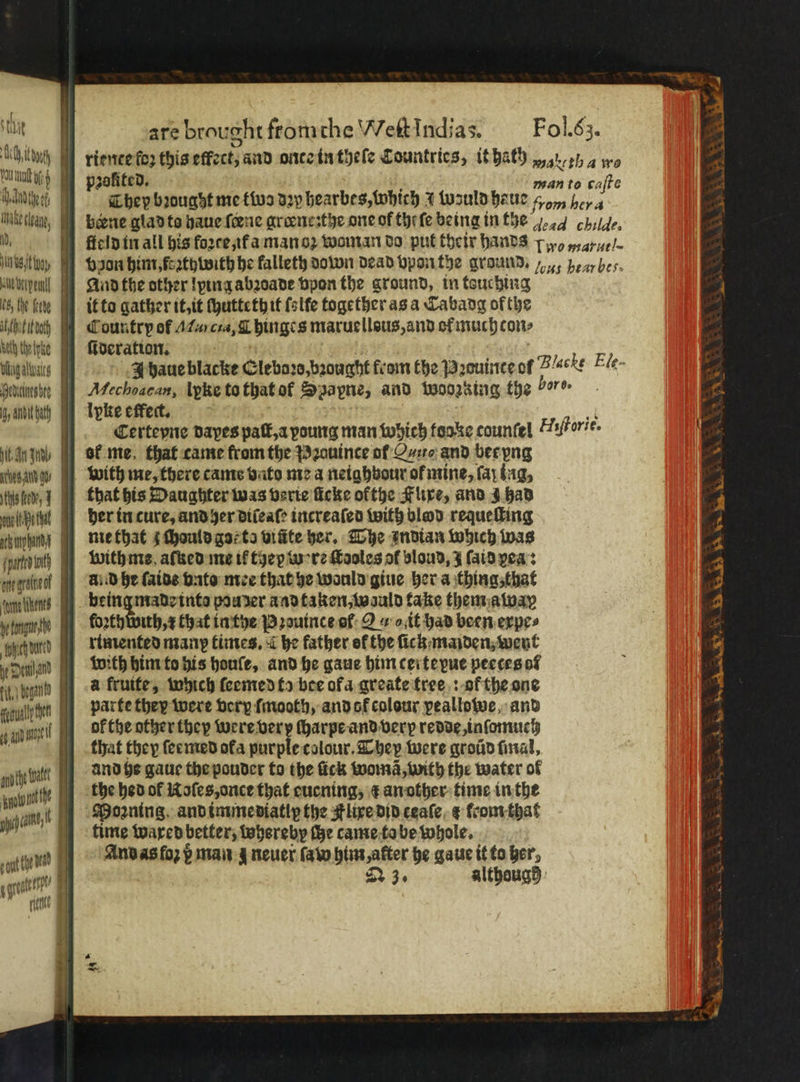 5 thie chi ba PO al ih Mien id, V8 to 08; fhe feede abe au g/ ack np han tunit ch bated are brought from che WettIndias. Fol. sz. pꝛolited. man to caſte They bꝛought me tivs dꝛy hearbes, which 1 wzuld haue from her a bene glad to haue {ene groene:the one of the ſe being in the %% childe. And the other lying abꝛoade vpon the ground, in teuching it to gather it, it ſhutteth it ſolfe together as a Cabadg of the Country of Au cia, ¶hinges maruellsus, and of much con ſideration. J baue blacke Eleboꝛs, bꝛought from the Pꝛouinte of Yacht Ele. Mechoacan, ipke to that of Hayne, and working the bore. Ipke effect. 0 Certeyne Daves pal, young man twhich foo e countel LTaſtorie of me. that came from the o ꝛauince of Qn and bee ng her in cure, and her diſeaſe increaſed with blad requeſting with me aſked me tf tgey were ſtooles of bloud, 3 ſaid yea: ald he ſaide vnto mee that he would giue her a thing, that being made into pou der and taken, would fake them away with him to his houſe, and he gaue him certepue peeces of a frutfe, which ſeemed to bee ofa greate tree: of the one parte they were very ſmooth, and ok colour peallowe, and ok the other they were very ſharpe and very redde, inſomuch that they ſee med ofa purple colour. They were groũd ſmal, and he gaue the pouder to the fick woma, with the water of the bed ol Roſes, once that cucning, ¢ an other time in the Moꝛning and imme sdiatly the Flixe did ceaſe ¢ ſcom that time waxed better, whereby fhe came to be whole. And as ſoʒ p man 3 neuer ſaw him, akter he gaue it to ber,