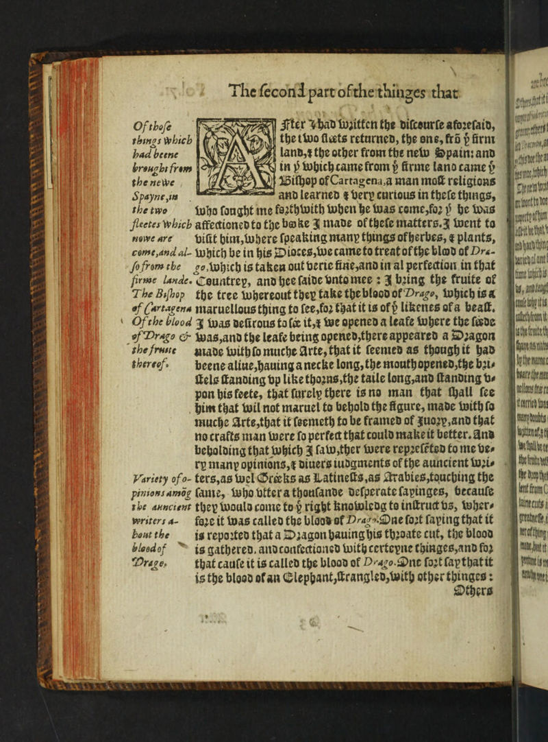 SSAA INV \ &gt; things which | the tivo fleets returned, the ons, fro p firm had beine [NM land, ꝛ the other fromthe new Spain: and broughs from | &lt;i&gt;, Ty tt y which came from firme land came p; the ne we § GON Biſhop of Cartagena, a man mok religions Spayne, un And learned € Very curious in theſe things, the two who fonght me foꝛthwith when he was come, foꝛ h he was fleetes which affectioned to the bake J made of theſe matters. J went ta nove are biſit him, Where ſpeaking mann things okherbes, ¢ plants, come, and al- Which be in his Diotes, we came to treat of the blood of Dra- ſo from the go, Which is taken out verie fine, and in al perfection in that firme lande. Csuntrep, and hee ſaide vnto mee: J bꝛing the fruite of The Biſhop the tree whereout they take the blood ol Drago, which is a of ( artagena maruellous thing to ſee, foꝛ that it is of h likenes ofa beaſt. Of the blood J Was deſirous to ſ it, ĩ we opened a leafe where the fede the frute made with ſo muche Arte, that it ſeemed as though it had thereof. beene aliue, hauing a necke long, the mouth opened, the bats ſcels ſtanding vp like thoꝛns, the taile long, and ſtanding v⸗ pon his feete, that ſurely there is no man that thall fee him that wil not maruel to behold the figure, made with fo muche Arte, that it ſeemeth to be framed of zuoꝛp, and that no crafts man were fo perfect that could make it better. And beholding that which 3 ſaw, ther were repꝛeſẽted to me ber Variety of o- ters, as wel Gre ks as Latineſts, as rabies, touching the pinions amog lame, Who bttera thouſande deſperate ſapinges, becauſe the auncient they would come top right knowledg to inſtruct vs, wher⸗ writers a- fare it was called the blood st Drago. One fort ſaping that it bout the is reported that a Dzagon hauing his thꝛoate cut, the blood bloodof is gathered. and contectianed with certepne thinges, and foz Drage. that cauſe it is called the blood of Drazo.Dne ſoꝛt ſaythat it is the blood ol an Elephant, ccrangled, with other thinges: Others Sr nden lan 2 Tron u, a tani lop itis cet rami