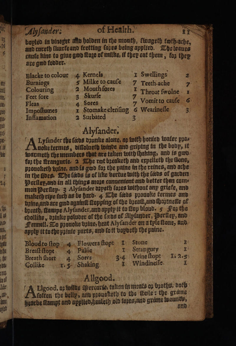- of Health. bopled in bineger and holden in the mouth, finageth twih ache, and cureth lkurle and kretting ſozes being applied. The leaues cauſe kine to giue god froze of milke, if they eat them, loꝛ thep are ged fonder. Blacke to colour 4. Kernels 1 Swellings 2 Burniogs 5 Milketocaufe 7 Teeth-ache 75 Colouring 2 Mouth ſores 1 bree ee Feet fore 3 Skurfe 1 Fleas 4 Sores ; Vomitto caufe 6 Impoſtumes x Stomake clenſing 6 Wearineſſe 3 Inflamation 2 Surbated 3 Alyfander. A Lyfander the (ede dzunke alone, oz tofth honied waler pros koꝛ the ſtrangurie 2 The rot bꝛeaketh and expelleth the Gone, pꝛouoketh vꝛine, and is gad foꝛ the paine in the reines, and ache Perllep, and in all things moze connentent and better then com⸗ mon Perſlep. 3 Alyfander vapeth loꝛes without any gttefe, and tnaketh ripe ſuch as be hard · 4 The fabs pꝛouoke termes and breath, Gampe Alyſander, and apply it to ſtep bloud. 5 Foz the chollike, deinke poluder of the fens of Alylander, Perley, and Fennell. To provoke bꝛine, heat Aly ſander on à tyle ſtane, and Bloudto ſtop 4 Flowers ftept 1 Stone 1 Breaſt ſtopt 4 Palſie 1 Strangury 1 Breath hort 4 Sores Vrine ſtopt I. 2.3 Collike 1 5 Shaking. 1 Windineſſe I Allgood. ſolken the bellp, are pꝛouoheth to te wle: the grene „ &gt; * * * - . 99 — “ . * a.” — ee . — - ̃ ee ay Pe on TCC Ee eS — : ee = = — . — — 7 2 we — a rae 2 * — 4 Z 6 3 —— — — — &gt;