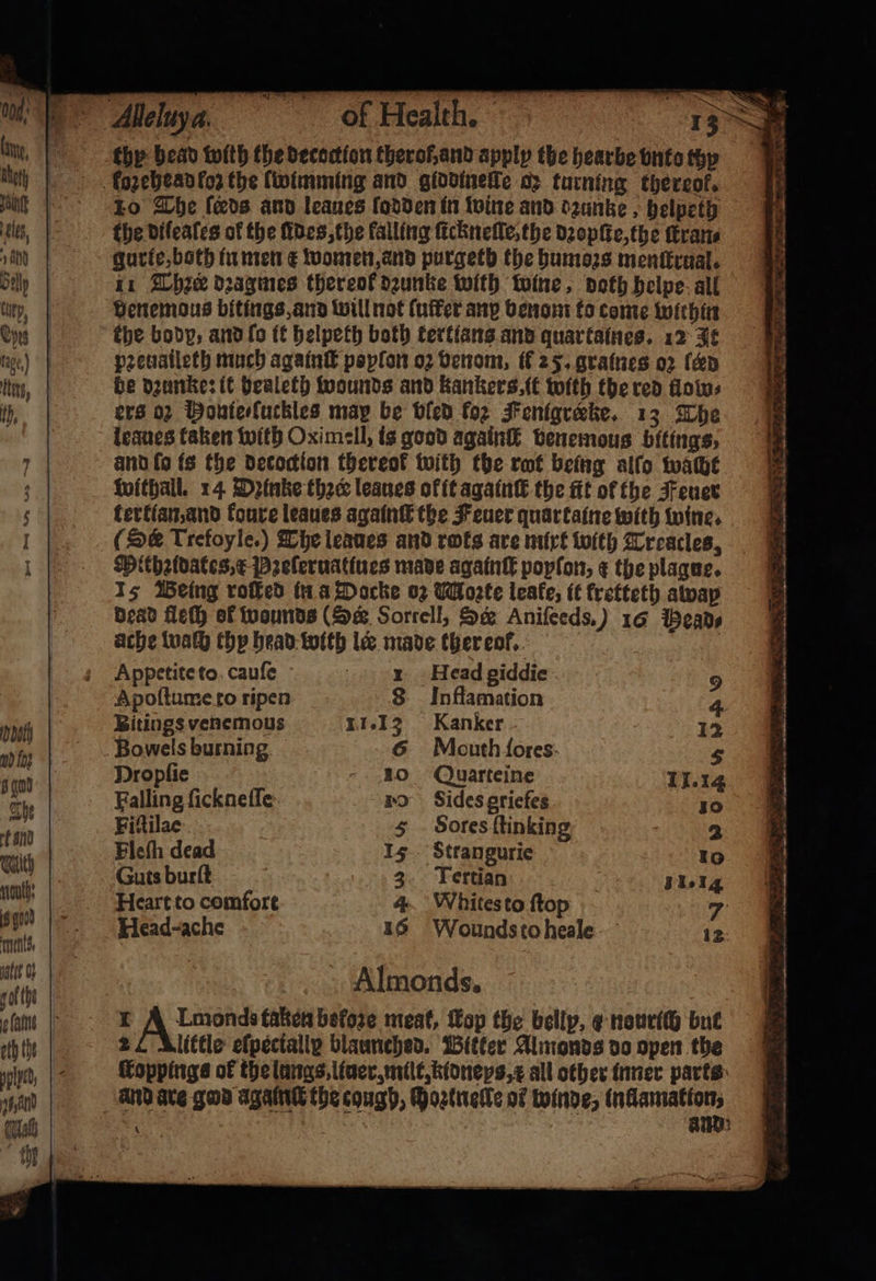 8 — * Be E&gt; Alleluya. “of Health. 2 15 ay, thy bead with the decoction therof,and apply the hearbe vnto tp they kozehead fo? the lwimming and giddinefie oꝛ turning thereof. Aft Lo The feds and leaues ladden in wine and ozunke, helpeth eln, dhe dileales of the fides, the falling ficknefle,the dꝛopſte, the ſkran⸗ 19 gurte, both in men k women, and purgeth the humoꝛs menſtrual. Mf Stily | 11 Shee dꝛagmes thereof dzunke with woine, doth helpe all a thep, | Vertemous bitings, and will not ſuffer anp benom to come within 5 Cys | the body, and fo it helpeth both tertians and quartaines. 12 It Js tage) | pꝛeuaileth much again paplor oz venom, if 25. graines oꝛ (ad 5 Hun, be dzunke: it bealeth wounds and kankers⸗ it with the red fllow⸗ th, | ers o: Wouterfuckles map be bled for: Fenigrete. 13 The : leaues taken with Oximell, is good again venemous bltings, ; ’ and fo is the detoction thereof with the rot being alſo wacht 5 3 withall. 14 Dꝛinke thec leaues of it againſt the fit of the Feuer 1 5 terkian, and koure leaues againſt the Feuer quartaine with wine. | 1 (Ser Trefoyle.) The leaues and rots are mixt with Treacles i |. Petthzidates,æ Pꝛelſeruatiues made againſt popſon, t the plagne. Is Being roſked in a Docke oz Moꝛte leake, it fretteth alwap 5 dead fleſh of wounds (Sez Sorrell, Se Anifeeds.) 16 WPeads 1 ache walh thy head with lee made thereof... 1 Appetite to cauſe 1 Head giddie 59 « Apoſtume to ripen 8 Inffamation a 4 | Dont Bitings venemous 11.13 Kanker 12 £ un - Bowels burning 6 Mouth ſores 85 ff § qo Droplie 10 Quarteine 11.14 1 he Falling ſickneſſe no Sides griefes 10 an Fiſtilae 5 Sores ftinking, 2 wut Flefh dead 15 Strangurie 10 k nt Guts burſt 3 Tertian 11.14 | un Teart to comfort 4. Whites to ſtop 7 «= 100 Hlead-ache 16 Wounds to heale 12 100 Almonds. ofa I A Lmonds taken before meat, Kop the bellp, ¢ nouriſh but ath the | 2 Alittle efpecially blaunched. Bitter Almonds do open the ohn, kkoppings of the lungs liner, mit kioneys, x all other inner parts 15 and ave god again the cough, Mozeneſle of winde, inllamation, dal ate | and ft Je *
