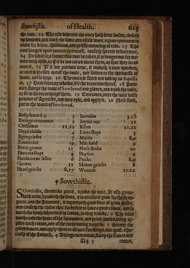 Southiſtle. of Health. 613 the root. 12 Cheoile wherein the roote hath bene boiled cloleth bp wounds and with the fame and a litle waxe, a good oyntment is made for kibes, chilblains, and grieks comming ok cold. 13 The root banged vpon women in trauell, cauleth ſpeedie deliuerance. 14 In what fort ſoeuer this root be taken, it is dangerous for wo⸗ men with child oꝛ ik it be but caried about them, oz that they tread duer it. 15 Ik it bee put into wine, it maketh a man dzunken, a iuice is pꝛelled out ot the rote, and lodden to the thickneſle of honie, and lo kept. 16 Che rote is flicen and laid vp as S quilla is. 17 Pead ſoꝛes, oꝛ whelks, ble the decoction therok. 18 Jaume bies,ampe the roote of Sowbread and gladen, and drink the tuice, o fit in the decoction of them. 19 Emerodes, mixe the iuice with powder of Agaricke, and hote oyle, and applyit, 20 Mole ſtink, put in the water of Sowbread. 5 Belly bound o 5 laundies 3.18 Bitings venemous 2 loynts out 11 Chilblane 11.12 Kibes 11.12 Dead childe 4 Luer ſtopt 3 Qq 3 rookes, as pets Sey Ca hese Sea ee eh RG tT ea eS ae 8 2. oar ot att elk 2 * — PIERRE DIA =~ Mae Babi —