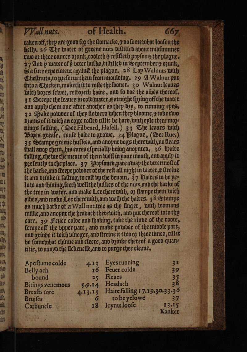 taken of, they are good fo2 the fomacke, e do ſome what looſen the belly. 26 The water of greene nuts diſtilled about midſummer tivo oꝛ thꝛee ounces dꝛunk, caoleth e reliſteth popfon e the plague. 27 And p water of ö vtter huſks, dictilled in September ¢ drunk, is a ſure experiment againſt the plague. 28 Lay Walnuts with Cheſtnuts, to pꝛelerue them krommoulding. 29 A Walnut put into a Chicken, maketh it to roſte the looner. 30 Walnut leaues with bores ſewet, reſtoꝛeth haire, and fo doe the aches thereof, 31 Steepe the leaues in cold water, c at night (pring off the water and apply them one after another as they Dap, to running eyes. 32 Make powder of they flowers when they bloome, e take two dꝛams of it with an egge roſted tillit be hard, with oyle thꝛee moꝛ⸗ nings faſting, (Sec Filbeard, Haſell.) 33 The leaues with Boxes greale, caule haire to growe. 34 Plague, (See Rue,) 35 Stampe greene hulkes, and anoynt dogs there with, no fleacs thall anop them, his eares elpecially being anoynted. 36 Maire falling, chewe the meate of them well in your mouth, and apply ie pꝛeſently ta theplace. 37 Poyſoned, pare away the vttermoſt of the barke, and ſteepe powder of che reft all night in water, x ſtreine it and dꝛinke it kaſting, to caſt vp the venom. 37 Haires to be pe⸗ low and ſhining leeth wellthe hulkes of the nuts, and the bar ke of the tree in water, and make Lee therewith, oz ſtampe them with alhes, and make Lee there with, and wath the haires. 38 Stampe as much barke of a Wall nut tree as thy finger, with womans milke, and anoynt the headach there with, and put thereok into thy gare, 39 Feuer colde and ſhaking, take the rinde of the roote, {crape off the vpper part, and make powder of the middle part, and grinde it with vineger, and ſtreine it two oz thꝛee times, till ie be ſomewhat thinne and cleere, and dzinke thereof a good quan⸗ titie, to auoyd the lickenelle, and to purge thee cleane. Apoſtume colde 4.13 Eyes running Belly ach 16 Feuer colde bound 25 Fleaes Bitingsvenemous 5.9.14 Headach Breaſts ſore 4.13.15 Haire falling 17.19.30. 33.3 6