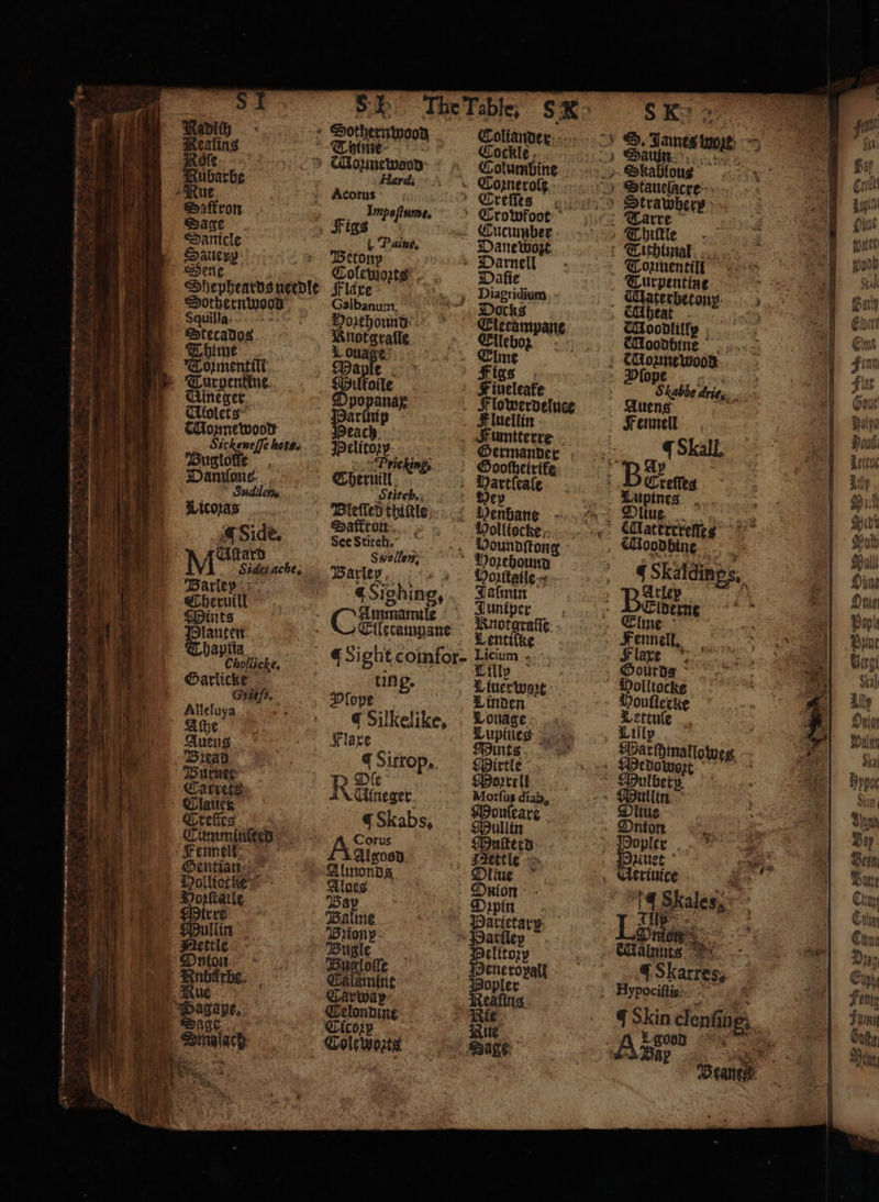 — 5 — ——— Sanicle Sauery Shepheards needle Sothernwood Squilla- Stecados Thime Toimentilt Ukolets Mozme wood Sic kene ſſe lots. Bugloſſe Molliotte 8K Sothernwood Coliander Thie Cockle &gt; CGounewaon Columbine Hard. Coꝛznerolz Acorus Crees __ Impoftume. -* Crowfoot - , Figs | Cucumber Paine. Danewozt Beton Darnell Colemorts Dafie Flare , Diagridium Galbanum Docks Horehound Clecampane Buotarafle Elleboꝛ can Elme Maple Figs . toile F ineleafe popanax Flowerdeluce arſnip Fluellin each Fumtterre Pelito : Sermander F;ic hing. Oootheirife ting. Liner wet Plove 7 hel; onage Flaxe Mints J Sitrop. Sirtle Dfe Moꝛrell R Gineger a area . ontearg €Skabs, Hullin Corus witerd A Algasd Zettle Almonds Dliue Aoes Drion 2 Drpin Balme Warietary Briony atilep Bugle IPelitory Bugloſſe Peneropall alanine Rein way eating. Celonding Nie Cicorp Nue Colewozts Hage: SK &gt; » Skabioug Strawberr Tarre Thiſtle Tithtmal Tozmentill Was aterbetony: } CUbeat . = Moodlilly Moodbine Pſope Fennell 5 @ Skall. Halles olltoc Mouflecke Lertule , Lilly Warchmallowes Medowort Mullin Ditus Jopler . nuet oe , Certuice 1 alnnts J Skin clenſiug: i ee Ar Beans — —.— — ~&lt;s — Sr =n * — * Sug Mein