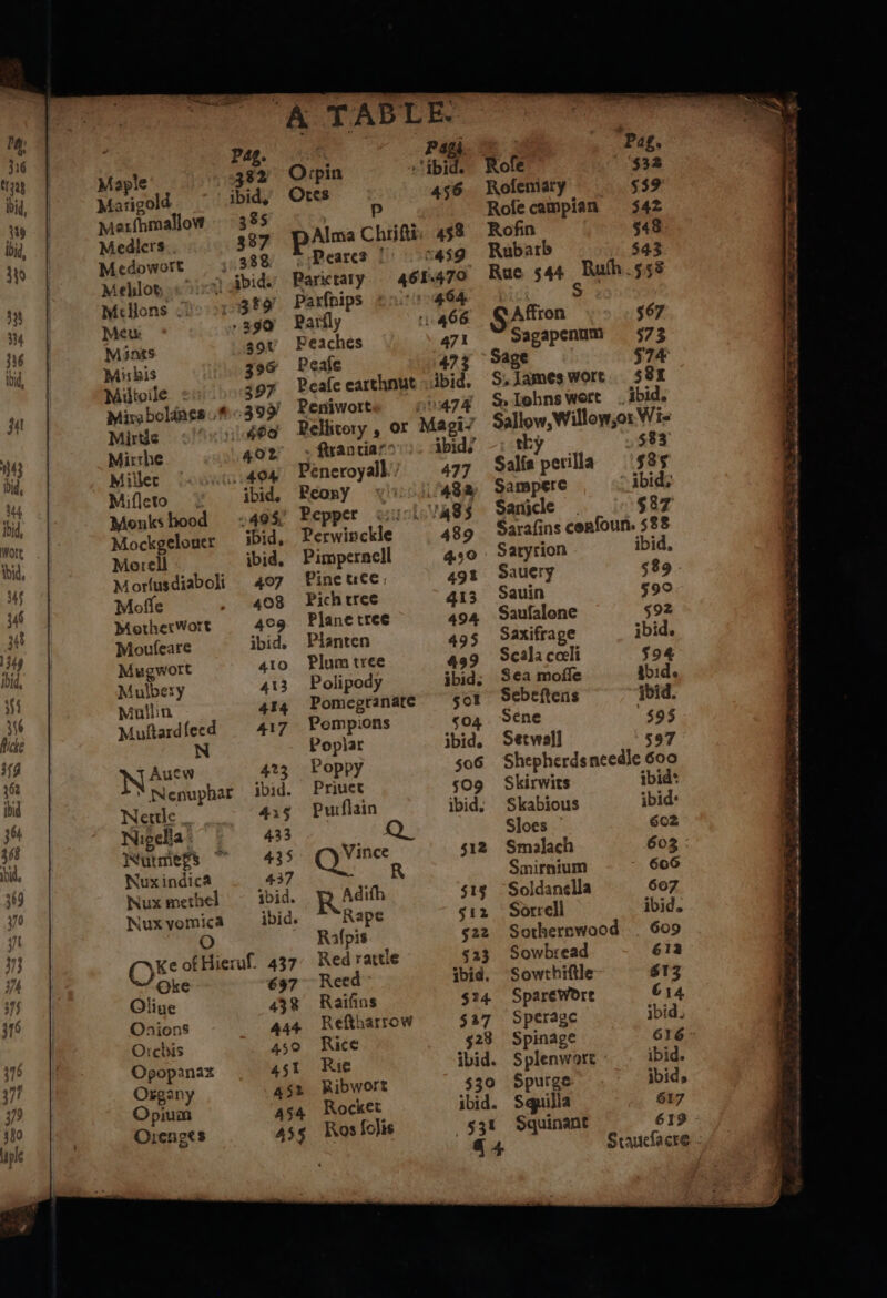 Maple 382 Ocpin ibid. Rofe 332 Marigold ‘ibid, Ores 456 Rofeniary 539 Maerfhmallow 335 : Rofecampian 342 Medlers 387 Palma Chtiſti 438 Rofin 548 Medowort 388 Peares | ~4sg Rubarb 543 Mehlort ibid. parietaiy 461470 Rue 544 Ruſh 558 Mellons 339 Parſnips e 8 Meu: 350 Parſly 466 §Affron 967 Mints gov Peaches 471 Sagapenum 573 Miskis 396 Peaſe 473 574 Miltoile ; 397 Peaſe earthnut ibid. 8. Iames wort 381 Mirabolanes . 399 Peniwort 474 8. Iohns wert ibid. Mirtle il gta Dellitery, or Magi’ Sallow, Willow,or Wie Mirthe 402 ſtrantia- ibid. thy 583 Miller 404 Peneropell“ 477 Salſa petills 385 Miſleto ibid, Peony 482 Sampere ibid; Monks hood 4, Pepper 85 Sanicle 587 Mockgeloner ibid. Perwinckle 489 Sarafins conſoun. 588 Morell ibid. Pimpernell 470 Satytion ibid. Jorſusdiaboli 40% bine tiee 491 Sauery 589 Moſſe 408 PFich tree 413 Sauin 590 Motherwort 40% Planetree 494 Saufalone 592 Moufeare ibid. Planten 495 Saxifrage ibid. Mugwort 410 Plum tree 459 Seal cœli 594 Mulbery 413 Polipody ibid. Sea moſſe zwid. Mullin 414 Pomegranate 501 Sebeſtens ibid. Muſtardlecd 417 Pompions o Sene 595 N Poplar ibid. Setwall 597 Autw 423 Poppy 506 Shepherds needle 600 “ Nenuphar ibid. Priuet 509 Skirwits ibid: Nettle _ 415 Purflain ibid. Skabious ibid: Nißella 433 2 Sloes 602 Nutmegss 135 a $12 Smalach So Nux indica 437 Smirnium - 606 Nux methe wid. Rich 515 Soldanella 607 Nux vomica ibid. Rape siz Sorrell ibid. Raſpis 522 Sothernwood 609 Oke of Hieruf. 437 Red rattle 523 Sowbread 612 Oke 657 Reed ibid. Sowthiſtle 613 Oliue 438 Raiſins 314 Sparewdrt 614 Onions 444 Reftharrow $27 Sperage ibid. Orchis 450 Rice 528 Spinage 616 Opopanax 451 Rie ibid. Splenwore ibid - Organy 451 Ribwort $30 Spurge ibid. Opium 354 Rocket ibid. Squilla 617 Olenges 455 Ros Solis 3531 Squinant 619 4 4 Staueſacre r ~ Pig RSLS) De — +a —— — 2 er hate rr 3 0 = 1 — — ——— ee ee — 7 ä—QU— I— — — ames —— n . —