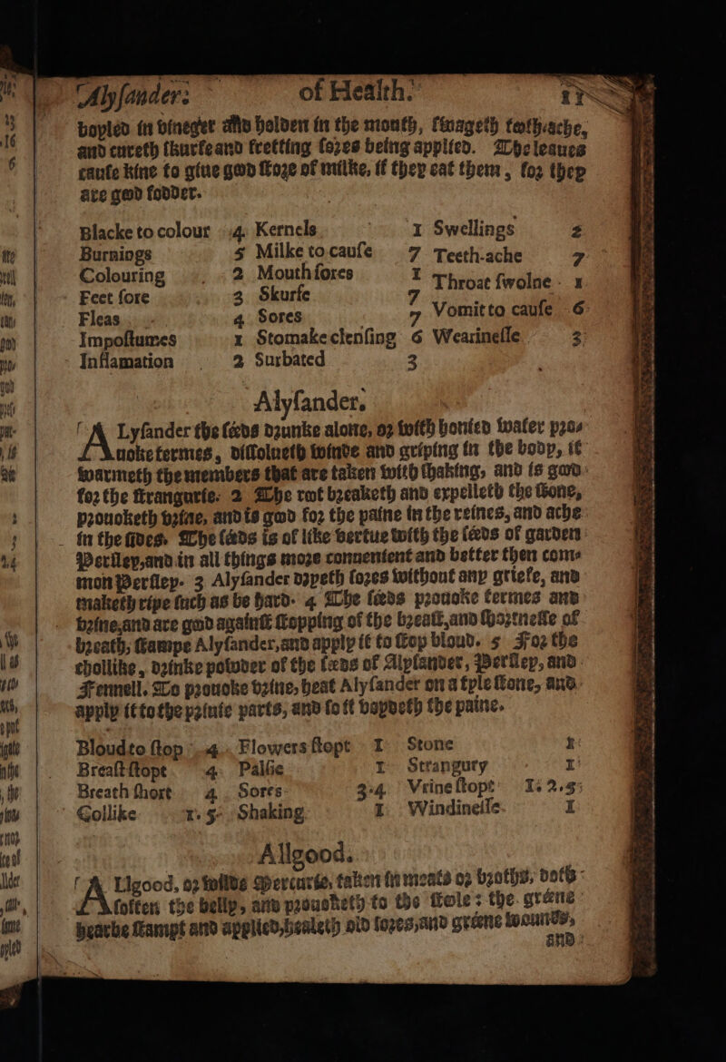 - of Health. bopled in bineger and holden in the mouth, finageth twih ache, and cureth lkurle and kretting ſozes being applied. The leaues cauſe kine to giue god froze of milke, if they eat them, loꝛ thep are ged fonder. Blacke to colour 4. Kernels 1 Swellings 2 Burniogs 5 Milketocaufe 7 Teeth-ache 75 Colouring 2 Mouth ſores 1 bree ee Feet fore 3 Skurfe 1 Fleas 4 Sores ; Vomitto caufe 6 Impoſtumes x Stomake clenſing 6 Wearineſſe 3 Inflamation 2 Surbated 3 Alyfander. A Lyfander the (ede dzunke alone, oz tofth honied waler pros koꝛ the ſtrangurie 2 The rot bꝛeaketh and expelleth the Gone, pꝛouoketh vꝛine, and is gad foꝛ the paine in the reines, and ache Perllep, and in all things moze connentent and better then com⸗ mon Perſlep. 3 Alyfander vapeth loꝛes without any gttefe, and tnaketh ripe ſuch as be hard · 4 The fabs pꝛouoke termes and breath, Gampe Alyſander, and apply it to ſtep bloud. 5 Foz the chollike, deinke poluder of the fens of Alylander, Perley, and Fennell. To provoke bꝛine, heat Aly ſander on à tyle ſtane, and Bloudto ſtop 4 Flowers ftept 1 Stone 1 Breaſt ſtopt 4 Palſie 1 Strangury 1 Breath hort 4 Sores Vrine ſtopt I. 2.3 Collike 1 5 Shaking. 1 Windineſſe I Allgood. ſolken the bellp, are pꝛouoheth to te wle: the grene „ > * * * - . 99 — “ . * a.” — ee . — - ̃ ee ay Pe on TCC Ee eS — : ee = = — . — — 7 2 we — a rae 2 * — 4 Z 6 3 —— — — — >