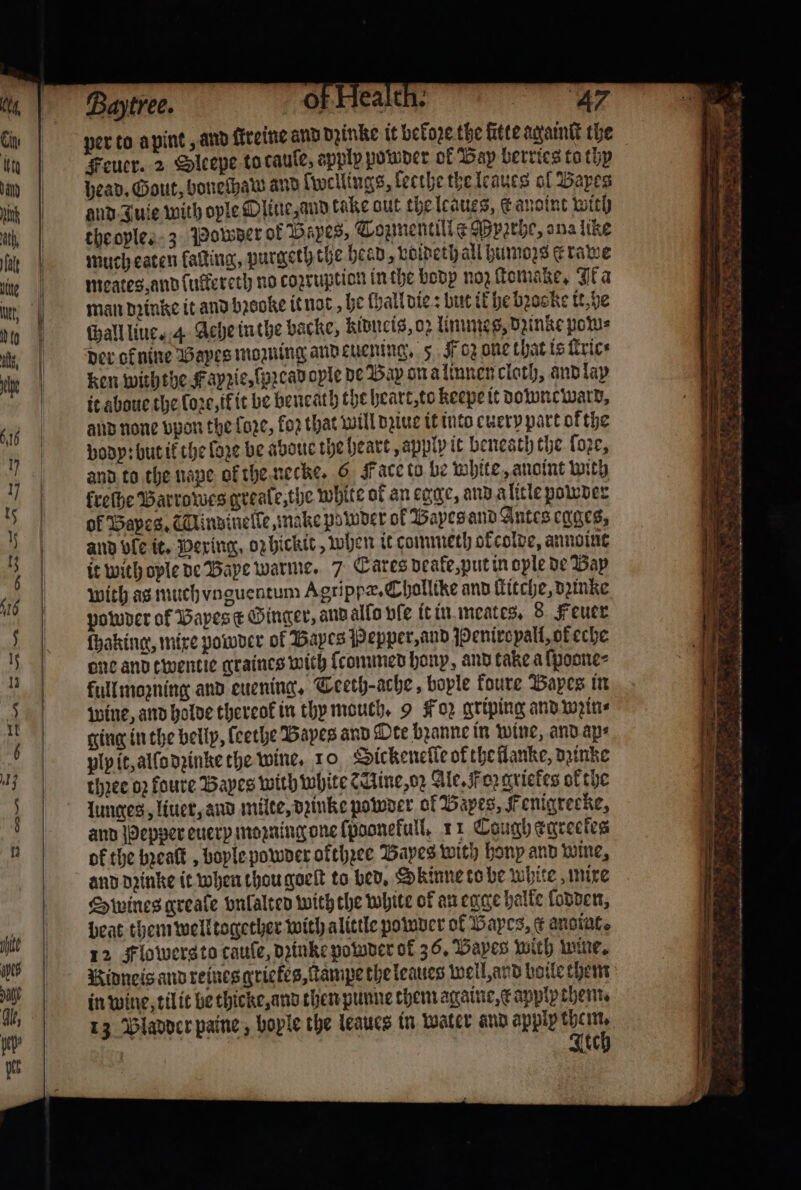 Baytree. of Health. 47 per to a pint, and ſtreine and dzinke it befoze the ſitte againſt the Feuer. 2 Oleepe to cauſe, apply powder of Bay berries to thy head. Gout, bonechaw and (wellings, lecthe the leaues of Bayes and Juie with ople Oliue, and take aut the leaues, c anoint with the ople. 3 Powder of Bayes, Tozmentille Pperhe, ona like much eaten laſting, purgeth the head, voideth all humozs Erawe meates, and kuckereth no cozruption in the body nog ſtomake. Ika man dꝛinke it and bꝛeoke it not, he hall die but ik he bꝛocke it, he chall line. 4 Ache in the backe, kidncis, o lime, dzinke poms der oknine Bapes moming and euening. 5 Foz one that is ſtric⸗ ken withthe Fayzie, ſoꝛcad oyle de Bay on a linnen cloth, and lay it aboue the Core, ik it be beneath the heart, to keepe it downc ward, and none vpon the foze, fo2 that will dꝛiue it into euery part of the vody: but if the loꝛe be aboue the heart, apply it benesth the loze, wine, and holde thereof in thy mouth. 9 02 griping and weit ging in the belly, ſeethe Bayes and Dee bꝛanne in wine, and ap⸗ ply it, allo dꝛinke the wine. 10 Sickeneſle of the flanke, dꝛinke thꝛee oꝛ foure Bayes with white e Uine, oz Ale. oꝛ griekes ok the lunges, liuer, and milte, dzinke powder of Bayes, Fenigreeke, and Pepper euery inoguing one ſpoonekull. 11 Cough eqrectes of the bꝛeaſt, bople powder okthzee Bayes with hony and wine, and dꝛinke it when thou goelt to bed. Skinne to be white, mixe Swines greale vnlalted with the white of an egge halke ſodden, beat them welltogether with alittle powder of ayes, ¢ anotat. 12 Flowerg to cauſe, dꝛinke powder of 36. Dayes with wine. Kidneis and reines griekes, tampe the leaues well, and boile them in wine, tilit be thicke, and then punne them again, applpthem. 13 Pladder paine, bople the leaues in water and apply 10 ee ea sh, POR ae Pie r Waun — Sas Se ar *