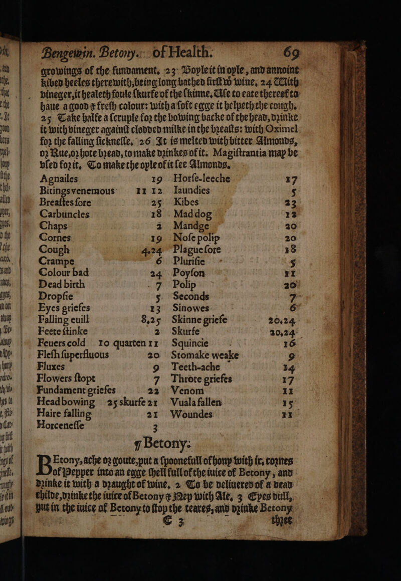 = — — Bengewin. Betony. of Health: kiben heeles there with, being long bathed firſt wine, 24 Mith haue a good e freſh colour: with a ſolt egge it helpeth the cough, 25 Take halfe a ſcruple for the bowing backe of the head, dzinke it with vineger againſt clodded milke in the bꝛeaſts: with Oximel for the falling ſicknelle. 26 It is melted with bitter Almonds, 02 Rue, oꝛ hote bread, to make dꝛinkes of it. Magiſtrantia map be vſed forit, To make the oyle of it lee Almonds, Agnailes 19 Horfe-leeche 17 Breatfes tare 25 Kibes . 23 Carbuncles 18 Mad dog 12 Chaps 2 Mandge 20 Cornes 19 Noſe polip 20 Cough 4.24 Plague ſore 18 Crampe 6 Pluriſie 5 Colour bad 24 Poyſon 11 Dead birth 7 Polip 20 Dropſie 5 Seconds * Eyes griefes 13 Sinowes 6 Falling euill 8.25 Skinne griefe 20.24 Feete ſtinke ee Ste 20.24 Feuers cold ro quarten 11 Squincie 16 Eleſh fuperfluous 20 Stomake weake 9 Fluxes © 9 Teeth-ache 14 Flowers ſtopt 7 Throte griefes 17 Fundament griefes 22 Venom 11 Headbowing 25 skurfe 21 Vuala fallen 15 Haire falling 21 Woundes 11 Horceneſſe 3 q Betony:. Etony, ache 02 goute, put a ſpoonefull of bony with ir. copttes of Pepper into an egge hell full ok the iuice of Betony, and childe, dzinke the iuice of Betony ¢ Mep with Ale, 3 Epes dull, ony chꝛee . ark bk TARO a . ; OR eS SS * si et ine 3 Nie eure &gt;&gt; ay N a 3 Pg Re Weng ee 7 N n e N a - — : Saad 8 pe de ces at Pel ae er 7 n ox x 1 ee Ss 4 es ae e 4 S et aes, FAL in “ht, Chee, vet a 3 t * — 1 2 2 r — . ͤ UB . . . ine ae ES