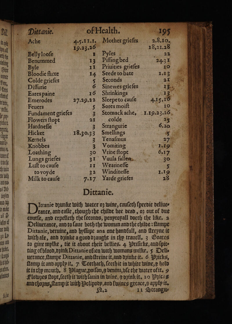 Deal Cth ty inking Bite | ounce | eus ant h, i pay gan wud (t NSS Merck tothe Ai an 06 Bele boven ad lp Dake 48 Ys wes of et Wh eg 0 Luts git tel, fits Dittanie. of Health. 195 Ache 4.5.11. 1. Mother griefes 2.8.10. | 19.23.26 18.21.28 Belly looſe 1 Pyles 1 Benummed 13 Piſſing bed 24.31 Byle 11 Ptiuities grieſes 10 Bloodie fluxe 14 Seede to bate 1.13 Colde griefes 5 Scconds 21 Diſſurie 6 Sine wes griefes 13 Eares paine 16 Shrinkings 13 Emerodes 27.29.22 Sleepeto cauſe 4.15.16 Feuers 5 Sores moiſt 10 Fundament griefes 3 Stomack ache, I. 19.23.26 Flowers ſtopt 21 colde 25 Hardneſſe 3 Strangurie 6.20 Hicket 18.30.33 Smellings 5 Kernels 3 Tenafmus 27 Knobbes 3 Vomiting 1.19 Loathing 30 Vrine ſtopt 6.17 Lungs griefes 31 Vuula fallen 30 Luſt to cauſe 11 Wearinefle 5 to voyde 32 Windineſſe 1.19 Milk to cauſe 7.17 Yarde griefes 28 Dittanie. Ittanie dꝛunke with water oz wine, cauleth ſpeedie deliue⸗ rante, and eaſie, though the childe bee dead, oz out of due courſe, and expelleth the leconds, penpropall doeth the like. 2 Deliuerance, and to laue both the woman and the childe: Lampe Dittanie, veruine, and hyſlope ana one handfull, and ſtreyne it with ale, and dzinke a good dzaught in thy trauell. 3 Goates to gitte mylke, tie it about their bellies. 4 Ptilicke, and ſpit⸗ uerance,fampe Dittanie, and ſtreine it, and dꝛinke it. 6 Pꝛicks, Hamp it and apply it. 7 Teethach, ſeethit in white wine, x hold it in thy mouth. 8 Plague, poilon, venim, vſe the water oftt, 9 N. 2 11 Strangu⸗ . ax, — — Mk ee 2 F 3 mae * a 7 At at * * mea he OR * . ee r = &lt;a Rie okt aii