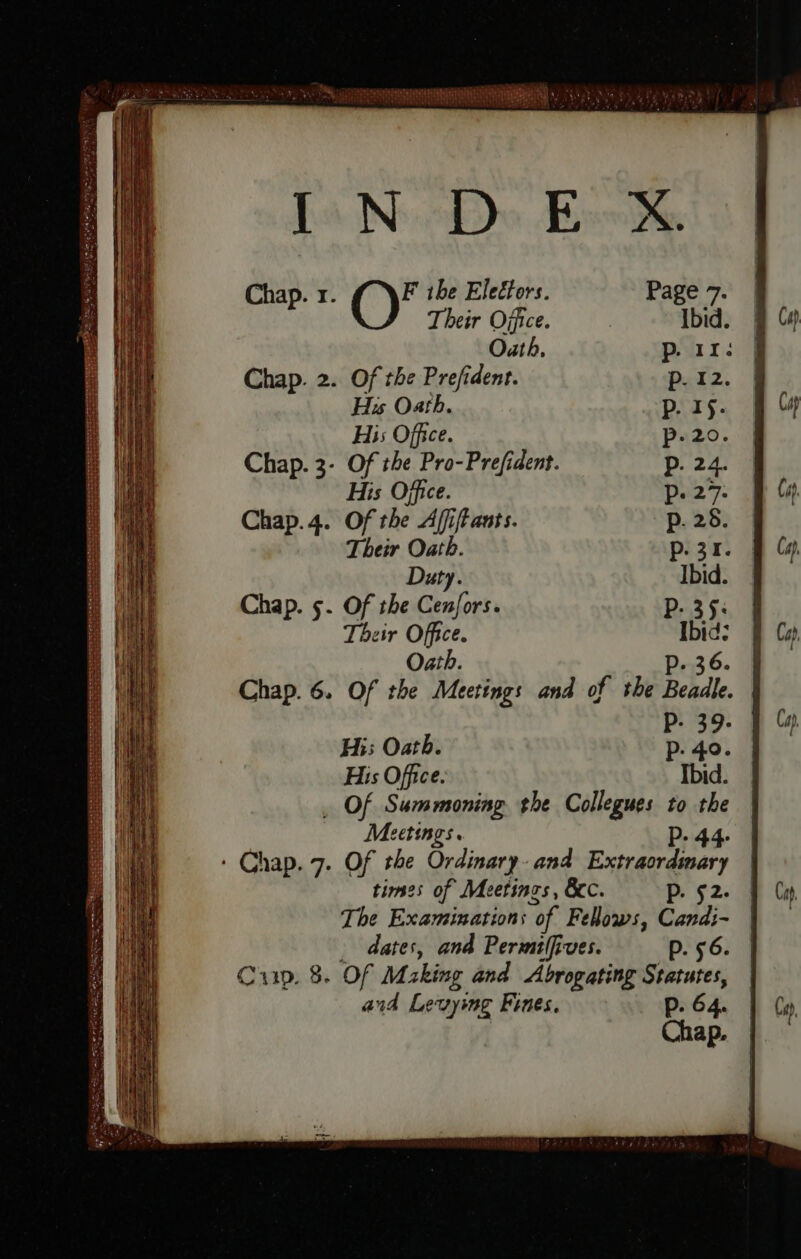 reet oo! et 024 evan tj Ja No» E Chap. 1. F ithe Eletlors. Page 7. Their Office. Ibid. Oath, P. II: Chap. 2. Of tbe Prefident. p. 12. His Oatb. P. i$. Hi; Office. P. 20. Chap. 3- Of the Pro-Prefident. P. 24. His Office. P. 27. Chap.4. Of tbe Affiftants. p.28. Their Oath. P. 3r. Duty. Ibid. Chap. 5. Of the Cen[ors. P. 35: Their Office. “ath Oath. P. 3 Chap. 6. Of the Meetings and of the Bol P- 39- Hi; Oath. P. 40. His Office. Ibid. . Of Summoning the Collegues to the Meetings. P. 44. . Chap. 7. Of the Ordinary. and Extraordinary times of Meetings, &amp;c. P. 52. The Examinations “of Fellows, Candi- dates, and Permiſſives. p. 56. Cup. 8. Of Making and Abropating Statutes, ard Lewymg Fines. P. 64. Chap. Cay,