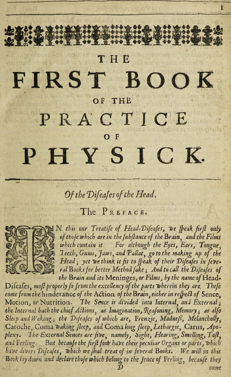 J THE FIRST BOOK OF THE PRACTICE P H Y S I C K. The Preface* N this our Treatife of Head^Vifeafes, toe fpeak firfl only of thofe which are in thefubfiance of the Brain y and the Films which contain it, For although the Eyes, Ears, Tongue ! 7eeth, Gums, Jaws5 and Fallat, go to the making up of the Head - yet toe think it fit to Jfeak of their Vtfeafes in feVe* ral Booksfor better Method fake; And to call theViJeafes of the Brain and its Meninges, or Films, by the name o/Head* Difeafes, mofl properly fo from the excellency of the parts toherein they are; Thefe come from the hinderance of the Action of the Brainf either in refpe ft of Sencc, Motion, or Nutrition, 7he Sence is divided into Internaly and External« the Internal hath the chief Actions^ as Imagination,7{eafoning, Memory; as alfo Sleep'and Wakings the Vtfeafes of which are, Frenate, Madnef?, MelanchollyT Catoche, Coma toaking fleep, and Coma long Jleep^Lethargie7 Carus, apo¬ plexy. 1 he External Sences are five> namely. Sight, Hearing, Smelling, Taflf and Feeling. But becauje the firfl forir have their peculiar Organs or parts, tohich have divers Vifeafes, tohich we fhal treat of in feVeral Books. We will in this Book lay down and declare thofe which belong to the fence of Feelings becaufe they ‘D come