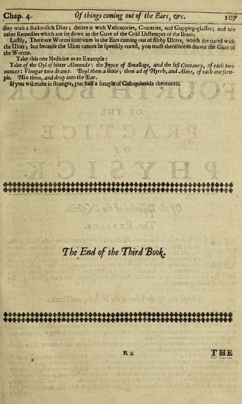 dicy with a SudorifickDiec; derive i? with Veficacories, Cauteries, and Cupping-glafTes; and u(e other Remedies which are fet down in the Cure of the Cold Diftemper of the Brain. Laftly, There are Worms fomtinaes in the Ears coming out of filcby Ulcer», which are cured wich the Ulcer; but becaufe the Ulcer cannot be fpeedily cured, you muft therefore endeavor the Cure of the Worms. Take this one Medicine as an Example: Take of ibe Oyl of bitter Almonds: the Juyce of Smallage, and the left Centaury, of each two ounces: Vinegar two drams, *Boyl them a little then ad of Myrrh, and Aloes, of each onefcrti- pie. Mix them, and drop into the <Ear. Ifyouwil make it ftronger, put half a fcruple of Coloquintida thereunto. A ) ' The End of the Third 'Boo ****************************** ************* ************* **i § n 3 THE I