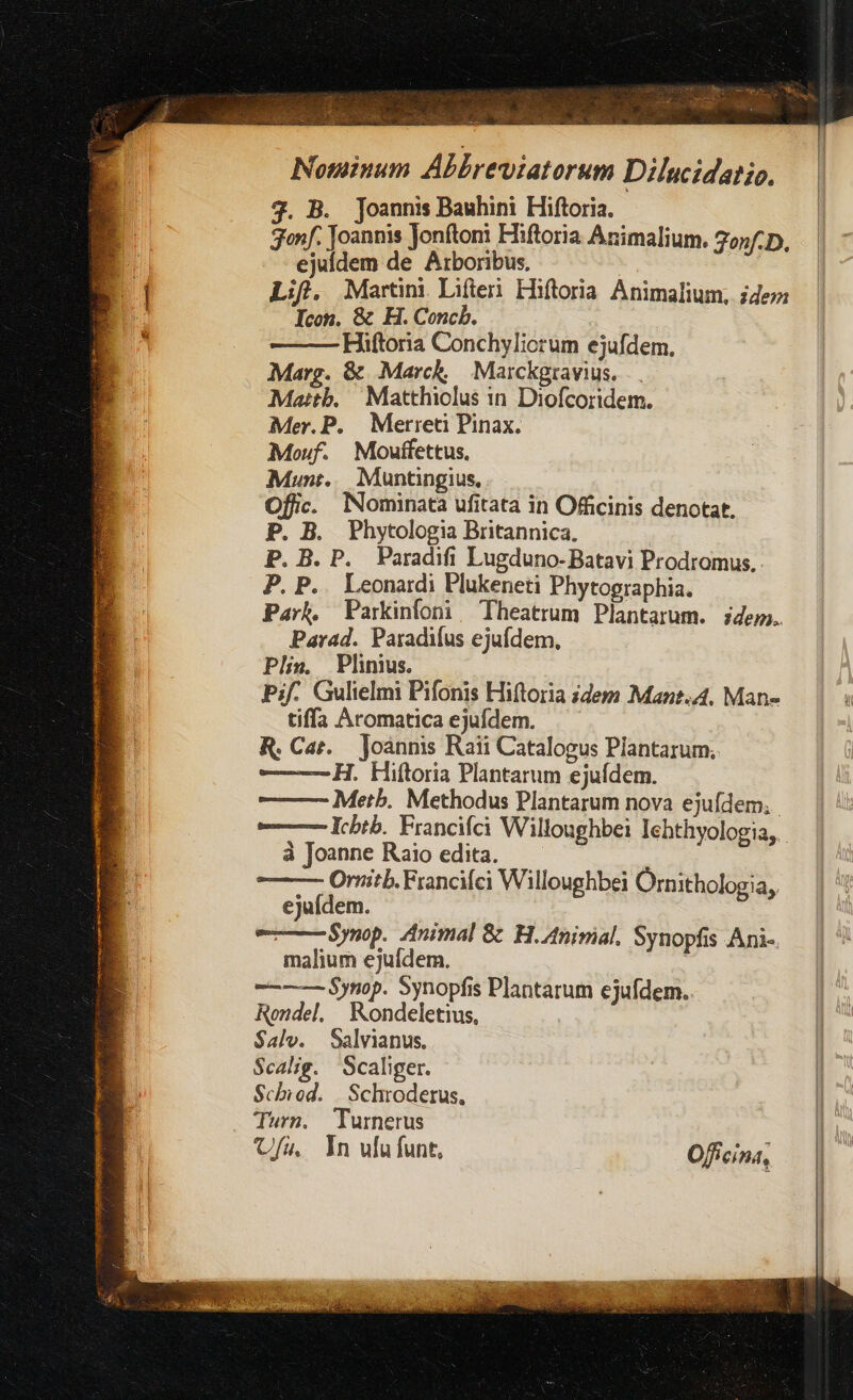 'j TIL IN ux i a aee DEA 3 ULL ER : Nominum Abbrevtatorum Dilucidatio. 3. B. Joannis Bauhini Hiftoria. gonf. Joannis Jonftoni Hiftoria Animalium. 2o». D, ejufdem de Arboribus, : Lif. Martini Lifieri Hiftoria Animalium, i4dez Icon. & H. Concb. Hiftoria Conchylicrum ejufdem. Marg. & March | Marckgravius. Maitb. | Matthiolus in Diofcoridem. Mer. P. Merret Pinax. Mouf. Mouffettus, Munt. Muntingius, Offi. lNominata ufitata in Officinis denotat. P. B. Phytologia Britannica, P. B. P. Paradifi Lugduno- Batavi Prodromus. P. P... Leonardi Plukeneti Phytographia. Park, Parkinfoni Theatrum Plantarum. 4e. Parad. Paradifus ejufdem, Pli», Plinius. bif. Gulielmi Pifonis Hiftoria idem Mazt.A, Man- tiffa Aromaticaejufdem. R. Car. Joannis Raii Catalogus Plantarum. ——H. Hiftoria Plantarum ejufdem. — — Metb. Methodus Plantarum nova ejufdem; e lcbtb. Francifci Willoughbei Iehthyologia,.. à Joanne Raio edita. — Onitb. Francifci Willoughbei Ornithologia, ejufdem. —— e —Synop. Animal & H.4nirial. Synopfis Ani- malium ejufdem. -——— Synop. Synopfis Plantarum ejufdem.. Rondel, Kondeletius, $alv. Salvianus. Scalig. Scaliger. Scbiod. | Schroderus, Turn. Turnerus Ufa, Yn ufufunt, Offcina,