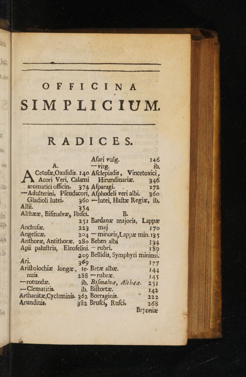 OFFICINA SIMPLICIUM. —Á——— RADICES. Afari vulg. 146 A. — virg. ib, CetofzeOxalidis. 14o Afclepiadis, Vincetoxici , Acori Veri, Calami — Hirundinariz. 346 aromaticiofficin. 374 Afparagi. 272 Gladioli lutei. 360 —lutei, Haftze Regi, ib, Allii. 354 Althzz, Bifmalvze, IHbifci. B. 251 Bardanz majoris, Lappx Anchufz, 223 maj 170 Angelicz. 204 —minoris,Lappx min. 13 $ Anthorz, Antithorz. 280 Behen albi 334 Api paluftris, Eleofelini. — rubri. 189 2.09 Bellidis, Symphyti minimi. Ari. 369 177 Arifolochiz longz, te- Betz albo. 144 nuis. 288 —rubrz. 145 —rotundze. ib. Bifmalve, Altbese. 251 — Clematitis. ib. Biftortz., 142 Arthapitze,Cyclaminis 362, Borraginis. Nr es Arundinis, 382 Brufc, Rufci. 268 Bryonize