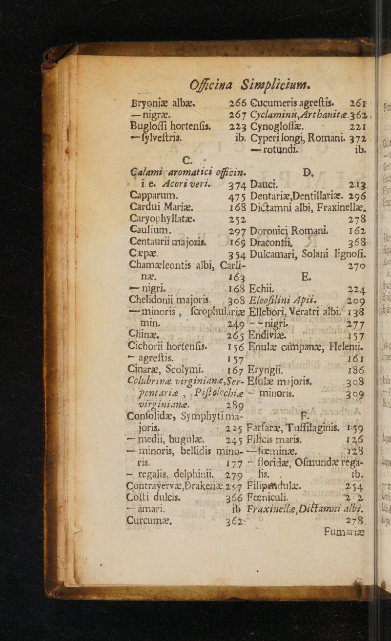 Bryonie albze. 266 Cucumerisagreftis, — 26r —nigrz. 263 Cyclaminz, Artbanite.362,. | Bugloffi hortenfis. — 223 Cynogloffe. —: 221 —Ívlveftris, ib. Cyperi longi, Romani. 372 . | — rotundi. ib f C. Calami aromatic officin. D. : Le Zcorzverz. — 374 Dauci. 213. Capparum. 475 DentarizDentillarize. 296 Cardui Marix, 168 Dictamni albi, Fraxinellze, Caryophyllatae. 252 278 Caulium. 297 Doronici Romani, — 162 Centaurii majoris. 166 Dracontt, 368 Cepz. 354 Dulcamari, Solani Iignofi. Chamzleontis albi, Carli- 270 nz. 163 Eb. — nigri. .168 Echii. 224, Chelidonii majoris... 308 E/eofilinz Apis. 209 —jminoris , fcrophuliriae Ellebori, Vératri. albi. 138 min. 249 --nigfl. 273 Chinz., 14.265 Endivim. - ' 157 Cichorr hortenfis. — 156 Enulz catmpanz, Helen. — agreftis. 157 IÓI Cinarz, Scolymi. 167 Eryngit. 186 Colubrine virginiene Ser- Efulz majoris. 308 pentarie , ^ Piftal Ocbig -- minoris. 309 virg iniane. 259 DET | Confíolide, Symphyti ma- bin joris. ..235 Fatfarze, Tuffilaginis, 1:59 — medii, bugulz. 245 Fi licis maris. I126 — iminoris, bellidis mino- —foeminze. 12,3 ris. 177 — florida, Ofmundz rega- -— regalis, delphini, 279 . lis. ib. Contrayervze,Drakenz.2 «7 Filipe&dulz. 254 Coíti dulcis. 366 Fceniculi. Y — ámari. lb Fraxiuelle,Ditlamni alb;. Curcumz, 362» 278 t ENTIA CES Fuünmaree