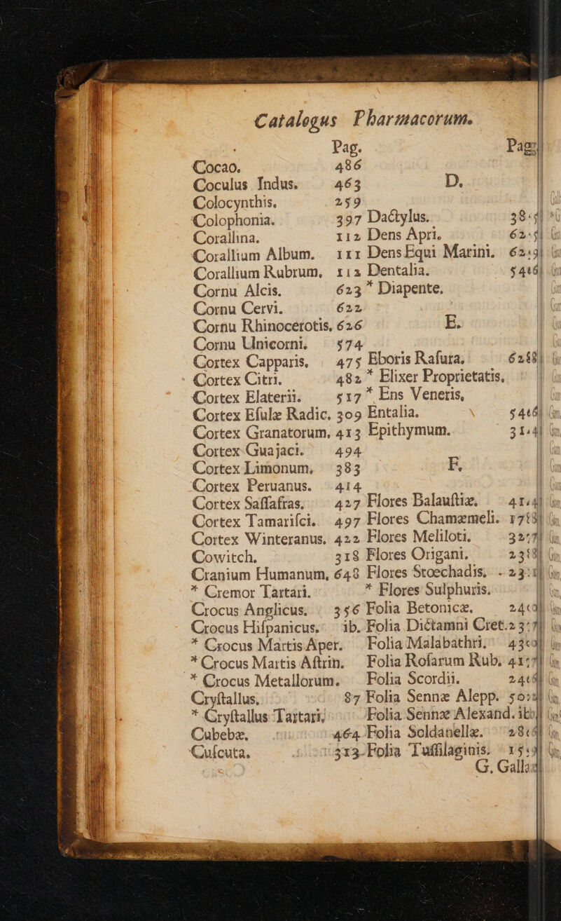 (Cocao. Coculus. Indus. Colocynthis. Colophonia. Coralhna. Cornu Alcis. Cornu Cervi. é22 Cornu Rhinocertotis, 626 E. Cornu Unicorn. ^ $74 Cortex Capparis, Cortex Citri. Cortex Elaterii. Cortex Guajaci. Cortex Peruanus. Cortex Saffafras. Cowitch. * Cremor Tartari. Crocus Anglicus. Cryfítallus, Cubebz. Folia Scordii. 1:1 2 49] Uy G. Galli:]