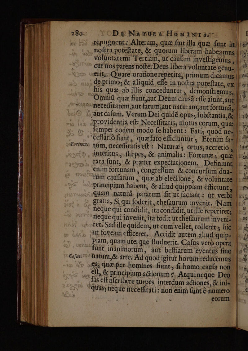 285.7 b Reriunss Di Naruna Но м рт S77 |} repugnent : Alteram, quz дє Ша quz. Филе па |1 пойга poteftate, & quorum liberam -habeamns ү voluntatem: Tertiam, ut caufam Inveftigemus , | | саг ños parens nofter Deus libera voluntate genu- |. еп; Quare oratione ed primum dicamus |798 de primos& aliquid effe in noftra poteftate, ex |: | | ; aut cafum, Verum Dei quidé opus; fubftantia, & |110 providentia ей: Neceffitaris, motus eorum, чиг | i femper eodem modo fe habent : Fati; quod nes: i ceffarió fiant, quafatoefficiuntur, Etenim fa- | Е tum, neceffitatiseft: Natura ortus, accretio , | haue interitus грез» & animalia: Fortuna „диа | x rata funt, ёс preter expectationem. Definiunt, | ü enim fortunam , congreffum. & concurfum dua- | \ -mm caufarum , quz аЬ electione, & voluntate | principium habent, & aliud quippiam efficiunt , om quam .naturá. paratum fit ut faciant: ùt, verbi gratia, Si qui foderit , thefaurum Invenit. Nam ili, neque qui condidit, ita condidit, ut ille reperiret; | neque qui invenit, ita fodit ut thefaurum inveni- reti Sed Ше quidem, ut cum vellet, tolleret ; hic piam, quam uterque ftuduerit. Cafus vero opera funt inánimorum, aut beftiarum eventus fine natura & ате. Ad quod igitur horum reducemus fuv ва; que per-homines fiunt, fi-homo:caufa пой | % sy Cft, & principium a&ionum ¢ Atquineque Deo |. ) „fs elt afcribere turpes interdum actiones, & inis. |. “табу | (0 neque песе гасі: поп enim (шс ё-пйшего | 1 1 emm |.