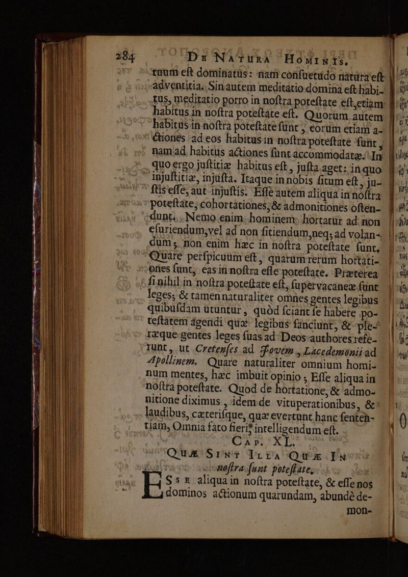 Ds Natura Номімїз, quo ergo juftitie habitus eft, jufta aget: in quo ftis effe; aut poteftate, cohortationes;&amp; admonitiones often- dunt), Nemo enim. hominem: hortatür ad. non dum s поп enim hzc in noftra poteftate funt, Quare perfpicuüm eft, quarum rerum hortati- onies funty easin noftra effe poteftate. Praeterea f1 nihil in noftra poteftate eft, fupervacanez funt leges; &amp; tamen naturaliter omnes gentes legibus quibufdam utuntur, quód fciant fe habete po- teftatem dgeridi qil legibus псі, &amp; ple- reque gentes leges fuas ad Deos authores refe funt, ut Crefenfes. ad. ovem , Lacedemónii ad Apollinem. Quare naturaliter omnium homi- num mentes, Пас imbuit opinio ; Effe aliqua in noftra poteftate. Quod de hortatione, &amp; admo- nitione diximus , idem de vitüperationibus, &amp; laudibus, cateri(que, quz evertunt hanc fenten- S tk | APT. sUCO WE бүт Irra Qua Гы Г жуа [ил рне ше, dominos actionum quarundam, abundé de- mone