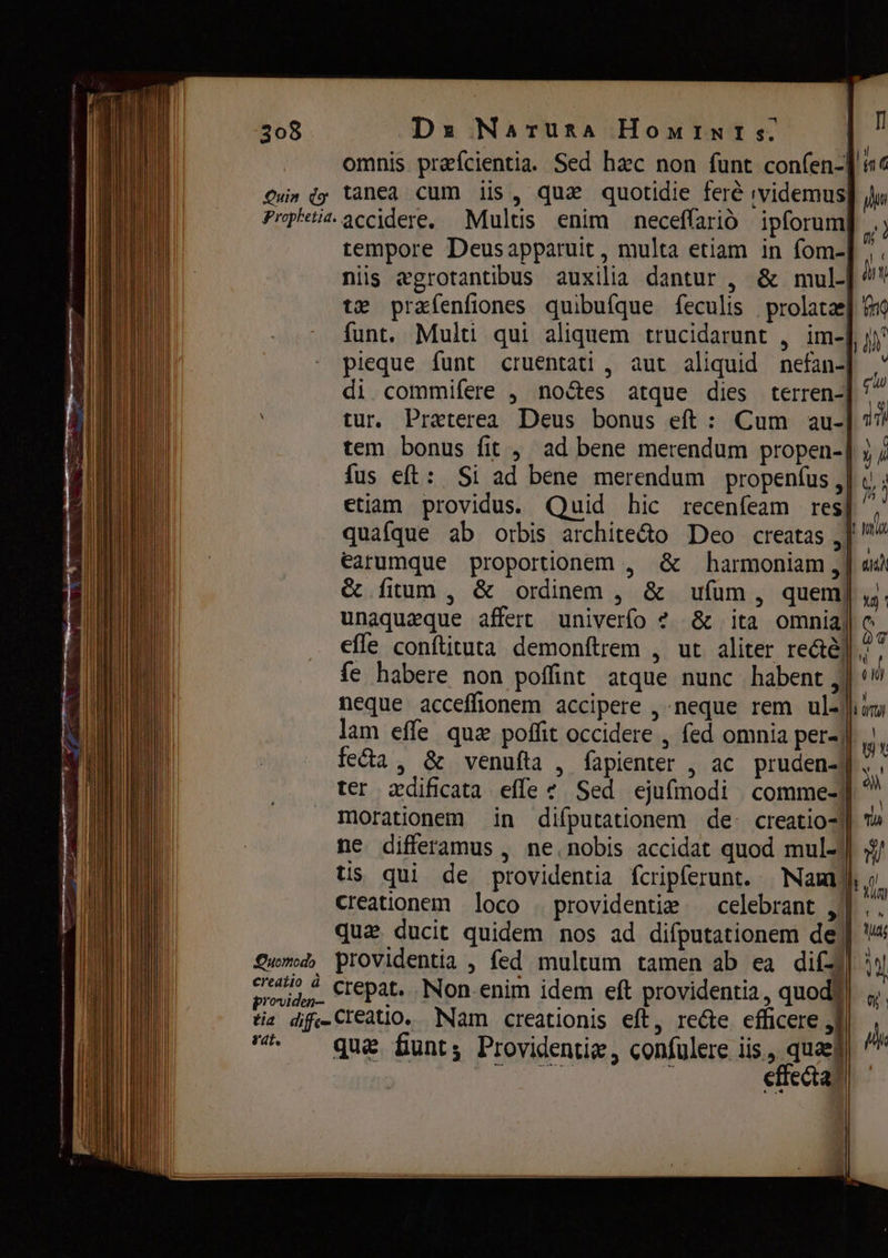 Ds Narura Номтмтз. Е omnis prafcientia. Sed hac поп funt confen-| tempore Deusapparuit , multa etiam in fom- niis egrotantibus auxilia dantur , ё mul-f tæ prafenfiones quibuíque feculis prolatae funt. Multi qui aliquem trucidarunt , im- pieque funt cruentati , aut aliquid nefan-] di.commifere , noes atque dies terren-] tur. Praterea Deus bonus eft: Cum au- tem bonus fit, ad bene merendum ргореп-| fus eft: Si ad bene merendum propenfus ‚| etiam providus. Quid hic recenfeam res quafque ab orbis archite&amp;o Deo creatas „| earumque proportionem , &amp; harmoniam, | &amp; fitum, &amp; ordinem , &amp; ufum, quem unaquaeque affert univerío 2 &amp; ita omnia, effe conítituta demonftrem , ut aliter reê, {е habere non poffint atque nunc habent, neque acceffionem accipere , neque rem ule № им lam effe quz poffit occidere , fed omnia рег- |. ,, feda, $ venufta , fapienter , ас pruden- y ter zdificata effe ¢ Sed ejufmodi | comme-]] ° morationem in difputationem de: creatio-]| т ne differamus , ne nobis accidat quod mul- | tis qui de providentia fcripferunt. Мам | creationem loco ,, providentie — celebrant , qua. ducit quidem nos ad difputationem ае, | 7I Ale qu&amp; fiunt; Providentie, confulere iis., quæf effecta)