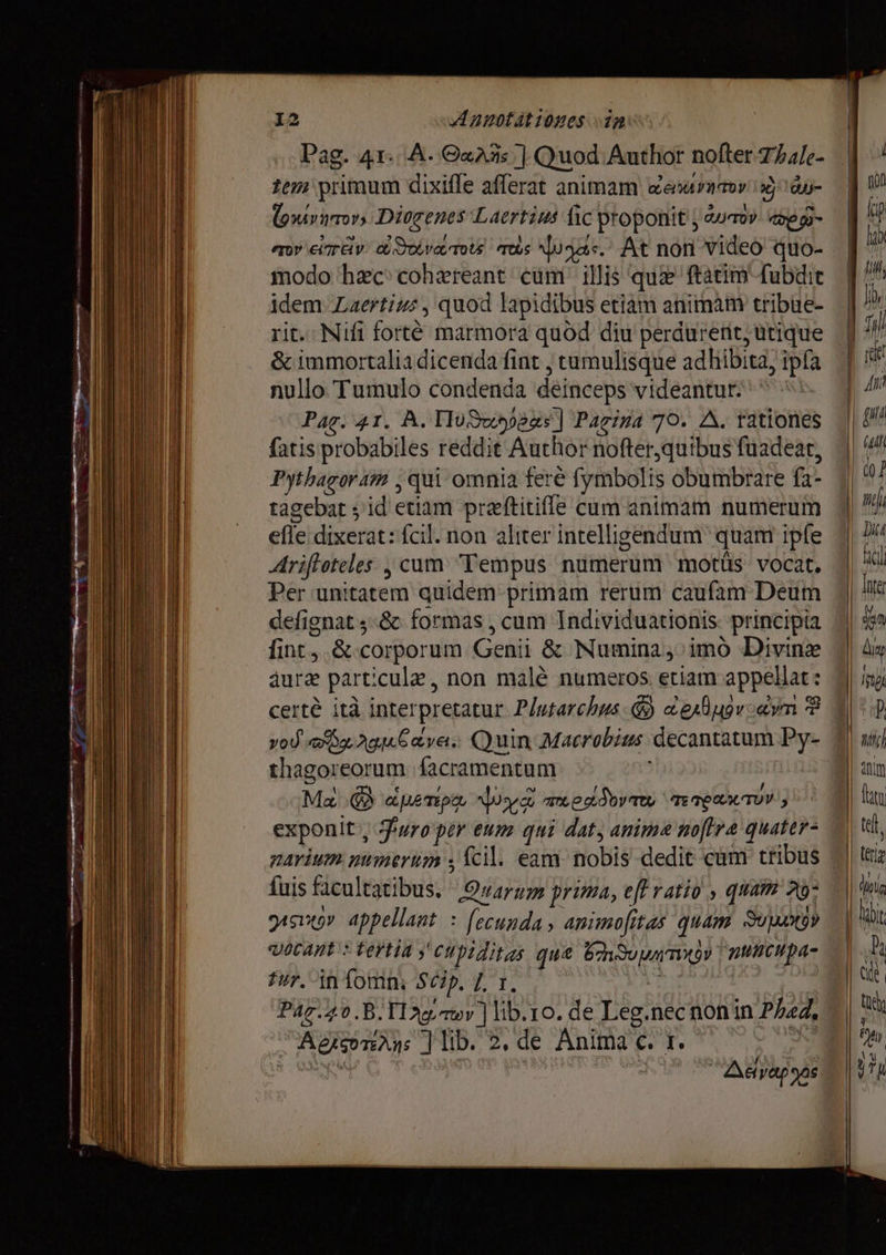 Auntátioszes ip Рав. дт. А. €«23« ] Quod Author nofter Thale- tem primum dixiffe afferat animam wenarsatov ig ai- lor amor, Diogenes Laertius lic proponit į ATOY ®еф- aov eiman а oiv TOUS те Хода. At non video quo- modo hec'cohereant ситі illis quie ftatim fubdit idem. Laertius, quod lapidibus etiam animam tribue- rit. Nifi forté marmora quód diu perdurent, utique &amp; immortalia dicenda fint , tumulisque adhibita, ipfa nullo Tumulo condenda deinceps videantur. Pag. 41. А. TIoSvoypegs | Pazina 70. A. rationes fatis probabiles reddit Author nofter,quibus füadeat, Pythagoram , qui omnia ferê fymbolis obumbrare fa- tagebat ; id etiam przftitiffe cum animam numerum efle dixerat: fcil. non aliter intelligendum quam ipfe Ariftoteles j cum Tempus numerum motüs vocat, Per unitatem quidem primam rerum caufam Deum defignat ; 8с formas , cum Individuationis- principia fint, &amp; corporum Genii &amp; Numina, imó Divine апга part:cule, non malè numeros. etiam appellat : certé ità interpretatur Plutarchus. @ e exBuoveym ® vod «Xa. Ag. Gaya; Quin Macrobius decantatum Py- thagoreorum facramentum Ma © “ретро, Чуну megdobta тте лети, exponit, Juro per eum qui dat, атте noftre quater- fuis facultatibus. Quarum prima, eff ratio , quam 20: 151597 appellant : fecunda, animofitas quam. ирд? vocant * tertia y cupiditas que Sun TY | multcilpa- и. in (ота; Scip. L т. p | 1 Pag.20.B. Tag mv | lib. 10. de Leg.necnonin P722, AejcemAns ]lib 2.de Anima с. г. — УМ S м к o