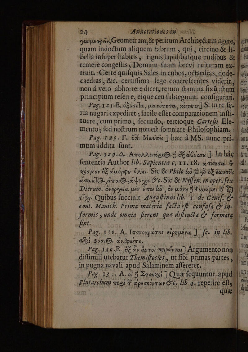 uo 4: Annotationesin VE qu ретра» (Geometram,&amp; peritum Archite&amp;um agere quam indoctum aliquem fabrum , qui , circino &amp; li- bella infuper. habitis, tignis lapid büfqgue rudibus &amp; temere congeftis, Domum; fuam brevi ruituram ex- | E тше. - Certe quifquis Sales in cubos, octaedras, dode- [ун caedras;, с. cextiffima. lege. concrefcentes viderit › | n ппоп а. vero abhorrere dicet; rerum ftamina fixü iftum | iq principium referre, eiqueceu fubtegmin: configurari. | Md Pag. 125. E, илүү иалотитоь, ksh іште fe- | ria nugari expediret ; facile effet comparationem. infti- | Aui tuere, cum primo , fecundo, tertioque Сите Ele- |f mento; fed noftrum поп е (ampigie: Philofophiam. : орм Pag. 129. Г. 621 Мойт ] hec à MS. nunc.pri- [Т mum addita funt. | Je, Pag. 129.4. Arora aAA» JE eas J In һас її fententia Author Zib. Sapientia ort ITB У | ҳдсроу 95 apoppe Ans. Sic &amp; Philo 122 99 Е иол: | ата ‚ато ао доз ©” t. Sic 8 ху. ih oper. fex | Lim; Dierum. Серые pev 870 luj , с ору 5 иие uet © P4 tha еге. Quibus fuccinit Auguft ints lib. т. de Genef: e AN cont. Manich. Prima materia fata ef confafa c in- | Шу titt formis , unde omnia fierent qua йна &amp; formata i j Jt. | defn Е Рае. 130. А. IrmowaTes Vestro von in lib, » OA Quei. dv parre, м | 10! Рае. 120.E. E шу арто! тербутщ] Argumento non | 2 |. А j“ || ин diffimili utebatur Themiftocies , ut fibi primas раггез, | : ја pugna navali apud Salaminem aff eretet, EM Pag. I2 ;. А. 2 Я тоу ] Quz fequuntur. apud 4 Plutarch TEN, T Фрески eu. lib. 4. reperire eft; ү qie | |