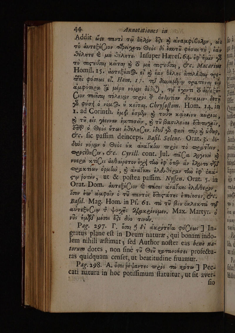| aupinea G ppn vopgs MD , т’ dovan B ШЕЕ т, ad Corinth. лиф води mom tele: XU AOL y 29 тё. #15, бери» UTET , Ж тё ВасіАғ1оҳ omer, 2214 о, Geos $a EANG er, 1% 38. Quai їр ху йир, C. fic paffim. deinceps. Bafil. Selenec: Orat. зуб dbus yougv o Osos Sx ауа Та «eps то четв voeg nÇ is 00 wipeTOY 2574 vhs ép ово dy #Абгто [Р 4C X TE ори , d &amp;va]wis Adony alu Ф Сия < jomv, ut &amp; poftea paffim. Муся. Orat. 5. ig Orat. Dom. Teco) © тил: ауа Јам eA dU eor; iov ёт оаіифоїу 0 TO ivrOS bearn: emori 6v; CC Bafil. Mag. Hom. in PRL бт. ты 49 Bie Вилена тў 795 nw pamos boi dvo. Tiydy, | ` Pag. 297. Г. вом Э д: axeprnlo Ф000] In gratus plane eft in Deum nature ; qui bonim indo- lem nihili атас; (е4: Author nofter eas berê za: torum dotes , non finê r3 Oe? soamwolloer profectu- ras quidquam cenfet, ut beatitudine fruamur. Pag. 398. ^A; баш pédavres «reps тю хате] Peci cati natura in hoc potiffimum flatuitur ut fit w i ` fio file E deos Ашу | modi provi ^