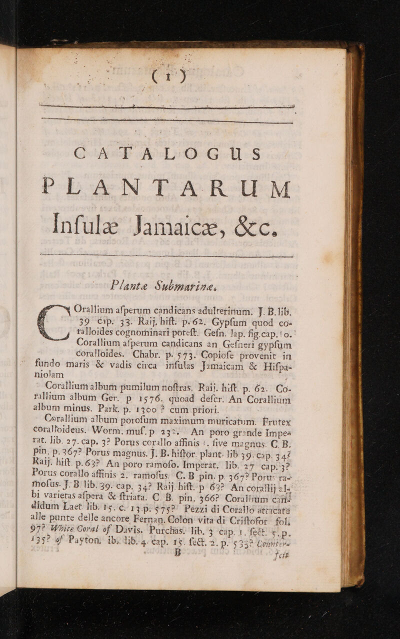 GAP ALLO 6G-U-S PIAN TA-R-U M Infule Jamaica, &amp;c. cn Plante Submarine. x Orallium afperum candicans adulterinum: ]. B.lib. ‘39. Gap. 33. Raij. hift. p62. Gypfum quod cos Corallium afperum candicans an Gefneri gypfum coralloides. Chabr. p. 573. Copiofe provenit in fundo maris &amp; vadis circa infulas Jamaicam &amp; Hifpa= niolam : Corallium album pumilum noftras. Raij. hift. p. 62. Co. rallium album Ger. p 1576. quoad defer. An Coralliim album minus. Park. p. 1300 ? cum ptiori. ira Corallium album porofum maximum muricatum. Prutex coralfoideus. Worm. muf. p. 23% An poro grende Impes rat. lib. 27. cap. 3? Porus corallo affinis !. five magnus. C. B. pin. p.367? Porus magnis. ]. B. hiftor. plant. lib 39. Cap. 34Î Raij. hift. p.63? An poro ramofo. Imperat. lib. 27 cap.:3? Porus corallo affinis 2, ramofus. C.B pin. p. 367? Poru: ra- mofus. J. B. lib. 39. cap. 34? Raij. hit. p 63? An coralli} 214 bi varietas afpera &amp; ftriata. CB. pin. 366? Corallitim cafe didum Laet lib. rs. c. 13.p.$75? Pezzi di Corallo atticate alle punte delle ancore Fernan. Colon vita di Criftofot folì 97° White Coral of Davis. Purchas: Tib, 341. TESE p, 135? ef Payton. ib, lib. 4: Cap. 15. felt, 3. p. 533? Coppiena tor | Goa